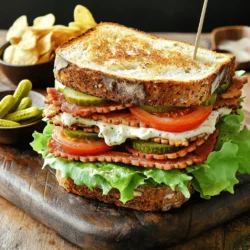 The classic BLT sandwich has simple but key ingredients. Each one plays a big role in its taste and texture. Here’s what you need: - Bacon varieties (turkey bacon or regular bacon) - Types of bread (whole grain or sourdough) - Fresh produce (lettuce, tomatoes) - Sauce components (mayonnaise, Dijon mustard) - Optional toppings (avocado, microgreens) 1. Bacon Varieties: You can choose turkey bacon for a lighter option or go for regular bacon for that classic crunch and flavor. Both types bring a unique taste that makes your sandwich delicious. 2. Types of Bread: Whole grain bread adds a nutty flavor, while sourdough gives a tangy twist. Choose what you love most. 3. Fresh Produce: Crisp lettuce and juicy tomatoes are essential. Use romaine or iceberg lettuce for crunch and vine-ripened tomatoes for the best taste. 4. Sauce Components: Mayonnaise adds creaminess, while Dijon mustard gives a slight kick. Mix them well for a tasty spread. 5. Optional Toppings: Want to get fancy? Add sliced avocado for creaminess or microgreens for a fresh bite. These extras can change the whole sandwich. For the full recipe, check out the details above. Enjoy your cooking adventure! To start, you need crispy bacon. I recommend using a skillet for the best results. Heat the skillet over medium heat. Add your bacon slices and cook for about 5-7 minutes on each side. This method gives you that perfect crunch. Once done, place the bacon on paper towels to drain excess grease. If you prefer an easier way, you can cook the bacon in the oven. Preheat your oven to 400°F (200°C). Lay the bacon on a baking sheet lined with foil. Bake for 15-20 minutes, flipping halfway. This method frees up your stovetop and gives you crispy bacon. Next, toast the bread. You can use the same skillet where you cooked the bacon. Just drain the grease if needed. Place the bread slices in the skillet and cook until golden brown, about 2-3 minutes per side. If you’d rather use a toaster, that works too! Toast the bread until it’s nice and brown. This adds a great crunch to your sandwich. Now it’s time to make the sauce. In a small bowl, mix together 2 tablespoons of mayonnaise and 1 teaspoon of Dijon mustard. Stir until smooth and well combined. You can tweak the flavor by adding a pinch of salt and pepper. If you want more zing, add a bit more mustard. This sauce brings everything together. Now, let’s build your BLT! Start with one slice of toasted bread. Spread a generous layer of your sauce on top. Next, add 2 slices of crispy lettuce. Then, place 2 slices of thick tomato on top of the lettuce. Sprinkle a little salt and pepper on the tomato for extra taste. Now, add 2 pieces of bacon. If you want, you can include slices of avocado or a handful of microgreens for added flavor and crunch. Top it off with another slice of toasted bread. Repeat this to make a second sandwich. For a nice presentation, cut each sandwich in half diagonally. This makes it easy to handle and looks great on the plate. You can serve your sandwiches on a rustic wooden board. Add a small bowl of pickles on the side and a serving of potato chips for that extra crunch. This simple touch makes your meal look delicious and inviting. Enjoy your iconic BLT Sandwich with your favorite sides! Using quality ingredients makes all the difference in a BLT. For bacon, I highly recommend crispy turkey bacon. It gives you the crunch without too much fat. If you prefer regular bacon, go for a thick cut. It adds a rich, smoky flavor. Fresh produce is key. Look for vine-ripened tomatoes; they are juicy and sweet. For lettuce, choose romaine or iceberg. Both add a nice crunch. Bread choices affect flavor and texture. I suggest whole grain or sourdough. Whole grain adds a nutty taste. Sourdough offers a tangy flavor and crispy crust. Achieving crispy bacon is an art. Cook it in a skillet over medium heat. Flip it often to ensure even cooking. It takes about 5-7 minutes per side. Drain the bacon on paper towels to remove extra grease. Toasting bread is simple yet crucial. You can use the same skillet once you cook the bacon. Toast each slice until it’s golden brown. This adds texture and keeps the sandwich from getting soggy. To boost flavor, think about adding spices or herbs. A pinch of smoked paprika can add depth. If you enjoy a bit of heat, try crushed red pepper flakes. Customizing the sauce can elevate your BLT. Mix mayonnaise with a teaspoon of Dijon mustard for a tangy kick. You can also add garlic powder for extra flavor. For a twist, consider sliced avocado or microgreens. They add creaminess and freshness to each bite. For the full recipe, visit [Full Recipe]. {{image_2}} You can make your BLT even better with a few easy changes. - Adding cheese for creaminess: Try adding slices of sharp cheddar or creamy goat cheese. The cheese melts a little, giving your sandwich a rich taste. - Switching up the greens: Instead of regular lettuce, use spinach or arugula. These greens add a peppery kick and extra nutrients. Want to shake things up? There are many fun ways to change your BLT. - Using flavored mayonnaise: Mix in chipotle for a smoky taste or garlic for a zing. These flavors will take your sandwich to a whole new level. - Exploring different bacon types: Use pork bacon for that classic taste, or try turkey bacon for a lighter option. You can even find vegetarian bacon made from plants! Eating healthy doesn’t mean giving up on flavor. - Low-calorie bread options: Choose whole grain or low-calorie bread. These options keep your sandwich tasty while cutting calories. - Using turkey bacon or veggie bacon: Both options give you the bacon flavor with less fat. They are great for anyone watching their diet. For the full recipe, check out my Classic BLT Sandwich! To keep your bacon and bread fresh, follow these tips: - Bacon: Store cooked bacon in an airtight container. It lasts about 4-5 days in the fridge. If it's uncooked, wrap it tightly and keep it in the fridge or freezer. - Bread: For leftover bread, place it in a zip-top bag. Keep it at room temperature for a few days. If you want it to last longer, freeze the bread. When it comes to mayonnaise-based mixtures, like the one in the BLT, follow these tips: - Store any leftover sauce in a sealed container. It will stay fresh in the fridge for about a week. - Always check for any off smells or changes in texture before using leftovers. If you want to prepare sandwiches in advance, here’s how: - Prepare the ingredients but don’t assemble the sandwich right away. Keep them separate for best results. - Store the bacon, lettuce, and tomatoes in separate containers. This helps maintain their freshness and flavor. - Assemble the sandwich just before eating. This keeps the bread from getting soggy. You might wonder if you can freeze sandwiches. The answer is yes, but with some rules: - You can freeze the bacon and the bread. However, avoid freezing assembled sandwiches. They may lose their texture. - If you freeze bacon, wrap it in plastic wrap and then place it in a freezer bag. This prevents freezer burn. - For bread, slice it before freezing. This makes it easier to grab what you need later. - When ready to eat, thaw the bacon in the fridge overnight and toast the bread for that perfect crunch. For a full recipe, check out the details above and enjoy your Classic BLT! You can cook bacon in a skillet or oven. The skillet gives you crispy bacon quickly. Cook it over medium heat for about 5-7 minutes. Watch it closely to avoid burning. You can also bake bacon in the oven. Preheat the oven to 400°F. Lay strips on a baking sheet and bake for about 15-20 minutes. This method is easy and keeps your kitchen clean. Yes, you can! Use meat substitutes like tempeh, tofu, or veggie bacon. For added flavor, try marinating these options. You can also add grilled vegetables, like eggplant or zucchini. They bring a nice texture and taste. Using avocado is another great choice. It adds creaminess and richness to the sandwich. To keep your bread dry, follow these tips: - Toast the bread well. This creates a barrier. - Use less mayonnaise or spread it on just one side. - Pat the tomatoes dry with a paper towel. - Layer the lettuce between the mayo and tomatoes. This helps absorb moisture. A prepared BLT lasts about 2-3 hours at room temperature. If you must store it, wrap it tightly in plastic. Keep it in the fridge for up to 1 day. Be aware that the bread may get soggy. It’s best to eat it fresh for the best flavor. Here are some great side dishes: - Potato chips for crunch. - A simple side salad for freshness. - Pickles for a tangy kick. - Sweet potato fries for something different. These options complement the BLT well and enhance your meal. For the full recipe, check out the section above. You learned how to create the perfect BLT sandwich. From selecting quality ingredients to crispy bacon and fresh bread, each step matters. You can customize flavors to suit your taste with sauces and toppings. Remember to store leftovers properly to maintain freshness. This classic sandwich is versatile, making it easy to adapt or enjoy as is. With these tips, you can make a tasty BLT that will impress anyone. Enjoy your sandwich-making journey!