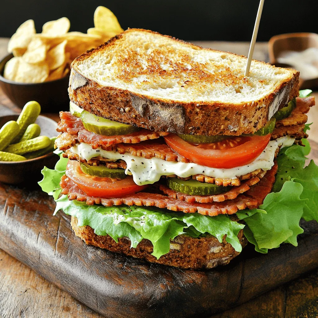 The classic BLT sandwich has simple but key ingredients. Each one plays a big role in its taste and texture. Here’s what you need: - Bacon varieties (turkey bacon or regular bacon) - Types of bread (whole grain or sourdough) - Fresh produce (lettuce, tomatoes) - Sauce components (mayonnaise, Dijon mustard) - Optional toppings (avocado, microgreens) 1. Bacon Varieties: You can choose turkey bacon for a lighter option or go for regular bacon for that classic crunch and flavor. Both types bring a unique taste that makes your sandwich delicious. 2. Types of Bread: Whole grain bread adds a nutty flavor, while sourdough gives a tangy twist. Choose what you love most. 3. Fresh Produce: Crisp lettuce and juicy tomatoes are essential. Use romaine or iceberg lettuce for crunch and vine-ripened tomatoes for the best taste. 4. Sauce Components: Mayonnaise adds creaminess, while Dijon mustard gives a slight kick. Mix them well for a tasty spread. 5. Optional Toppings: Want to get fancy? Add sliced avocado for creaminess or microgreens for a fresh bite. These extras can change the whole sandwich. For the full recipe, check out the details above. Enjoy your cooking adventure! To start, you need crispy bacon. I recommend using a skillet for the best results. Heat the skillet over medium heat. Add your bacon slices and cook for about 5-7 minutes on each side. This method gives you that perfect crunch. Once done, place the bacon on paper towels to drain excess grease. If you prefer an easier way, you can cook the bacon in the oven. Preheat your oven to 400°F (200°C). Lay the bacon on a baking sheet lined with foil. Bake for 15-20 minutes, flipping halfway. This method frees up your stovetop and gives you crispy bacon. Next, toast the bread. You can use the same skillet where you cooked the bacon. Just drain the grease if needed. Place the bread slices in the skillet and cook until golden brown, about 2-3 minutes per side. If you’d rather use a toaster, that works too! Toast the bread until it’s nice and brown. This adds a great crunch to your sandwich. Now it’s time to make the sauce. In a small bowl, mix together 2 tablespoons of mayonnaise and 1 teaspoon of Dijon mustard. Stir until smooth and well combined. You can tweak the flavor by adding a pinch of salt and pepper. If you want more zing, add a bit more mustard. This sauce brings everything together. Now, let’s build your BLT! Start with one slice of toasted bread. Spread a generous layer of your sauce on top. Next, add 2 slices of crispy lettuce. Then, place 2 slices of thick tomato on top of the lettuce. Sprinkle a little salt and pepper on the tomato for extra taste. Now, add 2 pieces of bacon. If you want, you can include slices of avocado or a handful of microgreens for added flavor and crunch. Top it off with another slice of toasted bread. Repeat this to make a second sandwich. For a nice presentation, cut each sandwich in half diagonally. This makes it easy to handle and looks great on the plate. You can serve your sandwiches on a rustic wooden board. Add a small bowl of pickles on the side and a serving of potato chips for that extra crunch. This simple touch makes your meal look delicious and inviting. Enjoy your iconic BLT Sandwich with your favorite sides! Using quality ingredients makes all the difference in a BLT. For bacon, I highly recommend crispy turkey bacon. It gives you the crunch without too much fat. If you prefer regular bacon, go for a thick cut. It adds a rich, smoky flavor. Fresh produce is key. Look for vine-ripened tomatoes; they are juicy and sweet. For lettuce, choose romaine or iceberg. Both add a nice crunch. Bread choices affect flavor and texture. I suggest whole grain or sourdough. Whole grain adds a nutty taste. Sourdough offers a tangy flavor and crispy crust. Achieving crispy bacon is an art. Cook it in a skillet over medium heat. Flip it often to ensure even cooking. It takes about 5-7 minutes per side. Drain the bacon on paper towels to remove extra grease. Toasting bread is simple yet crucial. You can use the same skillet once you cook the bacon. Toast each slice until it’s golden brown. This adds texture and keeps the sandwich from getting soggy. To boost flavor, think about adding spices or herbs. A pinch of smoked paprika can add depth. If you enjoy a bit of heat, try crushed red pepper flakes. Customizing the sauce can elevate your BLT. Mix mayonnaise with a teaspoon of Dijon mustard for a tangy kick. You can also add garlic powder for extra flavor. For a twist, consider sliced avocado or microgreens. They add creaminess and freshness to each bite. For the full recipe, visit [Full Recipe]. {{image_2}} You can make your BLT even better with a few easy changes. - Adding cheese for creaminess: Try adding slices of sharp cheddar or creamy goat cheese. The cheese melts a little, giving your sandwich a rich taste. - Switching up the greens: Instead of regular lettuce, use spinach or arugula. These greens add a peppery kick and extra nutrients. Want to shake things up? There are many fun ways to change your BLT. - Using flavored mayonnaise: Mix in chipotle for a smoky taste or garlic for a zing. These flavors will take your sandwich to a whole new level. - Exploring different bacon types: Use pork bacon for that classic taste, or try turkey bacon for a lighter option. You can even find vegetarian bacon made from plants! Eating healthy doesn’t mean giving up on flavor. - Low-calorie bread options: Choose whole grain or low-calorie bread. These options keep your sandwich tasty while cutting calories. - Using turkey bacon or veggie bacon: Both options give you the bacon flavor with less fat. They are great for anyone watching their diet. For the full recipe, check out my Classic BLT Sandwich! To keep your bacon and bread fresh, follow these tips: - Bacon: Store cooked bacon in an airtight container. It lasts about 4-5 days in the fridge. If it's uncooked, wrap it tightly and keep it in the fridge or freezer. - Bread: For leftover bread, place it in a zip-top bag. Keep it at room temperature for a few days. If you want it to last longer, freeze the bread. When it comes to mayonnaise-based mixtures, like the one in the BLT, follow these tips: - Store any leftover sauce in a sealed container. It will stay fresh in the fridge for about a week. - Always check for any off smells or changes in texture before using leftovers. If you want to prepare sandwiches in advance, here’s how: - Prepare the ingredients but don’t assemble the sandwich right away. Keep them separate for best results. - Store the bacon, lettuce, and tomatoes in separate containers. This helps maintain their freshness and flavor. - Assemble the sandwich just before eating. This keeps the bread from getting soggy. You might wonder if you can freeze sandwiches. The answer is yes, but with some rules: - You can freeze the bacon and the bread. However, avoid freezing assembled sandwiches. They may lose their texture. - If you freeze bacon, wrap it in plastic wrap and then place it in a freezer bag. This prevents freezer burn. - For bread, slice it before freezing. This makes it easier to grab what you need later. - When ready to eat, thaw the bacon in the fridge overnight and toast the bread for that perfect crunch. For a full recipe, check out the details above and enjoy your Classic BLT! You can cook bacon in a skillet or oven. The skillet gives you crispy bacon quickly. Cook it over medium heat for about 5-7 minutes. Watch it closely to avoid burning. You can also bake bacon in the oven. Preheat the oven to 400°F. Lay strips on a baking sheet and bake for about 15-20 minutes. This method is easy and keeps your kitchen clean. Yes, you can! Use meat substitutes like tempeh, tofu, or veggie bacon. For added flavor, try marinating these options. You can also add grilled vegetables, like eggplant or zucchini. They bring a nice texture and taste. Using avocado is another great choice. It adds creaminess and richness to the sandwich. To keep your bread dry, follow these tips: - Toast the bread well. This creates a barrier. - Use less mayonnaise or spread it on just one side. - Pat the tomatoes dry with a paper towel. - Layer the lettuce between the mayo and tomatoes. This helps absorb moisture. A prepared BLT lasts about 2-3 hours at room temperature. If you must store it, wrap it tightly in plastic. Keep it in the fridge for up to 1 day. Be aware that the bread may get soggy. It’s best to eat it fresh for the best flavor. Here are some great side dishes: - Potato chips for crunch. - A simple side salad for freshness. - Pickles for a tangy kick. - Sweet potato fries for something different. These options complement the BLT well and enhance your meal. For the full recipe, check out the section above. You learned how to create the perfect BLT sandwich. From selecting quality ingredients to crispy bacon and fresh bread, each step matters. You can customize flavors to suit your taste with sauces and toppings. Remember to store leftovers properly to maintain freshness. This classic sandwich is versatile, making it easy to adapt or enjoy as is. With these tips, you can make a tasty BLT that will impress anyone. Enjoy your sandwich-making journey!