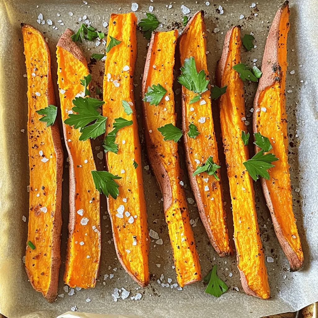 To make baked sweet potato fries, you need a few simple items. Here is what you will need: - 2 large sweet potatoes - 2 tablespoons olive oil - 1 teaspoon garlic powder - 1 teaspoon smoked paprika - ½ teaspoon cayenne pepper (optional for heat) - 1 teaspoon sea salt - ½ teaspoon black pepper These ingredients create a tasty base for your fries. The sweet potatoes are the star of the show. They add natural sweetness and a beautiful color. You can customize your fries with extra flavors. Here are some ideas: - Fresh parsley for garnish - A squeeze of lemon juice - A sprinkle of Parmesan cheese - Chili powder for more heat These optional seasonings can elevate your dish. You can mix and match to find your favorite taste. Sweet potatoes are not just delicious; they are also very healthy. Here are some great benefits: - They are rich in vitamins A and C. - They contain fiber, which helps digestion. - They have antioxidants that support overall health. Adding sweet potatoes to your diet gives you flavor and nutrition. They make a great choice for a healthy snack or side dish. For the full recipe, check out the details above. Start by washing the sweet potatoes well. Peeling them makes the fries smooth. Then, cut them into thin strips, about 1/4 inch thick. Uniform slices help them cook evenly. A sharp knife works best for this task. If you have a mandoline slicer, it can save time. In a large bowl, combine the sweet potato fries with olive oil. This helps the spices stick. Next, add garlic powder, smoked paprika, cayenne pepper, sea salt, and black pepper. Toss everything well to coat the fries evenly. This blend of spices gives the fries their yummy flavor. Preheat your oven to 425°F (220°C). Line a baking sheet with parchment paper for easy cleanup. Spread the fries out in a single layer on the sheet. Make sure they are not touching each other. Bake them for 20-25 minutes. Flip them halfway through for even crispiness. When done, they should look golden and crispy. Let them cool for a few minutes and enjoy your delicious fries! For the full recipe, check out the previous section. To get your sweet potato fries crispy, start by cutting them thin. Aim for 1/4 inch thick. This size helps them cook evenly. Toss them well in olive oil. Make sure every fry gets a coat. Spread them out on the baking sheet. Leave space between fries for air to flow. Flip them halfway through baking. This step ensures they crisp up on all sides. One big mistake is not drying the sweet potatoes. After washing, dry them with a towel. Excess moisture makes fries soggy. Another mistake is overcrowding the baking sheet. If fries touch, they will steam instead of bake. Lastly, don’t skip the seasoning. It adds flavor. Use garlic powder and smoked paprika to boost taste. For this recipe, use a sharp knife for cutting. A large bowl helps mix the fries and oil. A baking sheet lined with parchment paper makes cleanup easy. If you have an air fryer, that works well too. It can make the fries even crispier. A spatula is great for flipping fries halfway through baking. For the complete process, check out the Full Recipe. {{image_2}} To make spicy baked sweet potato fries, add more cayenne pepper. You can also use chili powder or crushed red pepper flakes for extra heat. Mix these with the olive oil and seasonings before tossing the fries. This gives them a nice kick that pairs well with creamy dips. If you like spice, try adding a pinch of cayenne to the mix for an extra flavor boost. For a sweet and savory twist, add cinnamon or nutmeg to the fries. You can mix these spices with a bit of brown sugar. This combo works well with the natural sweetness of the potatoes. Try serving these fries with a honey or maple syrup dip for a fun treat. The mix of sweet and savory will make your taste buds dance! You can easily make these fries in an air fryer. Just follow the same steps for cutting and seasoning the fries. Place them in the air fryer basket in a single layer. Set the air fryer to 400°F (200°C) and cook for about 15-20 minutes. Remember to shake the basket halfway through for even cooking. Air fryer fries are quick and come out crispy. This method saves time and oil while keeping the flavor intact. For the full recipe, check the original instructions to get all the details! To store baked sweet potato fries, let them cool first. Place them in an airtight container. Store them in the fridge if you plan to eat them within a few days. They taste best when fresh, but you can keep them for up to three days. When reheating your fries, use the oven or air fryer. Preheat your oven to 400°F (200°C). Spread the fries on a baking sheet. Bake for about 10 minutes. This helps them get crispy again. You can also use an air fryer, setting it to 350°F (175°C) for about 5-7 minutes. You can freeze sweet potato fries for later. After baking, let them cool completely. Place them in a single layer on a baking sheet. Freeze for about one hour until firm. Then, transfer them to a freezer-safe bag. They can last for up to three months. When ready to eat, bake them straight from the freezer. This method keeps them fresh and tasty for your next meal. For the full recipe, check out the details above. Yes, you can use regular potatoes or Yukon Golds. Each type gives a different taste and texture. Sweet potatoes are sweeter and have more fiber. Other potatoes may lack that sweetness but still taste great. Just keep in mind that the cooking time may vary slightly with different potatoes. Always cut them into similar sizes for even cooking. You will know the fries are done when they turn golden brown and crispy. Use a fork to check their tenderness. If they are soft inside but crispy outside, they are ready. Remember to flip them halfway through baking for even crispiness. Keep an eye on them in the last few minutes to avoid burning. Baked sweet potato fries taste great with many dips. Here are some popular choices: - Ketchup - Honey mustard - Garlic aioli - Chipotle mayo - Ranch dressing Feel free to mix and match! You can also try a spicy sauce for an extra kick. Enjoy your fries with your favorite dip for a fun twist! For the full recipe, check the details above. You’ve learned about the key ingredients and steps for making baked sweet potato fries. We covered their health benefits and shared useful tips for crispiness. Variations like spicy and sweet flavor mixes add fun twists. Lastly, you know how to store and reheat leftovers. Enjoy making these tasty fries! They’re a healthy snack or side dish that everyone will love. Happy cooking!