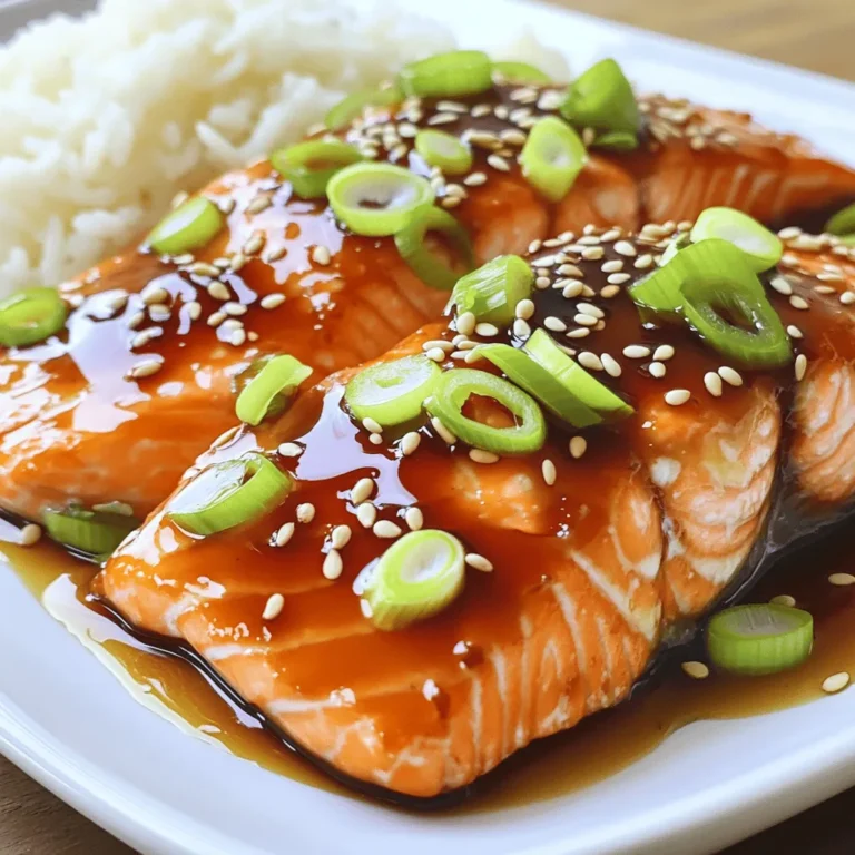 - 4 salmon fillets (6 oz each) - 1/2 cup soy sauce (low sodium) - 1/4 cup honey - 2 tablespoons rice vinegar - 2 tablespoons sesame oil - 2 garlic cloves, minced - 1 teaspoon fresh ginger, grated - 1 tablespoon cornstarch (optional, for a thicker glaze) - 2 green onions, sliced (for garnish) - Sesame seeds (for garnish) To make easy teriyaki salmon, start with fresh salmon fillets. I use four fillets, each about six ounces. Using low-sodium soy sauce keeps the dish healthy and flavorful. Honey adds a nice sweetness that balances the saltiness of the soy. Next, I like to add rice vinegar for a little tang. Sesame oil brings in a warm, nutty flavor. Don't forget minced garlic and grated ginger. They add depth and make the dish aromatic. If you want a thicker sauce, cornstarch is your friend. Just mix it with water before adding it to the sauce. For garnish, I suggest green onions and sesame seeds. They not only look pretty but also add extra flavor. This simple list of ingredients makes for a quick and tasty dinner. Check out the Full Recipe for detailed steps! - Marinate the salmon Start by making the marinade. In a bowl, mix together 1/2 cup soy sauce, 1/4 cup honey, 2 tablespoons rice vinegar, 2 tablespoons sesame oil, 2 minced garlic cloves, and 1 teaspoon grated ginger. This mix will create a sweet and savory sauce. Place the salmon fillets in a shallow dish and pour half of the sauce over them. Let them marinate for at least 15 minutes, or up to 1 hour in the fridge for a stronger flavor. - Preheat oven or grill While the salmon marinates, preheat your oven to 375°F (190°C). If you prefer grilling, prepare your grill for medium-high heat. A hot cooking surface helps the salmon cook evenly. - Bake or grill time Remove the salmon from the marinade, keeping the sauce for later. Place the fillets on a lined baking sheet or grill. If baking, cook for 15-20 minutes. For grilling, cook for 6-8 minutes on each side. The salmon is done when it flakes easily with a fork. - Check for doneness Use a fork to check if the salmon flakes easily. This means it’s ready. If it's still hard, give it a few more minutes. You want it tender and fully cooked. - Thickening the sauce While the salmon cooks, take the reserved marinade and pour it into a small saucepan. Bring it to a boil, then reduce the heat and simmer for about 5 minutes. This will thicken the sauce and enhance the flavors. - Garnishing the dish Once the salmon is cooked, drizzle the thickened sauce over each fillet. For a pop of color and taste, garnish with sliced green onions and sesame seeds. This adds a nice crunch and makes your dish look great. For a full recipe, check out the Easy Teriyaki Salmon section. Enjoy your delicious meal! Marinating salmon is key. The right time helps the fish soak up all the flavors. I suggest marinating for at least 15 minutes. If you want a stronger taste, try an hour in the fridge. The sauce can change too. For a twist, add pineapple juice or a touch of sriracha for heat. Each choice brings out new flavors. You can cook the salmon in the oven or on the grill. Both methods work great! If you want a crispy edge, grilling is your best bet. For the oven, use a broiler for the last few minutes. This adds a nice char. Always check the thickness of your fillets. This affects cooking time. Salmon is done when it flakes easily with a fork. Pair the salmon with rice or steamed veggies. They balance the rich flavors well. For a beautiful plate, stack the salmon on a bed of rice and drizzle the thickened sauce over it. Don’t forget to sprinkle sesame seeds and sliced green onions on top. This adds color and crunch. For more ideas, check out the Full Recipe for more serving tips. {{image_2}} If you want to mix things up, try different sweeteners. Instead of honey, use maple syrup or agave nectar. These can give a unique taste while still tasting sweet. You can also switch out the salmon. Use tuna or even tilapia. Each fish has its own flavor and texture. This keeps the dish fresh and fun. To boost the taste, add spices. A sprinkle of black pepper or red pepper flakes can add a nice kick. You can also try citrus. Squeeze some orange or lime juice into the sauce. This gives a bright and zesty flavor that contrasts well with the sweetness. For cooking, I recommend a good baking sheet or a grill pan. These tools help the salmon cook evenly. If you want a crispy finish, use a broiler. Place the salmon under the broiler for a few minutes at the end. This step adds a nice char and enhances the flavor. Just keep an eye on it, so it doesn't burn. For the full recipe, check out the Easy Teriyaki Salmon details. Store leftover teriyaki salmon in an airtight container. This keeps it fresh. It can last in the fridge for up to three days. Make sure to cool it down before sealing. If you want to enjoy it later, refrigerate it right after dinner. To freeze teriyaki salmon, wrap each fillet tightly in plastic wrap. Place the wrapped salmon in a freezer bag or an airtight container. This helps prevent freezer burn. You can freeze it for up to three months. When you're ready to eat, thaw it in the fridge overnight. This keeps the texture nice. When reheating, use a low heat setting. The oven works best for this. Place the salmon on a baking sheet and cover it with foil. Heat it for about 10-15 minutes. This helps keep it moist. You can also reheat it in the microwave. Use a microwave-safe dish and cover it with a damp paper towel. This prevents dryness. Enjoy your meal just like when it was fresh! I recommend marinating the salmon for at least 15 minutes. For a stronger flavor, let it sit for up to one hour in the fridge. This time allows the salmon to soak up the tasty teriyaki sauce. The longer you marinate, the more flavor the fish will have. Yes, you can use frozen salmon! Just be sure to thaw it first. Place the frozen salmon in the fridge overnight or use the quick-thaw method. To do this, seal the salmon in a bag and submerge it in cold water. This method takes about an hour. Once thawed, follow the marinating steps as usual. Teriyaki salmon goes well with many sides. Some popular choices are: - Steamed rice - Stir-fried vegetables - Roasted broccoli - Cucumber salad These sides balance the rich flavors of the salmon and create a complete meal. Yes, you can make a soy-free teriyaki glaze! Use coconut aminos as a substitute for soy sauce. It adds a similar flavor with less salt. You can also mix in some apple cider vinegar for tang. This way, you can enjoy teriyaki flavor without soy. This blog post covered how to make delicious teriyaki salmon. We looked at the main and optional ingredients, marinating, cooking steps, and ways to perfect the dish. You learned tips for storage and reheating, plus answers to common questions. Remember, teriyaki salmon is flexible and full of flavor. Enjoy experimenting with ingredients and techniques. Cooking should be fun, and this recipe is a great way to try new things. Happy cooking!
