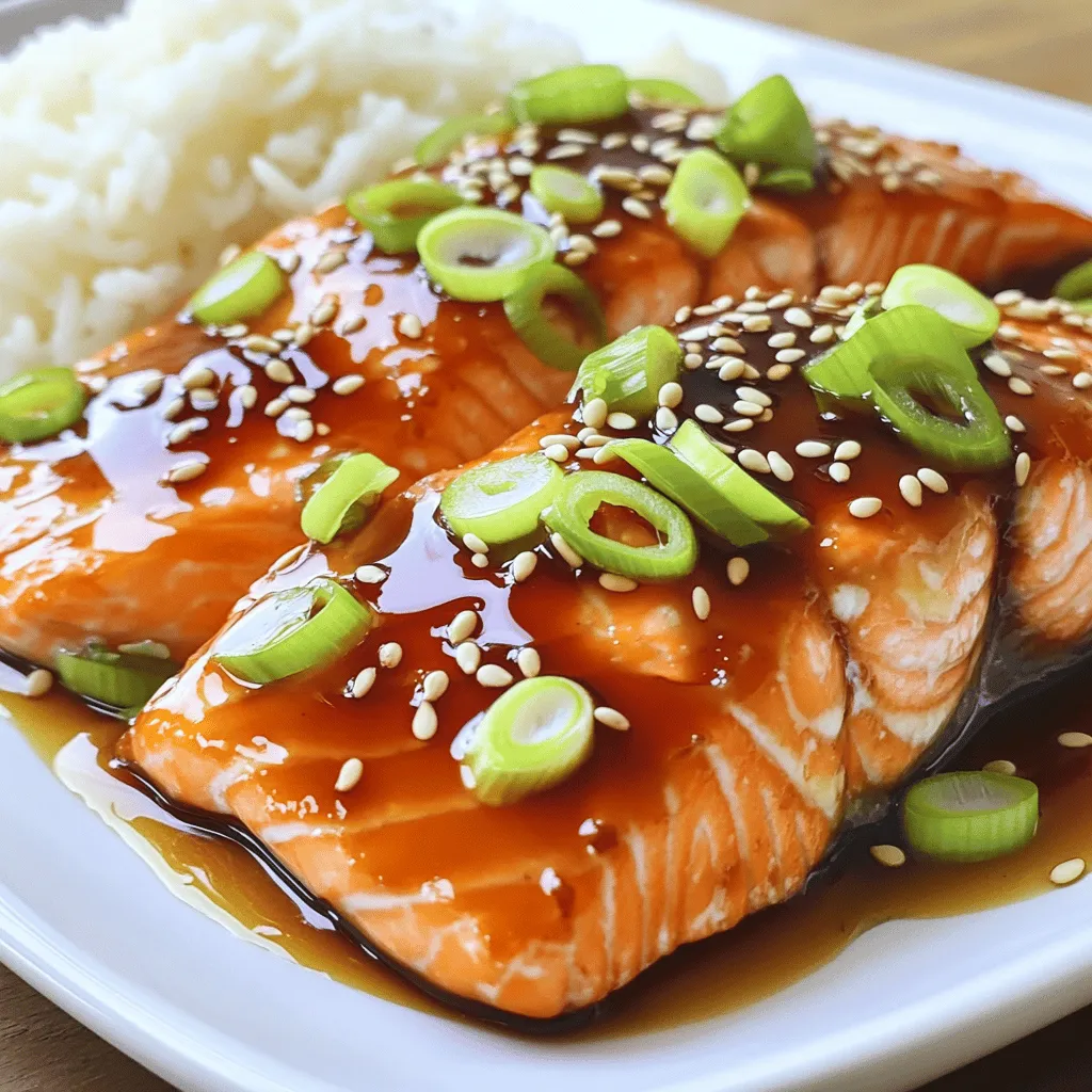 - 4 salmon fillets (6 oz each) - 1/2 cup soy sauce (low sodium) - 1/4 cup honey - 2 tablespoons rice vinegar - 2 tablespoons sesame oil - 2 garlic cloves, minced - 1 teaspoon fresh ginger, grated - 1 tablespoon cornstarch (optional, for a thicker glaze) - 2 green onions, sliced (for garnish) - Sesame seeds (for garnish) To make easy teriyaki salmon, start with fresh salmon fillets. I use four fillets, each about six ounces. Using low-sodium soy sauce keeps the dish healthy and flavorful. Honey adds a nice sweetness that balances the saltiness of the soy. Next, I like to add rice vinegar for a little tang. Sesame oil brings in a warm, nutty flavor. Don't forget minced garlic and grated ginger. They add depth and make the dish aromatic. If you want a thicker sauce, cornstarch is your friend. Just mix it with water before adding it to the sauce. For garnish, I suggest green onions and sesame seeds. They not only look pretty but also add extra flavor. This simple list of ingredients makes for a quick and tasty dinner. Check out the Full Recipe for detailed steps! - Marinate the salmon Start by making the marinade. In a bowl, mix together 1/2 cup soy sauce, 1/4 cup honey, 2 tablespoons rice vinegar, 2 tablespoons sesame oil, 2 minced garlic cloves, and 1 teaspoon grated ginger. This mix will create a sweet and savory sauce. Place the salmon fillets in a shallow dish and pour half of the sauce over them. Let them marinate for at least 15 minutes, or up to 1 hour in the fridge for a stronger flavor. - Preheat oven or grill While the salmon marinates, preheat your oven to 375°F (190°C). If you prefer grilling, prepare your grill for medium-high heat. A hot cooking surface helps the salmon cook evenly. - Bake or grill time Remove the salmon from the marinade, keeping the sauce for later. Place the fillets on a lined baking sheet or grill. If baking, cook for 15-20 minutes. For grilling, cook for 6-8 minutes on each side. The salmon is done when it flakes easily with a fork. - Check for doneness Use a fork to check if the salmon flakes easily. This means it’s ready. If it's still hard, give it a few more minutes. You want it tender and fully cooked. - Thickening the sauce While the salmon cooks, take the reserved marinade and pour it into a small saucepan. Bring it to a boil, then reduce the heat and simmer for about 5 minutes. This will thicken the sauce and enhance the flavors. - Garnishing the dish Once the salmon is cooked, drizzle the thickened sauce over each fillet. For a pop of color and taste, garnish with sliced green onions and sesame seeds. This adds a nice crunch and makes your dish look great. For a full recipe, check out the Easy Teriyaki Salmon section. Enjoy your delicious meal! Marinating salmon is key. The right time helps the fish soak up all the flavors. I suggest marinating for at least 15 minutes. If you want a stronger taste, try an hour in the fridge. The sauce can change too. For a twist, add pineapple juice or a touch of sriracha for heat. Each choice brings out new flavors. You can cook the salmon in the oven or on the grill. Both methods work great! If you want a crispy edge, grilling is your best bet. For the oven, use a broiler for the last few minutes. This adds a nice char. Always check the thickness of your fillets. This affects cooking time. Salmon is done when it flakes easily with a fork. Pair the salmon with rice or steamed veggies. They balance the rich flavors well. For a beautiful plate, stack the salmon on a bed of rice and drizzle the thickened sauce over it. Don’t forget to sprinkle sesame seeds and sliced green onions on top. This adds color and crunch. For more ideas, check out the Full Recipe for more serving tips. {{image_2}} If you want to mix things up, try different sweeteners. Instead of honey, use maple syrup or agave nectar. These can give a unique taste while still tasting sweet. You can also switch out the salmon. Use tuna or even tilapia. Each fish has its own flavor and texture. This keeps the dish fresh and fun. To boost the taste, add spices. A sprinkle of black pepper or red pepper flakes can add a nice kick. You can also try citrus. Squeeze some orange or lime juice into the sauce. This gives a bright and zesty flavor that contrasts well with the sweetness. For cooking, I recommend a good baking sheet or a grill pan. These tools help the salmon cook evenly. If you want a crispy finish, use a broiler. Place the salmon under the broiler for a few minutes at the end. This step adds a nice char and enhances the flavor. Just keep an eye on it, so it doesn't burn. For the full recipe, check out the Easy Teriyaki Salmon details. Store leftover teriyaki salmon in an airtight container. This keeps it fresh. It can last in the fridge for up to three days. Make sure to cool it down before sealing. If you want to enjoy it later, refrigerate it right after dinner. To freeze teriyaki salmon, wrap each fillet tightly in plastic wrap. Place the wrapped salmon in a freezer bag or an airtight container. This helps prevent freezer burn. You can freeze it for up to three months. When you're ready to eat, thaw it in the fridge overnight. This keeps the texture nice. When reheating, use a low heat setting. The oven works best for this. Place the salmon on a baking sheet and cover it with foil. Heat it for about 10-15 minutes. This helps keep it moist. You can also reheat it in the microwave. Use a microwave-safe dish and cover it with a damp paper towel. This prevents dryness. Enjoy your meal just like when it was fresh! I recommend marinating the salmon for at least 15 minutes. For a stronger flavor, let it sit for up to one hour in the fridge. This time allows the salmon to soak up the tasty teriyaki sauce. The longer you marinate, the more flavor the fish will have. Yes, you can use frozen salmon! Just be sure to thaw it first. Place the frozen salmon in the fridge overnight or use the quick-thaw method. To do this, seal the salmon in a bag and submerge it in cold water. This method takes about an hour. Once thawed, follow the marinating steps as usual. Teriyaki salmon goes well with many sides. Some popular choices are: - Steamed rice - Stir-fried vegetables - Roasted broccoli - Cucumber salad These sides balance the rich flavors of the salmon and create a complete meal. Yes, you can make a soy-free teriyaki glaze! Use coconut aminos as a substitute for soy sauce. It adds a similar flavor with less salt. You can also mix in some apple cider vinegar for tang. This way, you can enjoy teriyaki flavor without soy. This blog post covered how to make delicious teriyaki salmon. We looked at the main and optional ingredients, marinating, cooking steps, and ways to perfect the dish. You learned tips for storage and reheating, plus answers to common questions. Remember, teriyaki salmon is flexible and full of flavor. Enjoy experimenting with ingredients and techniques. Cooking should be fun, and this recipe is a great way to try new things. Happy cooking!