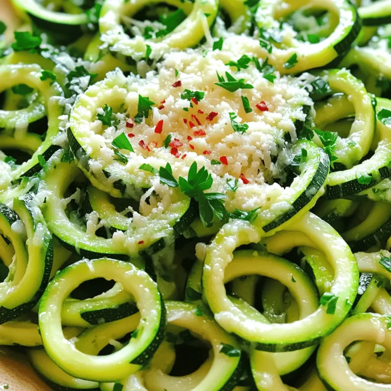 - 4 medium zucchini, spiralized into noodles - 3 tablespoons olive oil - 4 cloves garlic, minced - 1/2 teaspoon red pepper flakes (optional) - 1/2 cup grated Parmesan cheese - Salt and pepper to taste - 2 tablespoons fresh parsley, chopped (for garnish) Garlic Parmesan Zoodles are simple yet full of flavor. Let’s talk about the ingredients. First, we use four medium zucchinis. Zucchini is low in calories and great for making zoodles. Spiralizing them creates fun noodles. You can use a spiralizer to make this easy. Next, we have three tablespoons of olive oil. This oil gives a rich taste and helps cook the garlic. Speaking of garlic, we need four cloves, minced. Garlic adds a strong flavor. It makes the dish smell amazing too. If you like a little heat, add half a teaspoon of red pepper flakes. This step is optional, but it gives your zoodles a nice kick. Don’t forget the star of the show: half a cup of grated Parmesan cheese. This cheese melts well and coats the zoodles beautifully. Finally, we season with salt and pepper to taste. For a bright finish, we add two tablespoons of fresh parsley, chopped. This adds color and freshness to each serving. For the full recipe, check out the details above. With these ingredients, you will make a dish that is simple and tasty! To start, you need to spiralize the zucchini. Take four medium zucchinis and use a spiralizer to make them into noodles, or zoodles. This fun tool turns veggies into pasta shapes. Set your zoodles aside in a bowl. They will be the base of this dish. Next, grab a large skillet and heat three tablespoons of olive oil over medium heat. Once the oil is warm, add four minced garlic cloves. Cook them for one to two minutes. Watch closely so the garlic does not burn. If you like a bit of heat, add a half teaspoon of red pepper flakes and stir for another minute. Now, it’s time to add your zoodles. Toss them in the skillet, mixing them with the garlic oil. Sauté for three to four minutes. You want them to soften slightly but still stay crunchy. Remove the skillet from the heat. Now, it’s time for the star of the show: half a cup of grated Parmesan cheese. Sprinkle it over the zoodles and toss well. The heat will help the cheese melt and coat the zoodles nicely. Season with salt and pepper to taste. Serve your Garlic Parmesan Zoodles hot, garnished with two tablespoons of fresh chopped parsley. This adds a lovely color and fresh taste. Enjoy your meal! For the full recipe, check the details above. To make zoodles, you need a spiralizer. A good spiralizer creates even noodles. Start with firm zucchini for the best texture. Cut off the ends of each zucchini. Place it in the spiralizer and twist. This motion creates long, thin strands. Aim for noodles about the size of spaghetti. If you don’t have a spiralizer, you can use a vegetable peeler. Just peel strips along the zucchini length. Cook zoodles quickly to keep them from getting soggy. Heat your skillet over medium heat before adding oil. Olive oil adds a nice flavor. Add minced garlic first for a fragrant base. Sauté it for just 1-2 minutes. Then, add the zoodles and toss them gently. Cook until they are tender but still have a bite. This usually takes about 3-4 minutes. Remember, zoodles cook fast, so don't walk away! To melt cheese well, remove the skillet from heat first. Grate the Parmesan cheese right into the hot zoodles. Toss them quickly so the cheese coats every strand. The heat from the zoodles will melt the cheese perfectly. If you notice the cheese clumping, just keep tossing. A little patience goes a long way. Enjoy that cheesy goodness! For the full recipe, check out the detailed instructions above. {{image_2}} You can make Garlic Parmesan Zoodles even better by adding protein. Chicken and shrimp work great. For chicken, use cooked, diced pieces. Just toss them in with the zoodles. For shrimp, sauté them in the garlic oil until they turn pink. This adds flavor and makes the meal more filling. If you want a veggie boost, add spinach or mushrooms. Spinach wilts nicely and adds color. Just stir it in during the last minute of cooking. Mushrooms bring a nice earthy taste. Slice them and sauté them with garlic before adding the zoodles. Both options keep the dish fresh and healthy. You can switch up the sauce to keep things fun. Try pesto for a fresh twist. It pairs well with the zucchini. You can also use a creamy Alfredo sauce for a rich flavor. Just remember, each sauce changes the taste, so choose what you love. This keeps your meals exciting and full of variety. Check out the Full Recipe for more ideas. You can store leftover zoodles in a sealed container. Make sure they are cool before you cover them. Keep them in the fridge. This will help them stay fresh for up to three days. If you have extra sauce, store it separately. This keeps the zoodles from becoming too soggy. To reheat your zoodles, use a skillet. Heat it on medium-low. Add a splash of olive oil to help them warm up. Toss the zoodles gently for about two to three minutes. This helps them heat evenly. If they seem dry, you can add a bit more olive oil. Avoid using the microwave, as it can make the zoodles mushy. You can freeze zoodles if you have too many. First, blanch them in boiling water for one minute. This step keeps their bright color and texture. After blanching, cool them quickly in ice water. Drain and pat them dry. Place in freezer bags, removing as much air as you can. They will last for about three months. When ready to use, just thaw in the fridge before cooking. Enjoy your Garlic Parmesan Zoodles anytime with this easy method! For the complete recipe, you can refer to the Full Recipe section above. Zoodles are zucchini noodles created by spiralizing zucchini. They are a great low-carb option. Zoodles have a fresh, mild taste that pairs well with many sauces. Unlike pasta, zoodles cook quickly and offer fewer calories. They have a crunchy texture, which makes them fun to eat. Yes, you can prep Garlic Parmesan Zoodles ahead of time. Spiralize the zucchini and store it in an airtight container. Keep it in the fridge for up to two days. Cook the zoodles just before you plan to eat. This keeps them fresh and tasty. The cooking time is quick, making it easy to enjoy a fast meal. If you need a substitute for Parmesan cheese, try nutritional yeast. It has a cheesy flavor and is dairy-free. Grated pecorino or Romano cheese also works well. For a vegan option, use cashew cheese or a store-bought vegan cheese. Each choice adds a unique taste to the dish, so feel free to experiment. You can find the full recipe for Garlic Parmesan Zoodles in the main article. In this blog post, we explored how to make Garlic Parmesan Zoodles. We discussed ingredients, steps, and tips for perfecting your dish. You learned how to add proteins or go vegetarian. We also shared storage tips for leftovers. In closing, zoodles are a tasty and healthy alternative to pasta. Experiment with flavors and toppings to make it your own. Enjoy your cooking!