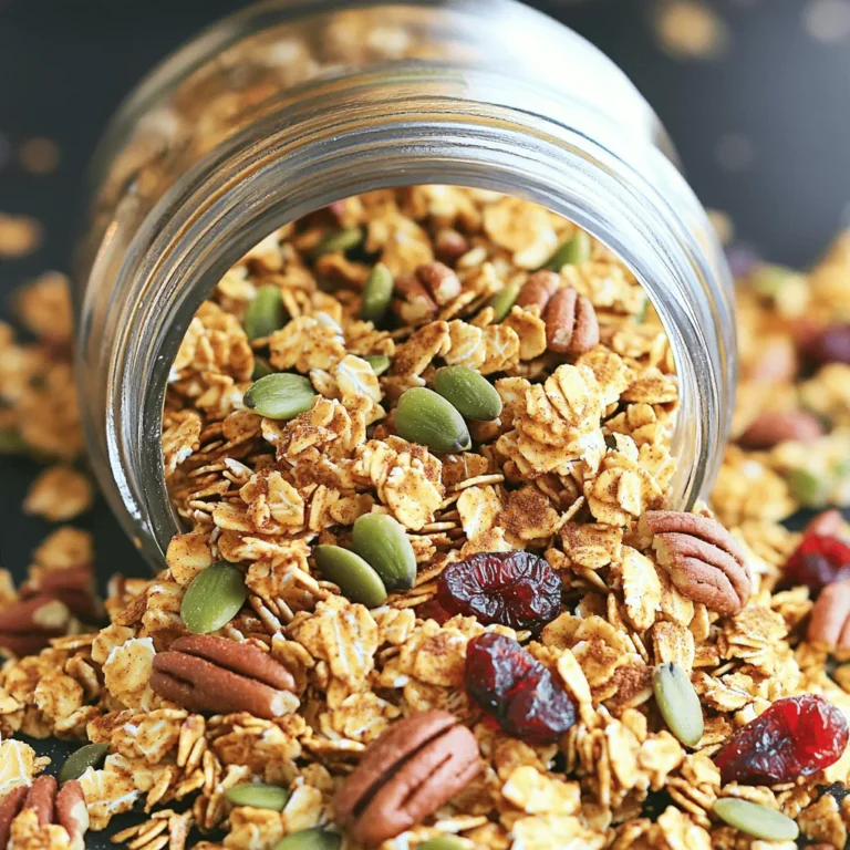 - 2 cups rolled oats - 1 cup raw pecans, chopped - 1 cup raw pumpkin seeds - 1/2 cup honey or maple syrup - 1/4 cup coconut oil, melted - 1 teaspoon vanilla extract - 1 tablespoon pumpkin pie spice - 1/2 teaspoon sea salt - 1/2 cup dried cranberries or raisins (optional) When I make pumpkin spice granola, I focus on quality ingredients. Rolled oats are the base. They give the granola its chewy texture. Next, I add pecans and pumpkin seeds for crunch and healthy fats. Honey or maple syrup acts as a sweetener. It also helps bind the granola together. Coconut oil adds a rich flavor. It helps the granola crisp up nicely. Vanilla extract enhances the taste. Pumpkin pie spice adds that warm autumn flavor we all love. Finally, a pinch of sea salt balances the sweetness. If you want, toss in dried cranberries or raisins for a fruity touch. - Choosing high-quality oats - Importance of fresh spices - Organic vs. conventional options When picking oats, look for rolled oats. They cook evenly and give the best texture. Check the date on the package for freshness. Fresh spices boost flavor. They help your granola taste its best. I prefer organic ingredients when possible. Organic options often have better flavor and fewer chemicals. If you can’t find organic, conventional ingredients work well too. Just make sure they are fresh. Good ingredients make a big difference in your granola. For the full recipe, check out the details above. 1. Preheat your oven to 350°F (175°C). This heat helps make the granola crispy. 2. Line a large baking sheet with parchment paper. This makes cleanup easy. 3. Gather your mixing bowls and utensils. You’ll need one large bowl for mixing. 1. In a large bowl, mix the rolled oats, chopped pecans, and pumpkin seeds. This is your dry mix. 2. In another bowl, whisk together the honey or maple syrup, melted coconut oil, vanilla extract, pumpkin pie spice, and sea salt. This is your wet mix. 3. Pour the wet mixture over the dry ingredients. Stir well to coat everything evenly. This step is key for the best texture. 1. Spread the granola mixture onto the prepared baking sheet. Keep it in an even layer. 2. Bake in the preheated oven for about 20-25 minutes. Stir halfway through to ensure even baking. 3. Look for a golden brown color and a fragrant smell. This means it’s done! After baking, let it cool on the sheet. Once cool, you can stir in dried cranberries or raisins if you like. You can find the full recipe for more details on how to enjoy this snack. To keep your granola fresh, store it in an airtight container. This will block out moisture and keep it crunchy. Place your granola in a cool, dark spot, like a pantry. It can last for up to two weeks. To avoid clumping, stir the mixture well before baking. This helps the oats and nuts stay separate. When baking, spread the granola in an even layer on the sheet. This promotes even cooking and prevents it from sticking together. Serve your granola in a mason jar or a clear bowl. This shows off its beautiful colors and textures. Pair it with yogurt or milk for a tasty treat. You can also top it with extra pumpkin seeds or a sprinkle of cinnamon for added flavor. To get creative, layer the granola with fruit in a parfait. This adds color and makes it look fancy. You can also use it as a topping for desserts, like ice cream or cheesecake. Be careful not to overbake your granola. It can go from golden to burnt quickly. Keep an eye on it and stir halfway through baking. The right time is about 20-25 minutes. Make sure you use the right ingredient ratios. Too much sweetener can make it sticky. If you use less oil, your granola might turn out dry. Always follow the Full Recipe for best results. {{image_2}} You can make pumpkin spice granola work for your diet. For a gluten-free option, use certified gluten-free oats. This keeps the flavor while being safe for those with gluten issues. If you need nut-free alternatives, swap pecans with sunflower seeds. This change still gives a nice crunch. Feel free to get creative with flavors! You can add extra spices like cinnamon or nutmeg. These spices enhance the autumn vibe. Mixing in seeds like chia or flax can add more nutrition. If you want more crunch, try adding almonds or walnuts. Granola can fit any season! In summer, use dried mango or coconut for a tropical twist. For the holidays, add spices like cardamom and dried fruits like apricots. This makes your granola festive and fun. Each season brings new tastes to explore with your pumpkin spice granola. For the full recipe, check the earlier section. To keep your pumpkin spice granola fresh, use airtight containers. These containers stop air and moisture from getting in. I recommend clear glass jars or plastic bins. Place your granola in a cool, dry spot away from heat. This keeps the flavors strong and the texture crisp. Properly stored granola can last for about two weeks. After that, it may lose flavor and texture. Signs of spoilage include a stale smell or a soft texture. If you see any mold, throw it out right away. Freshness matters for taste. If your granola loses its crispiness, you can easily refresh it. Spread it on a baking sheet and warm it in the oven for about 5 to 10 minutes at 300°F (150°C). This helps to bring back the crunch. For bulk storage, keep your granola in smaller containers. This way, you open only what you need. It helps maintain its texture and flavor. For the full recipe and more tips, check out the Full Recipe. You can enjoy pumpkin spice granola in many fun ways. Here are some ideas: - With yogurt: Layer the granola with your favorite yogurt for a tasty parfait. - In milk: Pour it into a bowl and add milk like traditional cereal. - As a topping: Sprinkle it over oatmeal or smoothie bowls for added crunch. - On its own: Enjoy it straight from the jar as a quick snack. These options make it easy to savor every bite of this delicious granola. Yes, you can make this granola vegan! Just swap out honey for maple syrup. Maple syrup provides the sweetness you need. It also keeps the texture just right. You can also use a plant-based milk for serving. Almond milk or oat milk works great! To make fewer servings, you can scale down the ingredients. For example, if you want to make three servings, use half of each ingredient. Here’s a quick guide: - Rolled oats: 1 cup - Pecans: 1/2 cup - Pumpkin seeds: 1/2 cup - Maple syrup: 1/4 cup - Coconut oil: 2 tablespoons - Vanilla extract: 1/2 teaspoon - Pumpkin pie spice: 1/2 tablespoon - Sea salt: 1/4 teaspoon - Dried fruit: 1/4 cup (optional) This way, you can enjoy pumpkin spice granola without waste. Homemade granola is often healthier than store-bought. You control what goes into it. Store-bought granola can have added sugars and preservatives. Here are some benefits of making your own: - Fewer additives: You know every ingredient you use. - Customizable: You can add your favorite nuts or seeds. - Freshness: Homemade granola tastes fresher and more flavorful. Making your own allows you to enjoy a healthier snack! To keep your granola fresh, store it in an airtight container. A glass jar works well. Make sure it is completely cool before sealing. Avoid moisture, as it can cause sogginess. Here are some tips: - Cool completely first: This prevents steam from making it soft. - Keep in a cool, dark place: A pantry or cupboard is best. - Use within two weeks: For best taste and texture, eat it within this time. Following these steps helps maintain its crunchiness! This blog post covered the essential ingredients, tips, and techniques to make great granola. It discussed choosing quality foods and the importance of fresh spices. You now know how to bake, store, and serve this tasty treat. Remember, the key is in the details—like preventing clumps and perfecting your bake time. With these tips, you can create delicious granola that fits any diet. Keep experimenting with flavors and enjoy your homemade treats to the fullest!