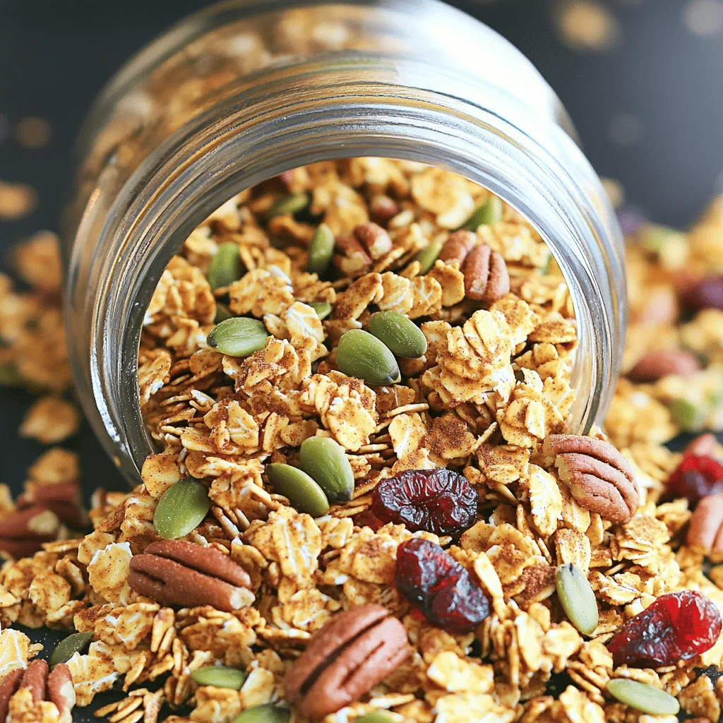 - 2 cups rolled oats - 1 cup raw pecans, chopped - 1 cup raw pumpkin seeds - 1/2 cup honey or maple syrup - 1/4 cup coconut oil, melted - 1 teaspoon vanilla extract - 1 tablespoon pumpkin pie spice - 1/2 teaspoon sea salt - 1/2 cup dried cranberries or raisins (optional) When I make pumpkin spice granola, I focus on quality ingredients. Rolled oats are the base. They give the granola its chewy texture. Next, I add pecans and pumpkin seeds for crunch and healthy fats. Honey or maple syrup acts as a sweetener. It also helps bind the granola together. Coconut oil adds a rich flavor. It helps the granola crisp up nicely. Vanilla extract enhances the taste. Pumpkin pie spice adds that warm autumn flavor we all love. Finally, a pinch of sea salt balances the sweetness. If you want, toss in dried cranberries or raisins for a fruity touch. - Choosing high-quality oats - Importance of fresh spices - Organic vs. conventional options When picking oats, look for rolled oats. They cook evenly and give the best texture. Check the date on the package for freshness. Fresh spices boost flavor. They help your granola taste its best. I prefer organic ingredients when possible. Organic options often have better flavor and fewer chemicals. If you can’t find organic, conventional ingredients work well too. Just make sure they are fresh. Good ingredients make a big difference in your granola. For the full recipe, check out the details above. 1. Preheat your oven to 350°F (175°C). This heat helps make the granola crispy. 2. Line a large baking sheet with parchment paper. This makes cleanup easy. 3. Gather your mixing bowls and utensils. You’ll need one large bowl for mixing. 1. In a large bowl, mix the rolled oats, chopped pecans, and pumpkin seeds. This is your dry mix. 2. In another bowl, whisk together the honey or maple syrup, melted coconut oil, vanilla extract, pumpkin pie spice, and sea salt. This is your wet mix. 3. Pour the wet mixture over the dry ingredients. Stir well to coat everything evenly. This step is key for the best texture. 1. Spread the granola mixture onto the prepared baking sheet. Keep it in an even layer. 2. Bake in the preheated oven for about 20-25 minutes. Stir halfway through to ensure even baking. 3. Look for a golden brown color and a fragrant smell. This means it’s done! After baking, let it cool on the sheet. Once cool, you can stir in dried cranberries or raisins if you like. You can find the full recipe for more details on how to enjoy this snack. To keep your granola fresh, store it in an airtight container. This will block out moisture and keep it crunchy. Place your granola in a cool, dark spot, like a pantry. It can last for up to two weeks. To avoid clumping, stir the mixture well before baking. This helps the oats and nuts stay separate. When baking, spread the granola in an even layer on the sheet. This promotes even cooking and prevents it from sticking together. Serve your granola in a mason jar or a clear bowl. This shows off its beautiful colors and textures. Pair it with yogurt or milk for a tasty treat. You can also top it with extra pumpkin seeds or a sprinkle of cinnamon for added flavor. To get creative, layer the granola with fruit in a parfait. This adds color and makes it look fancy. You can also use it as a topping for desserts, like ice cream or cheesecake. Be careful not to overbake your granola. It can go from golden to burnt quickly. Keep an eye on it and stir halfway through baking. The right time is about 20-25 minutes. Make sure you use the right ingredient ratios. Too much sweetener can make it sticky. If you use less oil, your granola might turn out dry. Always follow the Full Recipe for best results. {{image_2}} You can make pumpkin spice granola work for your diet. For a gluten-free option, use certified gluten-free oats. This keeps the flavor while being safe for those with gluten issues. If you need nut-free alternatives, swap pecans with sunflower seeds. This change still gives a nice crunch. Feel free to get creative with flavors! You can add extra spices like cinnamon or nutmeg. These spices enhance the autumn vibe. Mixing in seeds like chia or flax can add more nutrition. If you want more crunch, try adding almonds or walnuts. Granola can fit any season! In summer, use dried mango or coconut for a tropical twist. For the holidays, add spices like cardamom and dried fruits like apricots. This makes your granola festive and fun. Each season brings new tastes to explore with your pumpkin spice granola. For the full recipe, check the earlier section. To keep your pumpkin spice granola fresh, use airtight containers. These containers stop air and moisture from getting in. I recommend clear glass jars or plastic bins. Place your granola in a cool, dry spot away from heat. This keeps the flavors strong and the texture crisp. Properly stored granola can last for about two weeks. After that, it may lose flavor and texture. Signs of spoilage include a stale smell or a soft texture. If you see any mold, throw it out right away. Freshness matters for taste. If your granola loses its crispiness, you can easily refresh it. Spread it on a baking sheet and warm it in the oven for about 5 to 10 minutes at 300°F (150°C). This helps to bring back the crunch. For bulk storage, keep your granola in smaller containers. This way, you open only what you need. It helps maintain its texture and flavor. For the full recipe and more tips, check out the Full Recipe. You can enjoy pumpkin spice granola in many fun ways. Here are some ideas: - With yogurt: Layer the granola with your favorite yogurt for a tasty parfait. - In milk: Pour it into a bowl and add milk like traditional cereal. - As a topping: Sprinkle it over oatmeal or smoothie bowls for added crunch. - On its own: Enjoy it straight from the jar as a quick snack. These options make it easy to savor every bite of this delicious granola. Yes, you can make this granola vegan! Just swap out honey for maple syrup. Maple syrup provides the sweetness you need. It also keeps the texture just right. You can also use a plant-based milk for serving. Almond milk or oat milk works great! To make fewer servings, you can scale down the ingredients. For example, if you want to make three servings, use half of each ingredient. Here’s a quick guide: - Rolled oats: 1 cup - Pecans: 1/2 cup - Pumpkin seeds: 1/2 cup - Maple syrup: 1/4 cup - Coconut oil: 2 tablespoons - Vanilla extract: 1/2 teaspoon - Pumpkin pie spice: 1/2 tablespoon - Sea salt: 1/4 teaspoon - Dried fruit: 1/4 cup (optional) This way, you can enjoy pumpkin spice granola without waste. Homemade granola is often healthier than store-bought. You control what goes into it. Store-bought granola can have added sugars and preservatives. Here are some benefits of making your own: - Fewer additives: You know every ingredient you use. - Customizable: You can add your favorite nuts or seeds. - Freshness: Homemade granola tastes fresher and more flavorful. Making your own allows you to enjoy a healthier snack! To keep your granola fresh, store it in an airtight container. A glass jar works well. Make sure it is completely cool before sealing. Avoid moisture, as it can cause sogginess. Here are some tips: - Cool completely first: This prevents steam from making it soft. - Keep in a cool, dark place: A pantry or cupboard is best. - Use within two weeks: For best taste and texture, eat it within this time. Following these steps helps maintain its crunchiness! This blog post covered the essential ingredients, tips, and techniques to make great granola. It discussed choosing quality foods and the importance of fresh spices. You now know how to bake, store, and serve this tasty treat. Remember, the key is in the details—like preventing clumps and perfecting your bake time. With these tips, you can create delicious granola that fits any diet. Keep experimenting with flavors and enjoy your homemade treats to the fullest!