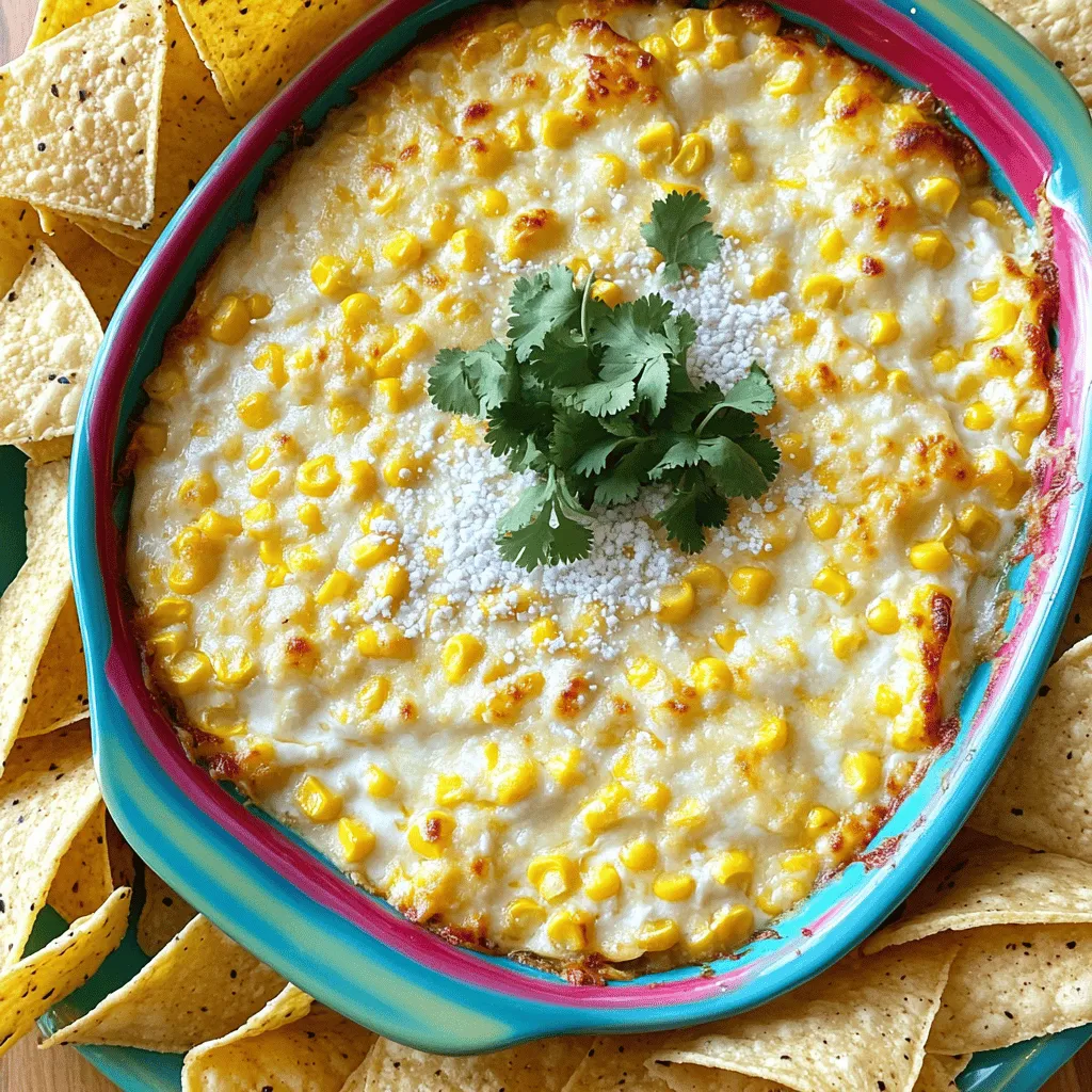 - 2 cups frozen corn kernels, thawed - 1 cup cream cheese, softened - 1 cup shredded Monterey Jack cheese - 1/2 cup grated cotija cheese - 1/2 cup sour cream - 1/4 cup mayonnaise - 2 tablespoons lime juice - 1 teaspoon chili powder - 1 teaspoon garlic powder - 1/2 teaspoon smoked paprika - 1/4 teaspoon cayenne pepper (optional) - 1/4 cup fresh cilantro, chopped - Salt and pepper to taste - Tortilla chips for serving Gather these ingredients for a tasty party dish. The corn brings sweetness, while the cheeses add creaminess. Cream cheese gives a rich base, and Monterey Jack melts perfectly. Cotija cheese adds a salty punch, making the dip special. You'll also need lime juice for a zesty flavor. Chili powder, garlic powder, smoked paprika, and cayenne add warmth and depth. Fresh cilantro brightens the dish and gives it a fresh taste. Don't forget salt and pepper to balance all the flavors. This dip is perfect with tortilla chips. The crunch pairs well with the creamy dip. You can also serve it with veggies for a healthy option. For the full recipe, check out the detailed steps! - Set to 350°F (175°C) First, you start by preheating your oven. This step is key for a perfect dip. It helps cook the dip evenly and makes it bubbly. - Combine corn kernels, cream cheese, Monterey Jack, cotija, sour cream, and mayonnaise Next, grab a big mixing bowl. Add the thawed corn kernels, softened cream cheese, shredded Monterey Jack, grated cotija cheese, sour cream, and mayonnaise. Mix these ingredients well. You want a smooth and creamy texture. Each bite should be rich and cheesy. - Mix in lime juice, chili powder, garlic powder, smoked paprika, cayenne (if using), and cilantro Now it's time to spice things up! Squeeze in the lime juice and sprinkle the chili powder, garlic powder, and smoked paprika. If you like it spicy, add cayenne. Toss in the chopped cilantro too. These flavors make the dip pop! Stir until everything blends nicely. - Transfer to baking dish and bake for 20-25 minutes After mixing, transfer your dip to a baking dish. Spread it evenly for even cooking. Bake it in your preheated oven for 20 to 25 minutes. Look for a bubbly top and a golden edge. This is when your Cheesy Mexican Street Corn Dip is ready! For the complete recipe, check the Full Recipe section. Serve this dip warm for the best flavor. When it’s hot, the cheeses melt nicely. This creates a rich and creamy texture that makes each bite delightful. If it cools down, it may not taste as good. So, keep it in the oven until ready to serve. Add extra cilantro and cotija cheese on top. This not only adds color but also boosts the flavor. Fresh cilantro brings a bright taste, while cotija adds a salty kick. You can even sprinkle some chili powder for a pop of color and heat. I recommend crispy tortilla chips for dipping. They add the perfect crunch to each bite. The chips also balance the creamy dip well. You can use store-bought chips or make your own for a fresher taste. Try cutting tortillas into triangles and baking them until crispy. Enjoy your dip! For the full recipe, check out the complete details and step-by-step guide! {{image_2}} You can spice up your Cheesy Mexican Street Corn Dip easily. Just add chopped jalapeños or a sprinkle of cayenne pepper. These spicy additions bring a nice kick to the dip. If you love heat, try both for a fiery twist. Adjust the amount to fit your taste. Cheese lovers can enjoy different cheesy options. Swap in queso blanco for a creamier feel. You can also use pepper jack for a spicy bite. Mixing cheeses can create a fun flavor experience. Don't hesitate to experiment and find the perfect blend for your taste buds. If you want a vegetarian option, replace sour cream with a vegan alternative. You can use cashew cream or coconut yogurt. These options keep the dip creamy without dairy. They also add unique flavors that can enhance the dish. Enjoy the same great taste while keeping it plant-based! To keep your Cheesy Mexican Street Corn Dip fresh, store it in an airtight container. Place it in the refrigerator. This helps preserve its creamy texture and flavors. When you want to enjoy leftovers, the oven is your best friend. Preheat it to 350°F (175°C). Place the dip in a baking dish, cover it with foil, and heat for about 15-20 minutes. This method keeps the dip creamy and prevents it from drying out. You can freeze the dip for later use, but it may change in texture. To freeze, place the dip in a freezer-safe container. When ready to eat, thaw it in the fridge overnight. Reheat it in the oven for the best results. Enjoy this tasty dip anytime! For the full recipe, check out the [Full Recipe]. Yes, you can prepare this dip a day in advance. Just mix all the ingredients and store it in the fridge. This dip tastes even better after the flavors blend overnight. When you're ready to serve, just bake it until hot and bubbly. Tortilla chips are a classic choice for dipping. You can also serve it with fresh veggies like carrots or bell peppers. Pita chips add a nice crunch too. This dip pairs well with anything that can scoop up its cheesy goodness. Typically, it lasts up to 3-4 days in an airtight container. Just make sure it's sealed tight to keep it fresh. If the dip looks or smells off, it's best to throw it out. Enjoy it while it's still creamy and delicious! This blog post shared the easy steps to make Cheesy Mexican Street Corn Dip. You learned about the simple ingredients, from corn to rich cheeses. I covered how to prepare, bake, and serve it. The tips offered help you enjoy it warm, with crispy chips and beautiful garnishes. Whether you keep it mild or spice it up, this dish fits all tastes. Remember, it’s great to make ahead and can even be frozen. Enjoy this tasty dip at your next gathering. It's sure to impress!