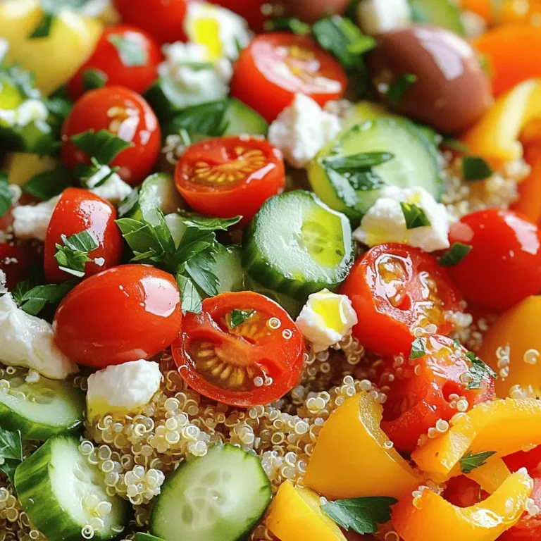 When making a Mediterranean grain bowl, you want fresh and vibrant ingredients. Here’s what you need: - 1 cup quinoa or farro - 2 cups water or vegetable broth - 1 cup cherry tomatoes, halved - 1 cucumber, diced - 1 cup bell peppers, diced - 1 cup cooked chickpeas - 1/2 cup crumbled feta cheese - 1/4 cup kalamata olives - 2 tablespoons olive oil - 2 tablespoons lemon juice - 1 teaspoon dried oregano - Salt and pepper to taste - Fresh parsley or mint for garnish These ingredients create a colorful and tasty dish. Quinoa or farro serves as the base. Both grains are high in protein and fiber. They also give a nice texture to your bowl. You can use water or vegetable broth to cook the grains. Vegetable broth adds a rich flavor. It makes the dish even more satisfying. Fresh vegetables, like cherry tomatoes and cucumbers, bring brightness to the bowl. Bell peppers add crunch and sweetness. Chickpeas offer protein and heartiness. Feta cheese adds creaminess and saltiness. Kalamata olives give a briny kick. Olive oil and lemon juice make a simple dressing. They tie all the flavors together beautifully. Feel free to adjust the ingredients to your taste. You can add more vegetables or change the grains. This recipe is all about making it your own. For the full recipe, check out the link! To cook quinoa or farro, start by rinsing it well. Rinsing removes any bitter taste. Then, in a medium pot, bring 2 cups of water or vegetable broth to a boil. Add 1 cup of quinoa or farro. Reduce the heat to low and cover the pot. Let it simmer for about 15 to 20 minutes. Check the package for exact times. To check doneness, the grains should look fluffy and tender. For quinoa, the grains will have a little tail. For farro, it should be chewy but not hard. Once done, remove from heat and let it sit covered for 5 more minutes. This helps the grains become even fluffier. Next, chop your vegetables. Use a sharp knife for clean cuts. For uniform pieces, try to cut all veggies to the same size. This makes your bowl look nice and helps with even cooking and flavor. Great vegetables to include are cherry tomatoes, cucumbers, and bell peppers. They add color and crunch. You can also add cooked chickpeas for protein. This will make your bowl more filling and nutritious. Now, let’s create the dressing. In a small bowl, whisk together 2 tablespoons of olive oil, 2 tablespoons of lemon juice, and 1 teaspoon of dried oregano. Add salt and pepper to taste. This dressing brings all the flavors together. Once your grains are fluffy, add them to a large bowl with the chopped vegetables. Drizzle the dressing over the top. Toss everything gently. Make sure each piece is coated in dressing. Serve your Mediterranean grain bowl in individual bowls. Top each with crumbled feta cheese and sliced kalamata olives for a tasty finish. Don't forget the fresh parsley or mint for garnish. This adds a bright flavor and makes your dish look beautiful. For the full recipe, check out the earlier sections! To make your Mediterranean grain bowl taste great, use fresh ingredients. Fresh vegetables add a crunch and bright flavor. Also, use high-quality olive oil. It enhances the overall taste. Don't skip the lemon juice; it brightens the dish. For keeping grains fluffy, rinse them before cooking. This removes excess starch. Use the right water ratio; one part grain to two parts water works well. Cook on low heat and avoid stirring too much. Let them sit covered after cooking to finish steaming. You can make this dish ahead of time. Cook the grains and store them in an airtight container. Chop the vegetables and keep them separate. This keeps them fresh and crisp. For storing leftovers, place grains and veggies in different containers. This will help keep the texture of each. You can mix them together before serving. For side dishes, try a simple cucumber salad. It pairs nicely with the grain bowl. Hummus and pita bread also make excellent sides. When it comes to garnishes, fresh herbs like parsley or mint add color. A sprinkle of feta cheese enhances the flavor too. You can also add a few olives on top for a nice touch. For the full recipe, check the recipe section. Enjoy your delicious Mediterranean grain bowl! {{image_2}} You can change the protein in your Mediterranean grain bowl. Grilled chicken or shrimp adds a nice touch. They bring a juicy flavor and extra protein. If you prefer a vegetarian option, try tofu or tempeh. Both soak up flavors well and add a great texture. Switching up the grains can add fun to your dish. You can use bulgur or brown rice instead of quinoa or farro. These grains provide a different taste and texture. If you need a gluten-free option, there are many grains to choose from. Quinoa is naturally gluten-free and works well. Boost the taste of your bowl with spices. Adding cumin, paprika, or even a dash of chili powder can give warmth. You can also play with different dressings. Try tahini dressing or a zesty yogurt sauce. The right dressing can make all the difference in flavor. For a full recipe, refer to the Mediterranean Grain Bowl. To keep your Mediterranean Grain Bowl fresh, store it in an airtight container. This keeps moisture in and prevents odors from other foods. Place it in the fridge right after serving. If you have leftover grains or vegetables, store them separately. - Refrigeration: The grains and veggies can last up to four days in the fridge. - Freezing: You can freeze the grains and vegetables. Spread them on a baking sheet, freeze until solid, then transfer to a freezer bag. They can last for up to three months in the freezer. How long will it last in the fridge? When stored correctly, the Mediterranean Grain Bowl stays good for about four days. Signs of spoilage include: - A sour smell - Discoloration of the veggies - A slimy texture on the grains If you see any of these signs, it’s best to throw it away. Keeping your bowl fresh lets you enjoy it more! Yes, you can easily make this dish vegan. Replace the feta cheese with a plant-based option. You can try using tofu or a vegan cheese. For the dressing, use a vegan-friendly oil and lemon mix. To boost the nutrition of your Mediterranean Grain Bowl, consider adding: - Spinach or kale for extra greens - Avocado for healthy fats - Nuts or seeds like almonds or sunflower seeds These ingredients add flavor and pack a nutritional punch. To scale the recipe for larger or smaller servings, simply adjust the ingredients. For example: - For 2 servings, halve the ingredients. - For 8 servings, double everything. This way, you can easily serve a crowd or enjoy a personal meal. Yes, but it depends on the grain you choose. Quinoa is naturally gluten-free. If you prefer farro, it contains gluten. For gluten-free options, stick to quinoa or try brown rice. Always check labels to ensure they are certified gluten-free. The Mediterranean grain bowl is a tasty, healthy meal. You learned about the needed ingredients, step-by-step cooking, and tips for flavor. I shared ways to prep ahead and store leftovers to save time. You also found ideas for protein swaps and flavor boosts. This bowl is easy to adjust for your taste. Try it your way for the best meal. Enjoy the freshness and variety this dish offers!