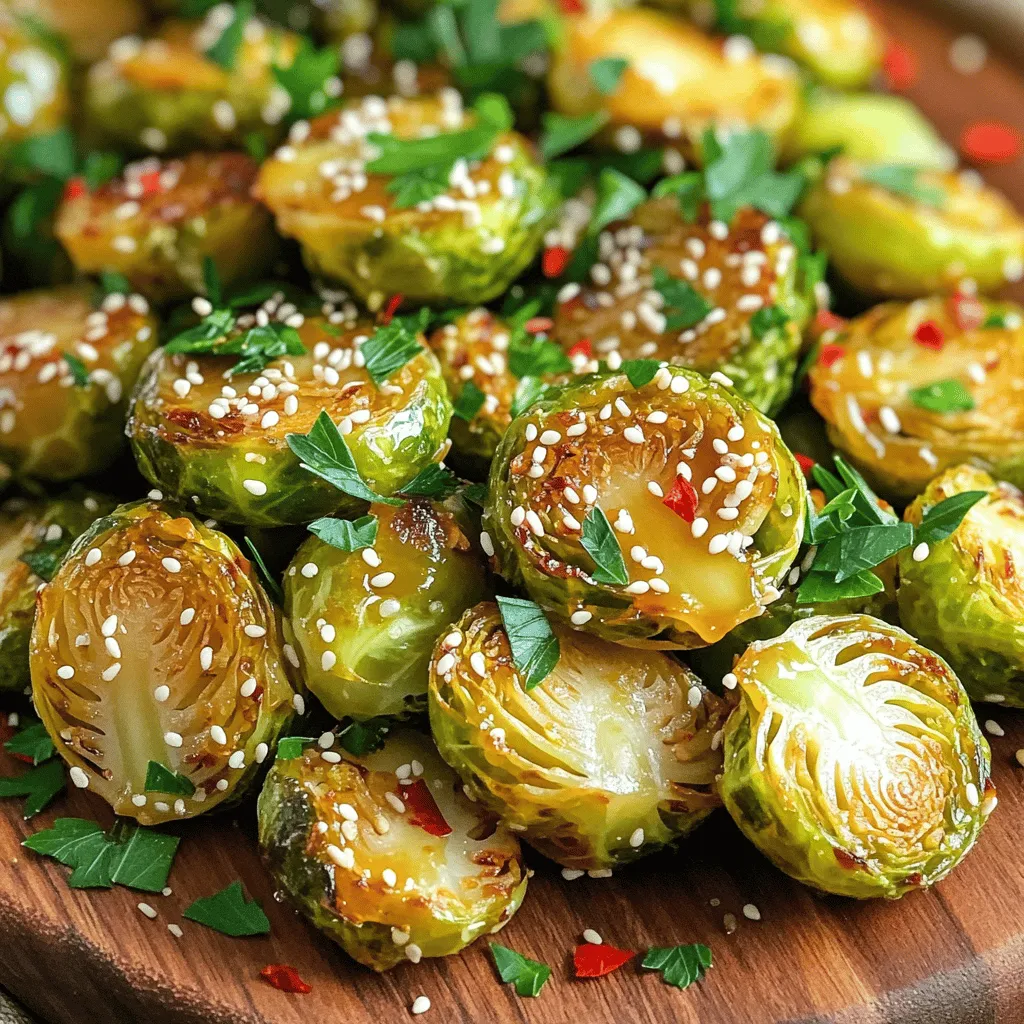 - 1 pound Brussels sprouts, trimmed and halved - 3 tablespoons olive oil - 4 tablespoons honey - 3 cloves garlic, minced - 1 tablespoon soy sauce (or tamari for gluten-free) - 1 teaspoon red pepper flakes (optional for heat) - Salt and black pepper to taste - 2 tablespoons sesame seeds, toasted (for garnish) - Fresh parsley, chopped (for garnish) When I make Honey Garlic Brussels Sprouts, I always start with fresh, firm Brussels sprouts. Choosing good sprouts is key. Trim the ends and cut them in half to ensure even cooking. Next, I mix olive oil and honey. This blend gives a sweet and savory flavor. The minced garlic adds a nice punch. If you like heat, toss in some red pepper flakes. They make the dish exciting without overwhelming it. For seasoning, I use salt and black pepper. This simple step enhances all the flavors. Once everything is ready, I sprinkle sesame seeds and fresh parsley on top for a lovely finish. They add color and a bit of crunch. For the full recipe, check the instructions above. Enjoy these tasty sprouts as a side dish or a delightful snack! - Preheat your oven to 400°F (200°C). - In a large mixing bowl, combine the halved Brussels sprouts with olive oil, honey, and minced garlic. Toss them well to coat each piece. - Spread the coated Brussels sprouts in a single layer on a baking sheet lined with parchment paper. - Roast for 20-25 minutes. Stir halfway through for even cooking. The sprouts should be crispy outside and tender inside. - Drizzle any remaining honey mixture over the sprouts after roasting. This adds extra flavor. - Transfer to a serving platter and garnish with toasted sesame seeds and chopped parsley before serving. Enjoy these tasty bites as a side or snack. For the full recipe, see the earlier section. To make crispy Brussels sprouts, start with dry sprouts. Pat them with a towel if they are wet. If you want the best crunch, spread the Brussels sprouts out on the baking sheet. If they are too close, they will steam instead of roast. You can add balsamic vinegar for a tangy kick. It works great with honey. Try sautéing or grilling the sprouts for a different taste. Each method brings out unique flavors. Honey garlic Brussels sprouts pair well with chicken or fish. They also shine as a tasty snack. Serve them warm for the best flavor. For more ideas, check out the full recipe. {{image_2}} You can make your honey garlic Brussels sprouts even tastier. Try adding spicy elements like chili paste or sriracha for a kick. This adds heat and balances the sweetness of the honey. If you prefer sweet flavors, use maple syrup instead of honey. This gives a rich taste with a unique twist. If you follow a vegan diet, you can easily adapt this dish. Use alternative sweeteners, like agave, and swap olive oil for coconut oil. For gluten-free diners, choose gluten-free soy sauce or tamari. These changes keep the flavors intact while meeting diet needs. Feel free to mix in seasonal vegetables or nuts. Adding roasted carrots or pecans can enhance both texture and flavor. For festive occasions, consider adding cranberries or pomegranate seeds. These bright colors and tastes make your dish stand out at any holiday table. For the full recipe on making these delicious honey garlic Brussels sprouts, check out the [Full Recipe]. To store leftover honey garlic Brussels sprouts, first, let them cool. Place them in an airtight container. Store them in the fridge. They should stay fresh for about 3 to 4 days. If you keep them longer, they may lose flavor and texture. The best way to reheat Brussels sprouts is in the oven. Preheat the oven to 350°F (175°C). Spread the leftovers on a baking sheet. Heat for about 10 minutes, or until warm. This method keeps them crispy. If you use a microwave, place them in a bowl. Heat in short bursts, checking often. This method may soften them, so watch closely. Yes, you can freeze cooked Brussels sprouts. However, they may change texture when thawed. To freeze, let them cool completely first. Place them in a freezer-safe bag. Squeeze out as much air as possible. They can last up to 3 months in the freezer. When ready to eat, thaw them in the fridge overnight. Reheat them in the oven to help restore some crispiness. For the full recipe, check the details above. Enjoy your cooking! How do you make Brussels sprouts less bitter? To reduce bitterness, you can blanch the Brussels sprouts first. Boil them in salted water for a few minutes. After that, shock them in ice water to stop cooking. This helps soften their flavor. You can also add sweet ingredients, like honey. This recipe uses honey to balance the taste. Can I use frozen Brussels sprouts for this recipe? Yes, you can use frozen Brussels sprouts. However, fresh ones taste better. If using frozen, thaw and pat them dry first. This helps get them crispy when roasted. You may need to adjust cooking time. Keep an eye on them in the oven. What can I use instead of honey? If you need a substitute for honey, try maple syrup or agave nectar. Both add sweetness without changing the flavor too much. You can also use brown sugar mixed with a bit of water. This gives a similar sweetness. Alternatives for soy sauce in the recipe. For soy sauce, use tamari for a gluten-free option. Coconut aminos also work well for a soy-free version. Both will keep the dish flavorful. Adjust amounts to taste, as some alternatives may be sweeter. How many servings does this recipe make? This recipe makes four servings. It’s perfect as a side dish for family meals or gatherings. If you serve it as a snack, you might get more servings. Can I double the recipe for a larger group? Yes, you can double the recipe easily. Just make sure to spread the Brussels sprouts out well on the baking sheets. This helps them roast evenly and stay crispy. Adjust the cooking time if needed, but keep an eye on them. You want a nice golden brown finish. For the full recipe, check out the section above. Honey garlic Brussels sprouts make a tasty dish with great flavor. We covered essential ingredients and easy steps to prepare them. Remember, roasting gives the best texture. You can twist the recipe for different tastes, and it fits many diets. Don't forget storage tips for leftovers! Enjoy experimenting with this dish. It's easy and always a crowd-pleaser. Keep these ideas in mind for your next meal!