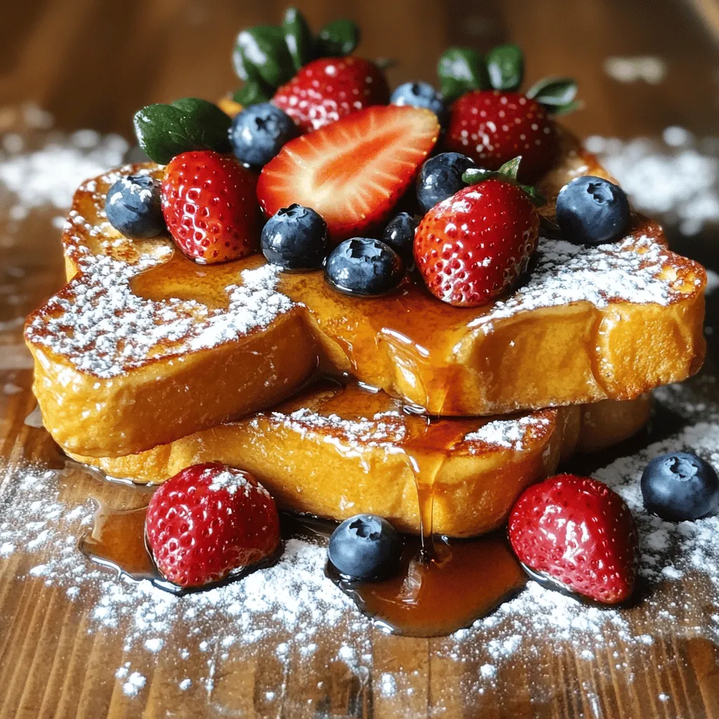 To make classic French toast, you need the following ingredients: - 4 slices of thick brioche or challah bread - 2 large eggs - 1/2 cup milk (any kind you prefer) - 1 teaspoon vanilla extract - 1 teaspoon ground cinnamon - 1 tablespoon sugar (optional) - Pinch of salt - 2 tablespoons unsalted butter - Maple syrup, for serving - Fresh fruit (e.g., strawberries, blueberries, or bananas), for garnish - Powdered sugar, for dusting (optional) Each ingredient plays a key role. The bread gives it structure. Eggs create a rich texture. Milk adds creaminess. Vanilla and cinnamon bring flavor. Sugar adds sweetness, but it’s not a must. Butter helps with cooking and adds a nice taste. Toppings can elevate your French toast. Here are some suggestions: - Maple syrup: The classic choice. It adds sweetness and flavor. - Fresh fruit: Strawberries, blueberries, or bananas brighten the dish. - Powdered sugar: A light dusting offers a touch of elegance. - Whipped cream: Adds a fluffy texture and richness. - Nuts: Chopped walnuts or pecans add crunch. Feel free to mix and match. Make it your own! You can swap some ingredients if needed: - Bread: Use any thick bread, like sourdough or whole wheat. - Milk: Almond milk or oat milk works well for a dairy-free option. - Eggs: For a vegan option, use flaxseed meal mixed with water. - Sugar: Honey or maple syrup can replace sugar. These swaps still give you that delicious flavor. Enjoy experimenting! For the complete recipe, check out the Full Recipe. To start, gather your ingredients. You will need: - 4 slices of thick brioche or challah bread - 2 large eggs - 1/2 cup milk (any kind you prefer) - 1 teaspoon vanilla extract - 1 teaspoon ground cinnamon - 1 tablespoon sugar (optional) - Pinch of salt - 2 tablespoons unsalted butter - Maple syrup, for serving - Fresh fruit (e.g., strawberries, blueberries, or bananas), for garnish - Powdered sugar, for dusting (optional) In a large bowl, whisk together the eggs and milk. Add the vanilla, cinnamon, sugar, and salt. Mix well until smooth. This simple mixture holds the key to rich flavor. Now, preheat a non-stick skillet or griddle over medium heat. Add 1 tablespoon of butter and let it melt. This ensures that the bread cooks evenly. Next, dip each slice of bread into the egg mixture. Let it soak for about 10-15 seconds on each side. You want it to absorb enough liquid, but not fall apart. Place the soaked bread on the hot skillet. Cook for about 3-4 minutes on each side. Look for a golden brown color and a slight crisp. This gives your French toast a delightful texture. Repeat this process until all slices are cooked. - Use thick slices of bread. They hold more egg mixture and stay soft inside. - Don’t rush the soaking. Let the bread soak enough to absorb flavor. - Keep the heat medium. Too hot can burn the outside before the inside cooks. - Add more butter as needed for each batch. This keeps everything moist and tasty. - For a special touch, serve with maple syrup, fresh fruit, and a dusting of powdered sugar. These tips will help you enjoy classic French toast at its best! For the full recipe, check out the details above. To make the best classic French toast, use thick bread like brioche or challah. These types soak up the egg mixture well and stay soft inside. Start with fresh eggs and milk for the best flavor. Mix them in a bowl with vanilla, cinnamon, and sugar. Whisk until it’s smooth. When soaking the bread, dip each slice for about 10-15 seconds. Don’t let it sit too long; you want it moist, not soggy. Preheat your skillet on medium heat. Add butter to coat the pan, and then place the soaked bread on it. Cook each side for about 3-4 minutes. You want them golden brown and a bit crispy. Serve with maple syrup and fresh fruit for a treat. One common mistake is using thin bread. Thin bread cooks too fast and can fall apart. Another mistake is not preheating the skillet. If it’s not hot enough, the bread will absorb too much butter and become greasy. Also, don’t overcrowd the pan. Cook in batches to give each slice space to cook evenly. Avoid using too much egg mixture. If the slices are too wet, they won’t cook right. Lastly, don’t skip the cinnamon! It adds warmth and flavor that makes your French toast special. Want to save time? Prepare the egg mixture the night before. Store it in the fridge, and mix in your spices. In the morning, just dip and cook your bread. You can also use leftover bread. Stale bread works great for French toast. Cut it into slices ahead of time, and keep it in a bag. This way, you have your bread ready to go. If you want to serve a crowd, cook extra slices at once. Keep them warm in the oven until ready to serve. For a quick clean-up, use a non-stick skillet. It makes cooking easier and helps with clean-up. Follow these tips, and you’ll have a delicious breakfast in no time! For the full recipe, check out the details provided earlier. {{image_2}} You can add fun flavors to your French toast. Try adding a splash of orange juice to the egg mix. It gives a bright taste. You can also use almond or hazelnut extract instead of vanilla. Want a spicy kick? Mix in a dash of nutmeg or cardamom. For chocolate lovers, use cocoa powder in the egg mix. You can even use flavored creamers instead of milk for a rich twist. French toast is not just for sweet lovers. For a savory option, skip the sugar and vanilla. Add herbs like thyme or rosemary to the egg mix. Top it with cheese or crispy bacon after cooking. A sprinkle of salt can elevate the taste. Sweet options are great too! Use maple syrup, fresh fruit, or whipped cream. The choice is yours! During the holidays, you can spice things up. Add pumpkin puree and pumpkin spice for fall. In winter, try a peppermint extract twist. For summer, use fresh berries in the batter. You can even serve it with a berry compote. For special occasions, serve with a dollop of cream. These variations can make any time feel festive. If you want the full recipe, check it out [here](Full Recipe). To keep leftover French toast fresh, place it in an airtight container. Let it cool first. You can store it in the fridge for up to three days. This method helps maintain its taste and texture. If you want to store it longer, freezing is a great option. To reheat French toast, use a toaster or a skillet. If using a toaster, set it to medium heat. For a skillet, add a small dab of butter. Heat each side for two to three minutes until warm. Both methods help keep the toast crisp and tasty. If you want to freeze French toast, wrap each slice in plastic wrap. Place the wrapped slices in a freezer bag. They can stay in the freezer for up to three months. When ready to eat, thaw in the fridge overnight. Reheat using the methods mentioned above for best results. For the Full Recipe, check out the delicious steps to create your own Classic French Toast! You can use mashed bananas or applesauce as egg substitutes. These options add natural sweetness. Use 1/4 cup of either for each egg. Mix it with milk, vanilla, and spices. Dip your bread in this mixture, then cook as usual. This method makes a tasty French toast that everyone will love! Yes, you can use gluten-free bread! It works just as well in this recipe. Look for thick slices to keep the texture nice. Just treat it the same way as regular bread. Soak it in the egg mixture and cook until golden brown. This way, everyone can enjoy French toast, no matter their diet. Thick bread like brioche or challah is best for French toast. These breads soak up the egg mix without falling apart. They also give a soft, fluffy inside and a nice crust outside. You can also try sourdough or Texas toast for added flavor. Choose what you like, and enjoy the tasty results. To get crispy French toast, use a hot skillet and enough butter. Preheat the pan before adding the bread. Let each slice cook until golden brown for about 3-4 minutes. Flip and repeat on the other side. If your bread is soaked too long, it may get soggy. Soak just enough to coat the outside. Absolutely! Classic French toast is great for meal prep. You can cook a big batch and store it in the fridge. Reheat it in the toaster or microwave for quick breakfasts. It stays tasty and satisfying, making mornings easy. Just remember to save some syrup and fruit for serving! For more details, check out the Full Recipe. Classic French toast is simple and delicious, made with easy ingredients. You can customize it with toppings or substitutions. I shared step-by-step instructions to make it perfectly. I also covered common mistakes and time-saving tips. There are many fun variations, from sweet to savory. Lastly, I discussed how to store, reheat, and freeze leftovers. Enjoy your homemade French toast any day! With these tips, you can make breakfast special. Get creative and have fun cooking!