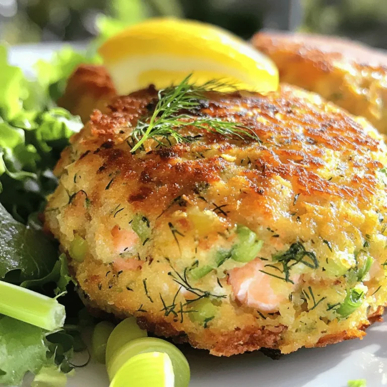 - 1 lb fresh or canned salmon, drained and flaked - 1/2 cup breadcrumbs (preferably panko for crispiness) - 1/4 cup green onions, finely chopped - 1/4 cup fresh dill, chopped - Zest and juice from 1 lemon - 2 eggs, lightly beaten - 1 tablespoon Dijon mustard - 1 clove garlic, minced - Salt and pepper to taste - Olive oil for frying When making Lemon Dill Salmon Cakes, you need fresh or canned salmon as the base. Salmon brings a rich flavor. I recommend using panko breadcrumbs. They create a crispy outside that you will love. For the best taste, add finely chopped green onions and fresh dill. These herbs brighten the flavor and bring freshness. Next, you will add lemon zest and juice. This step adds a bright zing that pairs well with salmon. Eggs and Dijon mustard act as binders. They help the cakes hold their shape. Finally, don’t forget the garlic. It adds a warm, savory note you won't want to miss. You will also need salt and pepper to taste. These simple seasonings enhance all the flavors. To cook the cakes, use olive oil. It adds flavor and helps achieve that golden crust. For the Full Recipe, you can find all the steps to bring these ingredients together into a delightful dish. Flaking the salmon Start by draining your salmon if it’s canned. Then, use a fork to flake it into small pieces. If you use fresh salmon, cook it first. Let it cool, then flake it just like the canned version. This step adds great texture to your cakes. Chopping herbs and vegetables Next, chop your green onions and fresh dill. Make sure they are finely chopped. This helps them mix well into the salmon. You’ll want to release all those fresh flavors in every bite. Combining salmon, breadcrumbs, and seasonings In a large bowl, combine the flaked salmon, breadcrumbs, green onions, dill, and minced garlic. Mix gently so you don’t break up the salmon too much. This keeps your cakes nice and chunky. Incorporating wet ingredients and forming patties Now, add the lemon juice, beaten eggs, and Dijon mustard. Season with salt and pepper to taste. Mix everything until well combined. Then, form the mixture into patties, about 3 inches wide. Place them on a plate, ready for cooking. Heating oil in the skillet Heat a generous amount of olive oil in a large skillet over medium heat. You want enough oil to cover the bottom of the skillet well. This helps achieve that crispy exterior you desire. Cooking times for crispy texture Once the oil is hot, add the salmon patties carefully. Cook for about 4-5 minutes on each side. You want them golden brown and crispy. Once done, remove the cakes and place them on a paper towel to drain excess oil. Enjoy them warm! For the full recipe, check out the detailed instructions above. Choosing the right breadcrumbs is key to good salmon cakes. I recommend using panko. Panko gives a light and crispy texture. Regular breadcrumbs can make the cakes dense. To avoid overworking the mixture, mix gently. Just combine the ingredients until they hold together. If you mash too much, the cakes lose their nice texture. A light touch makes all the difference. To elevate the taste, think about adding more seasonings. A pinch of cayenne pepper adds heat. Smoked paprika gives a nice depth. Lemon zest brightens every bite. You can use different herbs or spices as well. Fresh parsley works well with dill. If you like a twist, try cilantro or basil. They can change the flavor profile in fun ways. You can bake or fry your salmon cakes. Baking is a healthier option. Preheat your oven to 400°F and place the patties on a greased baking sheet. Bake for about 20 minutes, flipping halfway. If you prefer frying, use a good amount of olive oil. Heat the oil over medium heat. Fry each cake for about 4-5 minutes per side. This gives a crispy outside and tender inside. For outdoor grilling, use a grill basket or foil. This keeps the patties from falling apart. Preheat the grill to medium heat and cook for about 5-7 minutes per side. Enjoy that smoky flavor! For the full recipe, check out the complete guide above. {{image_2}} For those who need gluten-free options, you can swap regular breadcrumbs for gluten-free ones. You might try crushed rice crackers or ground almonds. Both work well and keep the salmon cakes crispy. If you want to skip the eggs, use 1/4 cup of unsweetened applesauce or mashed banana. This change keeps the cakes moist and helps them stick together. To spice things up, add different herbs or spices. Try parsley for a fresh twist or cayenne for some heat. You can also mix in minced cilantro for a fun flavor. Incorporating vegetables like spinach or bell peppers can add nutrition and taste. Chop them finely and mix them in. They make the cakes colorful and healthy. Pair your salmon cakes with a tasty sauce. A lemon dill yogurt sauce works great. Just mix Greek yogurt with lemon juice, dill, and salt. For sides, serve with a simple salad or roasted veggies. This adds crunch and makes the meal complete. If you have leftovers, try them in a sandwich or on a salad. They taste great cold or reheated. You can even crumble them on top of pasta for a unique dish. For the full recipe, check out the details above! To store cooked salmon cakes, place them in an airtight container. Make sure they cool down first. This keeps them fresh and safe to eat later. I recommend using glass or plastic containers with tight lids. You can stack the cakes in layers, but separate each layer with parchment paper to avoid sticking. If you want to freeze salmon cakes, wrap each one tightly in plastic wrap. Then, place them in a freezer bag. Remember to squeeze out as much air as possible. This helps prevent freezer burn. When you are ready to eat, thaw them in the fridge overnight. To reheat, bake them in the oven at 350°F for about 15 minutes. This keeps them crispy on the outside. Cooked salmon cakes last in the fridge for about three days. After that, their quality may drop. If you freeze them, they can last up to three months. Always check for signs of spoilage. If you see any mold or an off smell, it's best to throw them away. Freshness is key to enjoying these tasty treats. You can use crushed crackers or oats. Both options give a nice texture. Crushed crackers add a salty crunch. Oats offer a hearty feel. If you prefer, you can mix both for a unique taste. Just ensure the texture stays consistent for the best cakes. Yes, canned salmon works well. It saves time and is often less expensive. Canned salmon is already cooked, making it easy to use. The taste may differ slightly, but it still offers great flavor. Just drain and flake it before mixing with other ingredients. Look for a golden brown color on each side. The cakes should feel firm when you touch them. You can also cut one open to check the center. It should be opaque and hot throughout. Cooking them for about 4-5 minutes on each side helps ensure they are done. In this post, I covered how to make salmon cakes from fresh or canned salmon, using simple ingredients like panko breadcrumbs, herbs, and seasonings. I shared step-by-step instructions to prepare, mix, and cook these cakes for a crispy texture. We discussed tips for variations and storage, ensuring your cakes stay fresh. Remember, cooking is about trying new things. Don’t limit yourself to this recipe; feel free to adapt and explore flavors. Enjoy your salmon cakes, and happy cooking!