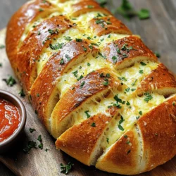 - Bread Selection: Start with a good loaf. I love using sourdough or ciabatta. Both have a crusty outside and soft inside. They hold the garlic butter and cheese well. - Cheese Selection: For cheese, mozzarella adds gooeyness. Parmesan brings a sharp, salty kick. Use fresh mozzarella for the best flavor. Shredded mozzarella melts perfectly. - Seasoning Recommendations: Fresh herbs give the best taste. Try fresh parsley for brightness. Dried herbs work too, like Italian seasoning. They add depth to the bread without overpowering it. This is where the magic happens. Each ingredient plays a part in making this cheesy garlic pull-apart bread a hit. For the full recipe, check out the section above. Prepping the Garlic Butter Mixture First, grab a small bowl. Add melted butter, minced garlic, Italian seasoning, and a pinch of salt. Mix it well until combined. This garlic butter will give your bread a tasty kick. Cutting the Bread: Techniques for Achieving the Perfect Cuts Take your loaf of bread and place it on a cutting board. Use a sharp knife to make deep cuts. Space them about an inch apart. Don’t cut all the way through the bottom. Turn the loaf and make similar cuts in the other direction. This will create a nice grid pattern for the butter and cheese. How to Apply the Mixture: Ensuring Even Distribution Now, gently pull apart the sections of the bread. This makes little openings for the garlic butter. Use a pastry brush to apply the garlic butter mixture in the cuts. Make sure to go deep into the crevices. This ensures every bite is packed with flavor. Wrapping the Bread: Importance of Using Aluminum Foil After you fill the cuts with cheese, wrap the bread in aluminum foil. This helps keep the heat in while it bakes. It also helps the cheese melt evenly. Baking Times and Temperatures: Key to Perfecting the Crispiness Preheat your oven to 350°F (175°C). Place the wrapped bread on a baking sheet. Bake it for about 15 to 20 minutes. This will melt the cheese nicely. Remove the foil and bake for an extra 10 minutes. This makes the outside crispy and golden brown. For the full recipe, check out the instructions above. Enjoy the deliciousness! To make your Cheesy Garlic Pull-Apart Bread extra tasty, let the garlic butter soak. When you brush it into the cuts, the bread absorbs all that flavor. This step is key to a rich taste. The longer it sits, the more flavor it gets. Balancing cheese types is also vital. I recommend using a mix of mozzarella and Parmesan. Mozzarella gives a gooey stretch, while Parmesan adds a sharp bite. A ratio of 2:1 mozzarella to Parmesan works best. This combination creates a deep, flavorful experience in every bite. Serving this bread can be fun! Try placing it on a wooden board. This looks rustic and inviting. You can also serve it right from the baking sheet. Pair it with a small bowl of marinara sauce for dipping. Garnishing is another way to impress. Fresh herbs like parsley add color and flavor. Just sprinkle them over the top before serving. This simple touch makes your bread look even more appealing. For a twist, try using basil or chives for a change. {{image_2}} You can make Cheesy Garlic Pull-Apart Bread even more exciting with a few ingredient tweaks. - Adding Bacon or Ham: For an extra savory touch, chop cooked bacon or ham into small pieces. Mix it into the cheese before stuffing the bread. This adds a smoky flavor that pairs well with the garlic and cheese. - Incorporating Vegetables: You can also include fresh spinach or sun-dried tomatoes. Spinach adds a nice color and nutrition, while sun-dried tomatoes bring a sweet and tangy burst. Just chop them finely and mix them with the cheese for a tasty surprise. To create different tastes, explore various spices and cheese options. - Different Seasoning Blends: Try Italian seasoning for a classic taste. Or, use Mediterranean herbs like oregano and thyme for a fresh twist. Each blend changes the flavor profile, making it a fun option for repeat meals. - Cheese Swaps: Instead of mozzarella and Parmesan, experiment with other cheeses. Cheddar gives a sharp bite, while gouda adds a creamy touch. Mixing different cheeses can create a unique flavor each time you make this dish. These variations make this pull-apart bread versatile. You can always find a new way to enjoy it! For the full recipe, check out the detailed instructions above. To keep your cheesy garlic pull-apart bread fresh, follow these easy steps: - Wrap it: Use plastic wrap or aluminum foil to cover the bread. This helps keep it moist. - Store it: Place the wrapped bread in an airtight container. This prevents it from drying out. For reheating, I suggest these methods to keep the bread crispy: - Oven Method: Preheat your oven to 350°F (175°C). Remove the wrap and place the bread on a baking sheet. Heat for about 10-15 minutes. This method revives that crisp texture. - Air Fryer Method: Set your air fryer to 300°F (150°C). Heat for about 5-7 minutes. This gives a great crunchy finish. You can freeze cheesy garlic pull-apart bread for later enjoyment. Here’s how: - Wrap it well: First, cool the bread completely. Then, wrap it tightly in plastic wrap. Follow with aluminum foil for extra protection. - Label it: Write the date and type of bread on the outside. This helps you keep track. To thaw and reheat frozen bread: - Thawing: Remove the bread from the freezer. Leave it in the fridge overnight or let it sit at room temperature for a few hours. - Reheating: Use the oven method mentioned above. This will make your bread taste fresh again. For the full recipe, follow the steps outlined in the detailed cooking instructions. Can I use pre-made dough? Yes, you can use pre-made dough. It saves time and effort. Look for dough that works well with baking, like pizza or bread dough. Just follow the same steps as you would with fresh dough. How long does it stay fresh? Cheesy garlic pull-apart bread stays fresh for one to two days. Store it in a cool place, wrapped in foil or plastic wrap. For longer storage, freeze it. Can I make it ahead of time? You can make it ahead of time. Prepare the bread and wrap it tightly in foil. Store it in the fridge for up to a day. When ready to serve, just bake it until warm and cheesy. What condiments pair well with this bread? This bread pairs well with many condiments. Marinara sauce is a classic choice. You can also try garlic butter, ranch dressing, or pesto for a fun twist. Why is my cheese not melting? If your cheese is not melting, check the temperature. Make sure your oven is preheated to 350°F (175°C). Also, ensure you used good-quality cheese. Sometimes, low-fat cheese does not melt well. How do I avoid soggy bread? To avoid soggy bread, make sure to cut deep, but not all the way through. This helps the bread hold its shape. Also, do not over-soak the bread with the butter mixture. Just enough to add flavor is best. In this post, I covered how to make Cheesy Garlic Pull-Apart Bread. We looked at choosing the right bread and cheese, preparing the garlic butter, and baking it to perfection. I shared tips for enhancing flavor and presentation. You can also try variations by adding meats or veggies. Store leftovers properly to keep them tasty. Making this bread is easy, fun, and delicious. With these steps, you can impress anyone at your next gathering. Enjoy this tasty treat!