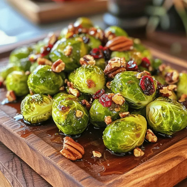 - 1 pound Brussels sprouts, trimmed and halved - 3 tablespoons olive oil - 2 tablespoons honey - 1 tablespoon balsamic vinegar - 1 teaspoon crushed red pepper flakes - 1/2 teaspoon garlic powder - Salt and pepper to taste - 1/4 cup chopped pecans - 1/4 cup dried cranberries In this recipe, we focus on fresh Brussels sprouts. Choose firm sprouts that feel heavy. Trim the ends and cut them in half. This helps them cook evenly. I use olive oil for a rich flavor. Honey adds sweetness, while balsamic vinegar brings a tangy note. The combination makes each bite tasty. For seasonings, crushed red pepper flakes give a gentle heat. Garlic powder adds depth. Always adjust salt and pepper to your taste. You can add chopped pecans for crunch and dried cranberries for sweetness. These add-ins make the dish more fun and colorful. This recipe is truly special. You can try it for a quick weeknight meal or a big dinner party. It’s easy to follow, and you’ll impress everyone. Check out the full recipe for all the steps to create this savory dish. - Preheat your oven to 425°F (220°C). - In a large bowl, combine the halved Brussels sprouts with olive oil, honey, balsamic vinegar, crushed red pepper flakes, garlic powder, salt, and pepper. Toss well until the Brussels sprouts are evenly coated. - Arrange the coated Brussels sprouts in a single layer on a baking sheet. - Roast them for 20-25 minutes, stirring halfway through. You want them golden brown and crispy on the edges. - If you like, include pecans and cranberries for the last 5 minutes of roasting. This adds a nice crunch and sweetness. - Once done, cool slightly before serving. Enjoy your savory and simple dish! For the full recipe, check out the details above. To get the best Brussels sprouts, you need to coat them well. Use enough oil and seasoning. This helps them cook evenly. I suggest roasting them at 425°F (220°C). This high heat gives you crispy edges and soft insides. Roast for about 20 to 25 minutes. Stir them halfway through for even cooking. For a great presentation, serve your sprouts on a large platter. Drizzle with any leftover honey. Add extra pecans and cranberries to make it colorful. These Brussels sprouts pair well with chicken, fish, or beef. They also make a tasty side for a big salad. One big mistake is not preheating your oven. Always preheat before roasting to get the best texture. Another mistake is overcrowding the baking sheet. If the sprouts are too close, they steam instead of roast. Give them space to get crispy and brown. {{image_2}} You can easily change the taste of your roasted Brussels sprouts. One great option is lemon garlic roasted Brussels sprouts. Just add lemon juice and minced garlic to the mix before roasting. This brings a fresh and zesty flavor. Another tasty option is to sprinkle Parmesan cheese and herbs on top. After roasting, add grated Parmesan and your favorite herbs. This gives a rich and savory twist that pairs well with the sprouts. You can cook Brussels sprouts in different ways. An air fryer is a fast and easy method. It cooks the sprouts quickly while keeping them crispy. Simply toss them in oil and seasonings, then cook at a high temperature. Grilling Brussels sprouts is also a fun choice. The grill adds a smoky flavor that is hard to beat. Just skewer the halved sprouts or use a grill basket. Brush them with oil and grill until tender and slightly charred. If you follow a vegan diet, you can easily adapt this recipe. Use maple syrup instead of honey. This keeps the sweetness without using animal products. For gluten-free diets, check your balsamic vinegar. Most are gluten-free, but always read labels. You can also make low-carb Brussels sprouts. Simply skip any sweeteners or use a low-carb substitute. Focus on seasoning with herbs and spices for flavor. Explore these variations to find your perfect Brussels sprouts recipe! For the full recipe, check out the Sweet & Spicy Oven Roasted Brussels Sprouts section. After enjoying your sweet and spicy oven roasted Brussels sprouts, you may want to save some for later. To store your leftovers, let them cool down first. Place them in an airtight container. This keeps them fresh and tasty. You can refrigerate them for up to four days. If you want to enjoy them beyond that, consider freezing. When it’s time to enjoy your Brussels sprouts again, you have two options: the oven or the microwave. The oven gives the best results. Preheat it to 350°F (175°C). Spread the sprouts on a baking sheet. Heat for about 10-15 minutes until they’re warm and crisp. If you use the microwave, place them in a microwave-safe dish. Cover with a microwave-safe lid or wrap. Heat in short bursts of 30 seconds. This way, you keep them moist without losing texture. If you want to freeze your Brussels sprouts, it's best to do it before cooking. Clean and trim them, then blanch in boiling water for two minutes. Quickly cool them in ice water. Drain and pack in freezer bags. Squeeze out as much air as possible before sealing. They can last up to six months in the freezer. If you freeze them after roasting, let them cool first. Place them in airtight containers or freezer bags. When you’re ready to eat, thaw them in the fridge overnight. Then, reheat as mentioned above. Enjoy your tasty Brussels sprouts anytime! For the full recipe, check out the Sweet & Spicy Oven Roasted Brussels Sprouts recipe. Roast Brussels sprouts for 20 to 25 minutes. Start by preheating your oven to 425°F (220°C). Place them on a baking sheet in a single layer. Stir them halfway through cooking. This helps them roast evenly. Look for a golden brown color and crispy edges. If they aren’t brown enough, keep roasting for a few more minutes. You can use frozen Brussels sprouts, but fresh ones taste better. Fresh sprouts have a firmer texture and more flavor. Frozen sprouts may be softer after cooking. If you use frozen, thaw them first and pat them dry. This will help remove excess moisture and keep them from becoming mushy. Roasted Brussels sprouts pair well with many dishes. Try serving them with grilled chicken or fish. They also go great with steak or pork. For a vegetarian meal, serve them alongside quinoa or a grain salad. You can also add them to a warm pasta dish for extra flavor and nutrition. To get crispy Brussels sprouts, follow some simple tips. First, make sure they are fully coated with oil. This helps them crisp up in the oven. Spread them out on the baking sheet without overlapping. This allows hot air to circulate. If you want extra crunch, use high heat and roast them longer. Stirring halfway through also helps them brown evenly. Roasting Brussels sprouts can be easy and fun. We covered the main ingredients, from sprouts to olive oil and honey. You learned how to prepare, roast, and add extras for flavor. I shared tips for the best cooking methods, common mistakes to avoid, and ideas for serving. Try out my variations to enjoy new flavors. Storing and reheating these tasty veggies is simple too. Enjoy your delicious Brussels sprouts and impress everyone at your table!