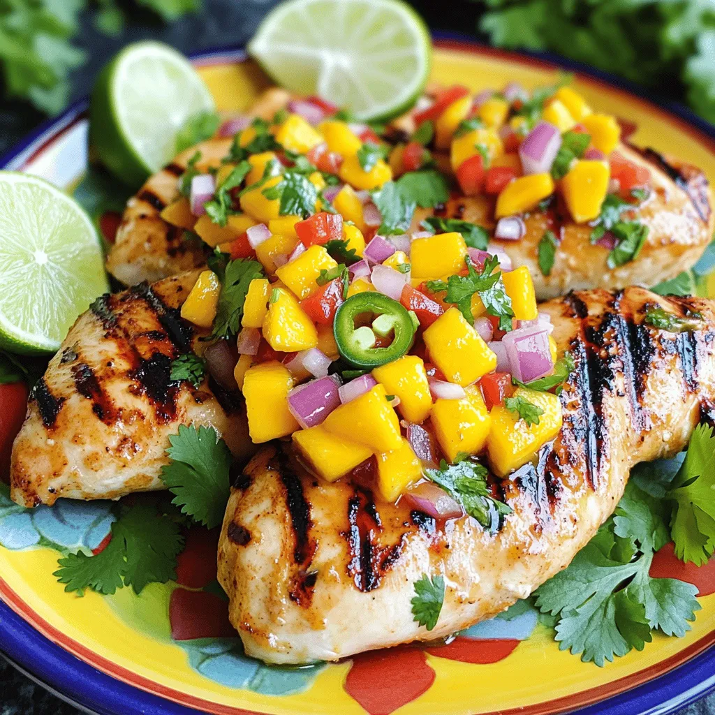 - 4 boneless, skinless chicken breasts - 1 ripe mango, diced - 1 small red onion, finely chopped - 1 red bell pepper, diced - 1 jalapeño, seeded and minced - 1/4 cup fresh cilantro, chopped - Juice of 2 limes - 2 tablespoons olive oil - 1 teaspoon ground cumin - Salt and pepper to taste Mango Salsa Chicken is healthy and balanced. Each serving has about: - Calories: 300 - Protein: 30g - Fat: 12g - Carbohydrates: 20g - Fiber: 2g Mango Salsa Chicken bursts with fresh flavors. The chicken is juicy and tender. The mango adds sweetness, while the jalapeño gives a spicy kick. The lime juice brightens the dish. Each bite mixes sweet, spicy, and tangy. The salsa's crunch from the onion and bell pepper balances the chicken's softness. This dish feels like a sunny day on a plate! For the full recipe, check out the detailed instructions. 1. Preheating the grill Start by preheating your grill to medium-high heat. This helps the chicken cook evenly and get those nice grill marks. 2. Preparing the mango salsa In a medium bowl, mix the diced mango, chopped red onion, diced red bell pepper, minced jalapeño, and chopped cilantro. Squeeze the juice of one lime over the mix. Add salt and pepper to taste, then stir well. Set this aside while you prepare the chicken. 1. Coating chicken breasts with olive oil mixture In a separate bowl, mix two tablespoons of olive oil, the juice of the second lime, ground cumin, salt, and pepper. Rub this mixture evenly over each chicken breast. This adds flavor and helps keep the chicken moist. 2. Grilling instructions Place the coated chicken on the grill. Cook for about 6-7 minutes on each side. The chicken should reach an internal temperature of 165°F (75°C). You want it to be nicely charred on the outside but juicy inside. 1. How to plate the dish Slice the grilled chicken after letting it rest for 5 minutes. Serve it on a colorful plate. Top generously with the mango salsa for a burst of flavor. 2. Recommended garnishes Add some lime wedges on the side and sprinkle extra cilantro on top. These little touches make the dish look fresh and vibrant. For the full recipe, you can refer back to the main section. Enjoy your Mango Salsa Chicken! To ensure your chicken is cooked right, use a meat thermometer. Aim for 165°F (75°C) at the thickest part. This keeps the meat safe and juicy. To keep chicken moist, marinate it in olive oil and lime juice. This adds flavor and helps it stay tender on the grill. Choosing the right mango is key for great flavor. Look for a fruit that feels slightly soft and smells sweet. This means it's ripe and ready to eat. To enhance the salsa, try adding a pinch of salt. You can also mix in a dash of chili powder or cumin for extra flavor. To store leftover chicken and salsa, place them in airtight containers. Keep them in the fridge for up to three days. If you want to store the chicken longer, freeze it. Just make sure to wrap it well. Salsa can be frozen, too, but it might lose some crunch. Enjoy the full recipe for tasty Mango Salsa Chicken! {{image_2}} You can easily switch the chicken for shrimp or tofu. Both options work well and add their own taste. Shrimp cooks fast and gets a nice char. Tofu is great for a plant-based meal. Just marinate it like the chicken for flavor. For the salsa, you can swap the mango with other fruits. Pineapple or peaches add a sweet twist. You could also try papaya for a tropical touch. Each fruit brings a different flavor and texture. Adjust the spice level to fit your taste. If you like mild, skip the jalapeño or use just a little. For medium heat, keep the jalapeño with seeds. If you want it hot, add diced serrano peppers or a pinch of cayenne. You can also serve extra spicy salsa on the side. This lets everyone control their heat level at the table. Serve Mango Salsa Chicken in fun ways. Tacos are a great option. Just slice the chicken and pile it into tortillas with salsa. You can add avocado, cheese, or sour cream for extra flavor. Another option is to serve it over a fresh salad. Use mixed greens, cherry tomatoes, and cucumber. This creates a light, colorful meal. For a bigger meal, plate it as a platter. Arrange the chicken and salsa with lime wedges and extra cilantro. This makes a beautiful display for a gathering. For the full recipe, check out the details above. To keep your Mango Salsa Chicken fresh, store it in an airtight container. For best results, place it in the fridge. Make sure the chicken is cool before sealing it up. You can also freeze leftovers. Wrap the chicken tightly in plastic wrap and then in foil. This keeps the chicken safe for up to three months. Leftover Mango Salsa Chicken lasts for about three to four days in the fridge. If you freeze it, you can keep it for about three months. Always check for any off smells or changes in color before eating leftovers. If it looks or smells funny, throw it away. To reheat, the best method is to use the oven. Preheat it to 350°F (175°C). Place the chicken in a baking dish and cover with foil. Heat for about 15-20 minutes. This keeps the chicken moist. You can also use a microwave. Place the chicken on a microwave-safe plate and cover it. Heat in short bursts, checking often. This helps avoid drying out the chicken. For the full recipe, check out the Mango Salsa Chicken 🥭 section above. Yes, you can prepare Mango Salsa Chicken ahead of time. You can marinate the chicken breasts in the olive oil mixture for up to 24 hours. This step makes the chicken extra tasty. The mango salsa can also sit in the fridge for up to 2 days. Just keep it in an airtight container. The flavors will blend well together. Always remember to store them separately until you are ready to serve. Mango Salsa Chicken pairs well with many sides. Here are my top picks: - Rice: White or brown rice works well. - Beans: Black beans or pinto beans add protein. - Vegetables: Grilled or roasted veggies add color and nutrients. - Salad: A fresh green salad balances the dish. - Tortillas: Serve with warm tortillas for a fun twist. These sides add variety and flavor to your meal. Yes, this recipe is healthy! Here are some reasons why: - Lean protein: Chicken breasts are low in fat and high in protein. - Fresh ingredients: The mango, peppers, and onions are full of vitamins. - Healthy fats: Olive oil provides good fats that are heart-friendly. - Low in carbs: This dish has fewer carbs, making it light. Mango Salsa Chicken is a balanced meal that tastes great and nourishes your body. For the full recipe, check out the earlier section! Mango Salsa Chicken is a fun dish filled with vibrant flavors. You learned about the fresh ingredients and how they come together. The steps to prepare, cook, and serve are simple and clear. Tips and tricks help ensure your chicken stays moist and tasty. Whether you keep it mild or turn up the heat, it’s a delightful meal. Remember to store leftovers properly for later enjoyment. This dish is not just healthy, it's also easy to share with family and friends. Enjoy crafting this recipe and making it your own!