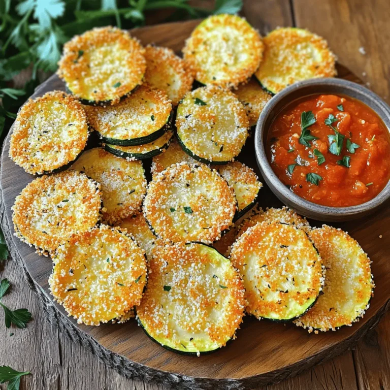- 2 medium zucchinis - 1 cup grated Parmesan cheese - 1 cup breadcrumbs - 2 large eggs - Olive oil spray - 1 teaspoon garlic powder - 1 teaspoon onion powder - 1 teaspoon dried oregano - Salt and pepper to taste - Fresh parsley - Marinara sauce or garlic aioli To make crispy Parmesan zucchini chips, start with the best ingredients. Zucchini is the star. Choose firm, fresh zucchinis for the best texture. Grated Parmesan cheese adds a sharp, salty flavor that makes these chips irresistible. I like to use Panko breadcrumbs because they create extra crunch. Seasonings bring life to the dish. Garlic powder adds depth, while onion powder gives a sweet touch. Dried oregano adds an earthy flavor that rounds out the mix. Don’t forget salt and pepper. They enhance all the flavors. For a lovely finish, consider optional garnishes. Fresh parsley adds color and brightness. Marinara sauce or garlic aioli makes great dips. These extra touches elevate your crispy zucchini chips, making them a true delight. For the complete cooking instructions, check out the Full Recipe. - Preheat the oven to 425°F (220°C). - Slice zucchini into thin rounds. Start by heating your oven. This helps the zucchini chips become nice and crispy. Use a sharp knife to cut the zucchini. Aim for thin, even slices. This ensures they cook well and get crunchy. - Mix Parmesan cheese, breadcrumbs, and seasonings. - Dip zucchini slices in beaten eggs. In a bowl, combine the grated Parmesan, breadcrumbs, and spices. This mix gives the chips great flavor. In another bowl, beat the eggs. Grab a zucchini slice, dip it in the eggs, then coat it in the cheese and breadcrumb mix. Press gently to make sure it sticks well. - Arrange coated slices on a baking sheet. - Bake for 20-25 minutes, flipping halfway. Lay the coated slices on a baking sheet. Spread them out so they don’t touch. This helps them cook evenly. Bake in the hot oven for 20 to 25 minutes. Flip them halfway through for even crispiness. When they are golden brown, they are ready to enjoy. For the full recipe, check the details above. To achieve the best crunch in your crispy Parmesan zucchini chips, follow these tips: - Use Panko breadcrumbs: Panko adds extra crunch and lightness compared to regular breadcrumbs. - Spray with olive oil: A light spray helps the chips crisp up beautifully during baking. To elevate the flavor of your zucchini chips, consider these additions: - Add crushed red pepper for spice: A pinch of crushed red pepper gives your chips a nice kick. - Experiment with different herbs: Feel free to try herbs like thyme or basil to change things up. Serving your crispy zucchini chips can be fun and creative: - Pair with dips like marinara sauce: Marinara complements the cheese and adds a tasty twist. - Garnish with fresh herbs: Chopped parsley or basil adds color and a fresh taste. For a full recipe, check out the [Full Recipe]. {{image_2}} You can switch up the cheese in this recipe. Try using cheddar for a sharp taste. You can also use mozzarella for a milder flavor. If you want to change the main veggie, use eggplant or yellow squash instead. These options add unique flavors and textures. For a quicker cooking time, use an air fryer. It gives you crispy chips in less time. Simply follow the same coating process and air fry them for about 10-15 minutes. If you want a different texture, try pan-frying. Heat some olive oil in a skillet and fry the coated zucchini until golden. This method adds a nice crunch and flavor. You can make these chips even more fun by adding seasonal spices. In fall, sprinkle in some pumpkin spice for a warm flavor. During summer, use fresh herbs like basil or thyme. These herbs enhance the taste and pair nicely with the zucchini. Keep your crispy zucchini chips in an airtight container. They stay fresh in the fridge for up to 3 days. This helps maintain their flavor and crunch. You can freeze your zucchini chips for later use. Freeze them uncooked or cooked. If you freeze them uncooked, they will keep their texture better when baked later. To reheat, use your oven. This method keeps the chips crispy and delicious. Set your oven to 350°F (175°C) and bake for about 10 minutes. Avoid microwaving your chips. Microwaving can make them soggy. You want that perfect crunch! For the full recipe, check out the Crispy Parmesan Zucchini Chips section above. To make your zucchini chips crispy, start by removing moisture. - Slice thinly: Cut zucchini into thin rounds for even cooking. - Salt them: Sprinkle salt on slices and let them sit for 15-20 minutes. This helps draw out moisture. - Dry thoroughly: Pat the slices dry with paper towels. Moisture leads to soggy chips. - Use Panko: Panko breadcrumbs give extra crunch. - Avoid overcrowding: Spread them out on the baking sheet. Chips need space to crisp up. - Spray with oil: Lightly spray the tops with olive oil before baking. Yes! You can use many vegetables instead of zucchini. Try these: - Eggplant: It has a similar texture. - Sweet potatoes: They add a sweet flavor. - Carrots: These become sweet and crunchy. - Kale: For a green chip, bake kale leaves. Experiment with your favorites to find new flavors! Dipping sauces can boost flavor. Here are some tasty pairings: - Marinara sauce: Great for a classic combo. - Garlic aioli: Creamy and rich, it adds depth. - Ranch dressing: A fun, tangy option. - Spicy salsa: For a fresh kick. You can also try hummus for a healthy spin! This blog gave you a detailed guide on making crispy zucchini chips. Starting with simple ingredients like zucchini and Parmesan, the steps are easy to follow. You learned tips for achieving the best crunch and storing them well. Feel free to explore variations with different veggies or flavors. These chips are tasty and fun to share. Enjoy your cooking adventure and impress others with your crunchy treats!