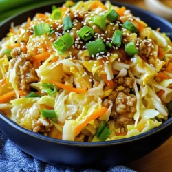 - Ground chicken (or turkey) - Coleslaw mix (cabbage and carrots) - Garlic and ginger The main ingredients make this dish shine. I often use ground chicken, but turkey is great too. It is lean and cooks nicely. Coleslaw mix is my favorite for this recipe. It has shredded cabbage and carrots, adding crunch and color. Garlic and ginger bring a lovely aroma. They make the dish flavorful and vibrant. - Soy sauce (or tamari) - Rice vinegar - Honey (or maple syrup) The sauce is key to Egg Roll in a Bowl. I recommend soy sauce for a savory kick. If you need it gluten-free, tamari works well. Rice vinegar adds a nice tang. Honey or maple syrup sweetens it just right. The balance of sweet and salty makes it delicious. - Green onions - Sesame seeds - Salt and pepper Garnishes elevate the look and taste of this dish. I love adding sliced green onions for freshness. Sesame seeds give a nutty crunch. A sprinkle of salt and pepper enhances the flavors. You can mix and match these garnishes to make it your own. For the full recipe, check out the details above! Start by heating sesame oil in a large skillet over medium-high heat. This oil gives a nice flavor. Add minced garlic and grated ginger to the skillet. Sauté them for about 30 seconds. You want to smell the aroma! Next, add the ground chicken. Cook it while breaking it up with a spoon. Keep cooking until it is browned and fully cooked, which takes about 5 to 7 minutes. Now, it's time to stir in the coleslaw mix. This mix usually has cabbage and carrots. Cook it for about 3 to 4 minutes. You want the cabbage to wilt but still keep a little crunch. This gives your dish texture and color. In a small bowl, whisk together soy sauce, rice vinegar, and honey. Pour this sauce over the chicken and veggies in the skillet. Season with salt and pepper to taste. Make sure to stir well to combine everything. Cook for another minute or two. This allows all the flavors to meld perfectly together. Finally, remove from heat. Stir in sliced green onions and sesame seeds for extra flavor and crunch. You can find the full recipe to follow these steps easily! To cook the chicken well, use medium-high heat. This method helps the meat brown nicely. Stir the chicken often to break it apart. Cook it until there is no pink left, about five to seven minutes. Use a food thermometer if needed; the internal temp should reach 165°F. To keep the coleslaw crunchy, add it towards the end of cooking. Stir it in for just three to four minutes. You want the cabbage to wilt lightly but still have a bite to it. This keeps the texture fresh and adds a nice contrast to the chicken. For more flavor, try adding spices like red pepper flakes or five-spice powder. These options can really elevate your dish. You can also toss in a splash of lime juice for brightness. If you want more sweetness, increase the honey slightly. For saltiness, adjust the soy sauce to your taste. When serving, use deep bowls for a nice presentation. Garnish with extra green onions and sesame seeds for color. For added crunch, sprinkle crispy wonton strips on top. This makes the dish look great and taste even better. Serve with a side of rice or quinoa for a filling meal. {{image_2}} For a fun twist, try using tofu instead of chicken. Tofu adds a great texture. Press it first to remove extra water. This helps it absorb flavors better. You can also switch up the meat. Ground pork or beef are great alternatives. If you love seafood, shrimp works too! Each choice gives a new taste to the dish. If you need a gluten-free option, use tamari instead of soy sauce. Tamari tastes similar but is safe for gluten-free diets. Want to cut carbs? Use cauliflower rice or zucchini noodles instead of coleslaw mix. This keeps the meal low-carb and still full of flavor. To change the flavor, explore different sauces. Try hoisin or peanut sauce for a unique spin. If you like heat, add chili flakes or a splash of sriracha. These small changes can take your Egg Roll in a Bowl to a whole new level. To store your Egg Roll in a Bowl, let it cool first. Place it in an airtight container. This keeps it fresh in the fridge for up to four days. If you want to keep it longer, freezing is a great option. Freeze it in a freezer-safe bag or container for up to three months. This way, you can enjoy it later! When you’re ready to eat, use the microwave for quick reheating. Heat it for about one to two minutes. Stir halfway through for even warming. You can also use a skillet on medium heat. This helps keep the texture and flavor intact. Just add a splash of water to prevent drying out. Egg Roll in a Bowl stays fresh in the fridge for about four days. If you see any signs of spoilage, like a bad smell or strange color, it’s best to toss it out. Always trust your senses! Keeping track of how long it’s been stored helps you enjoy it at its best. What is Egg Roll in a Bowl? Egg Roll in a Bowl is a deconstructed version of a classic egg roll. It has all the same great flavors but in a simple stir-fry. You cook ground meat, coleslaw mix, and seasonings in one pan. It’s fast, easy, and full of flavor. Is it healthier than traditional egg rolls? Yes, Egg Roll in a Bowl is often healthier than traditional egg rolls. It skips the deep-frying, which cuts down on fat. You get more veggies in each bite, too. Plus, you control the ingredients and can choose lean meats. Can you make it ahead of time? You can make Egg Roll in a Bowl ahead of time. Just cook the dish, let it cool, and store it in the fridge. It’s great for meal prep. Reheat it when you’re ready to eat. The flavors will still taste fresh. What can I use instead of coleslaw mix? If you don't have coleslaw mix, use shredded cabbage and carrots. You can also try broccoli slaw or even spinach. Any mix of crunchy veggies works well in this dish. Are there any common allergies to consider? Yes, common allergies include soy (from soy sauce) and sesame (from sesame oil). If you have allergies, look for alternatives, like coconut aminos or olive oil. Always check labels to be safe. Can I use pre-cooked chicken to save time? Absolutely! Pre-cooked chicken is a great time saver. Just heat it up in the skillet and then add the veggies and sauce. This cuts down on your cooking time even more. For detailed instructions and a full list of ingredients, check out the Full Recipe. This blog gave you a clear guide on making Egg Roll in a Bowl. We covered ingredients, cooking steps, tips, variations, and storage. You learned how to mix flavors and keep crunch in the veggies. You can easily customize this dish to fit your diet. Try out these ideas and enjoy a tasty meal. It’s quick, healthy, and fun to make. Explore your options and make your own version. Happy cooking!