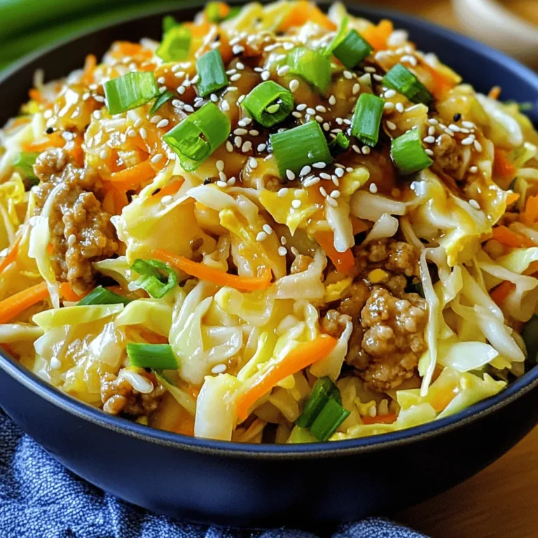 - Ground chicken (or turkey) - Coleslaw mix (cabbage and carrots) - Garlic and ginger The main ingredients make this dish shine. I often use ground chicken, but turkey is great too. It is lean and cooks nicely. Coleslaw mix is my favorite for this recipe. It has shredded cabbage and carrots, adding crunch and color. Garlic and ginger bring a lovely aroma. They make the dish flavorful and vibrant. - Soy sauce (or tamari) - Rice vinegar - Honey (or maple syrup) The sauce is key to Egg Roll in a Bowl. I recommend soy sauce for a savory kick. If you need it gluten-free, tamari works well. Rice vinegar adds a nice tang. Honey or maple syrup sweetens it just right. The balance of sweet and salty makes it delicious. - Green onions - Sesame seeds - Salt and pepper Garnishes elevate the look and taste of this dish. I love adding sliced green onions for freshness. Sesame seeds give a nutty crunch. A sprinkle of salt and pepper enhances the flavors. You can mix and match these garnishes to make it your own. For the full recipe, check out the details above! Start by heating sesame oil in a large skillet over medium-high heat. This oil gives a nice flavor. Add minced garlic and grated ginger to the skillet. Sauté them for about 30 seconds. You want to smell the aroma! Next, add the ground chicken. Cook it while breaking it up with a spoon. Keep cooking until it is browned and fully cooked, which takes about 5 to 7 minutes. Now, it's time to stir in the coleslaw mix. This mix usually has cabbage and carrots. Cook it for about 3 to 4 minutes. You want the cabbage to wilt but still keep a little crunch. This gives your dish texture and color. In a small bowl, whisk together soy sauce, rice vinegar, and honey. Pour this sauce over the chicken and veggies in the skillet. Season with salt and pepper to taste. Make sure to stir well to combine everything. Cook for another minute or two. This allows all the flavors to meld perfectly together. Finally, remove from heat. Stir in sliced green onions and sesame seeds for extra flavor and crunch. You can find the full recipe to follow these steps easily! To cook the chicken well, use medium-high heat. This method helps the meat brown nicely. Stir the chicken often to break it apart. Cook it until there is no pink left, about five to seven minutes. Use a food thermometer if needed; the internal temp should reach 165°F. To keep the coleslaw crunchy, add it towards the end of cooking. Stir it in for just three to four minutes. You want the cabbage to wilt lightly but still have a bite to it. This keeps the texture fresh and adds a nice contrast to the chicken. For more flavor, try adding spices like red pepper flakes or five-spice powder. These options can really elevate your dish. You can also toss in a splash of lime juice for brightness. If you want more sweetness, increase the honey slightly. For saltiness, adjust the soy sauce to your taste. When serving, use deep bowls for a nice presentation. Garnish with extra green onions and sesame seeds for color. For added crunch, sprinkle crispy wonton strips on top. This makes the dish look great and taste even better. Serve with a side of rice or quinoa for a filling meal. {{image_2}} For a fun twist, try using tofu instead of chicken. Tofu adds a great texture. Press it first to remove extra water. This helps it absorb flavors better. You can also switch up the meat. Ground pork or beef are great alternatives. If you love seafood, shrimp works too! Each choice gives a new taste to the dish. If you need a gluten-free option, use tamari instead of soy sauce. Tamari tastes similar but is safe for gluten-free diets. Want to cut carbs? Use cauliflower rice or zucchini noodles instead of coleslaw mix. This keeps the meal low-carb and still full of flavor. To change the flavor, explore different sauces. Try hoisin or peanut sauce for a unique spin. If you like heat, add chili flakes or a splash of sriracha. These small changes can take your Egg Roll in a Bowl to a whole new level. To store your Egg Roll in a Bowl, let it cool first. Place it in an airtight container. This keeps it fresh in the fridge for up to four days. If you want to keep it longer, freezing is a great option. Freeze it in a freezer-safe bag or container for up to three months. This way, you can enjoy it later! When you’re ready to eat, use the microwave for quick reheating. Heat it for about one to two minutes. Stir halfway through for even warming. You can also use a skillet on medium heat. This helps keep the texture and flavor intact. Just add a splash of water to prevent drying out. Egg Roll in a Bowl stays fresh in the fridge for about four days. If you see any signs of spoilage, like a bad smell or strange color, it’s best to toss it out. Always trust your senses! Keeping track of how long it’s been stored helps you enjoy it at its best. What is Egg Roll in a Bowl? Egg Roll in a Bowl is a deconstructed version of a classic egg roll. It has all the same great flavors but in a simple stir-fry. You cook ground meat, coleslaw mix, and seasonings in one pan. It’s fast, easy, and full of flavor. Is it healthier than traditional egg rolls? Yes, Egg Roll in a Bowl is often healthier than traditional egg rolls. It skips the deep-frying, which cuts down on fat. You get more veggies in each bite, too. Plus, you control the ingredients and can choose lean meats. Can you make it ahead of time? You can make Egg Roll in a Bowl ahead of time. Just cook the dish, let it cool, and store it in the fridge. It’s great for meal prep. Reheat it when you’re ready to eat. The flavors will still taste fresh. What can I use instead of coleslaw mix? If you don't have coleslaw mix, use shredded cabbage and carrots. You can also try broccoli slaw or even spinach. Any mix of crunchy veggies works well in this dish. Are there any common allergies to consider? Yes, common allergies include soy (from soy sauce) and sesame (from sesame oil). If you have allergies, look for alternatives, like coconut aminos or olive oil. Always check labels to be safe. Can I use pre-cooked chicken to save time? Absolutely! Pre-cooked chicken is a great time saver. Just heat it up in the skillet and then add the veggies and sauce. This cuts down on your cooking time even more. For detailed instructions and a full list of ingredients, check out the Full Recipe. This blog gave you a clear guide on making Egg Roll in a Bowl. We covered ingredients, cooking steps, tips, variations, and storage. You learned how to mix flavors and keep crunch in the veggies. You can easily customize this dish to fit your diet. Try out these ideas and enjoy a tasty meal. It’s quick, healthy, and fun to make. Explore your options and make your own version. Happy cooking!