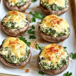 - 16 large cremini or button mushrooms - 1 cup fresh spinach - 1 cup cream cheese - 1/2 cup grated Parmesan cheese - 1/2 cup shredded mozzarella cheese - 2 cloves garlic - 1/4 teaspoon red pepper flakes - Olive oil - Salt and pepper to taste - Fresh parsley for garnish When making cheesy spinach stuffed mushrooms, you want the freshest ingredients. Start with 16 large cremini or button mushrooms. They hold the filling well and taste great. Chop 1 cup of fresh spinach. This adds color and a healthy touch. Next, grab 1 cup of cream cheese. It gives the filling a rich and creamy texture. You will also need 1/2 cup each of grated Parmesan cheese and shredded mozzarella cheese. Together, they create a cheesy, gooey delight. For flavor, use 2 cloves of minced garlic. It brings depth to the dish. If you like a little heat, add 1/4 teaspoon of red pepper flakes. Adjust salt and pepper to your taste. Lastly, drizzle some olive oil for cooking and garnish with fresh parsley. These ingredients make the perfect cheesy spinach stuffed mushrooms. For the complete process, check the Full Recipe. - Preheat the oven to 375°F (190°C). - Prepare the mushrooms by removing stems. This lets us fill them well. - Heat a skillet and add olive oil. Sauté minced garlic for one minute. - Add chopped spinach to the skillet. Cook until it wilts, about 2-3 minutes. - In a bowl, mix the cream cheese, Parmesan cheese, mozzarella cheese, and seasonings. Add the sautéed spinach and stir. - Stuff each mushroom cap with the cheese mixture. Fill them generously. - Place the stuffed mushrooms on a baking sheet. Drizzle with olive oil. - Bake for 20-25 minutes. The mushrooms should be soft and the filling golden. For more details, check the Full Recipe. Select large cremini or button mushrooms for the best results. These types have a sturdy cap that holds the filling well. When picking mushrooms, look for smooth, firm skin. Avoid any that feel slimy or look dry. Fresh mushrooms should have a pleasant, earthy smell. Mixing your cheese ingredients is key. Start with softened cream cheese for a smooth blend. Gradually add in grated Parmesan and shredded mozzarella. Feel free to adjust the flavors to your taste. If you like it spicy, add more red pepper flakes. If you prefer a milder taste, skip them altogether. For gatherings, arrange the stuffed mushrooms on a nice platter. This makes them look inviting. You can sprinkle fresh parsley on top for color. It adds a nice touch and makes the dish pop. These small details make a big difference when serving your Cheesy Spinach Stuffed Mushrooms. Don't forget to check the Full Recipe for more tips! {{image_2}} You can switch up your cheeses for new tastes. Try goat cheese for a tangy twist. Feta cheese also works well, giving a salty kick. If you want more creaminess, cream cheese blends beautifully with any cheese. For veggies, you can add chopped artichokes or sun-dried tomatoes. These add a burst of flavor. Bell peppers or zucchini can also be stuffed in. They contribute a nice crunch and flavor. To make these mushrooms gluten-free, avoid breadcrumbs if you use any. Focus on the cheese and spinach mix. This keeps the dish tasty without gluten. For vegan options, swap cream cheese with cashew cheese or tofu. Nutritional yeast can give that cheesy flavor. Use plant-based mozzarella for a melty effect. These adjustments ensure everyone enjoys the dish. Adding herbs can enhance the flavors. Try fresh basil or oregano for a garden taste. A sprinkle of thyme gives a warm, earthy note. You can also play with spices. A pinch of smoked paprika adds depth. For a kick, add cayenne pepper or more red pepper flakes. Toppings matter too. A sprinkle of breadcrumbs can add crunch. You could also drizzle balsamic glaze for sweetness. Every tweak opens up new taste possibilities. To keep your cheesy spinach stuffed mushrooms fresh, store them in the fridge. Place the leftovers in an airtight container. This helps prevent any strong odors. They will last for about 3 to 4 days in the fridge. If you want to enjoy them later, remember to cool them down before sealing. For long-term storage, you can freeze the stuffed mushrooms. First, let them cool completely. Then, place them on a baking sheet in a single layer. Freeze them until solid. Once frozen, transfer them to a freezer bag. They can stay good for up to 2 months. To reheat, bake them straight from the freezer. Just add a few extra minutes to the baking time. Leftover mushrooms are great for quick meals. You can chop them up and add them to pasta or salads. They also make a tasty topping for pizza. Pair them with your favorite sauces or dips for an easy snack. Enjoy the flavors of cheesy spinach stuffed mushrooms in new ways! For the full recipe, check out the main content. You can prep these stuffed mushrooms a day before your event. First, make the filling and stuff the mushrooms. Place them in a baking dish and cover with plastic wrap. Store them in the fridge overnight. Just remember to take them out an hour before baking. This allows them to come to room temperature. When you're ready, bake as directed in the Full Recipe. They will taste fresh and delicious! These stuffed mushrooms pair well with many dishes. Serve them with a light salad for a fresh touch. A side of garlic bread complements the cheese flavors nicely. If you want a drink, try a crisp white wine. Sparkling water with lemon also works great. These options enhance your meal while keeping it simple. Yes, frozen spinach can work well in this recipe. Just make sure to thaw it first and drain any extra water. This helps avoid a soggy filling. Fresh spinach has a brighter taste and better texture, but frozen is a good backup. Both options are nutritious and tasty. Whatever you choose, your stuffed mushrooms will still be a hit! This blog post covered making Cheesy Spinach Stuffed Mushrooms. We explored the key ingredients, preparation steps, and cooking methods. I shared tips for choosing the best mushrooms and how to create a perfect filling. You can even experiment with various ingredients and flavors. In the end, these stuffed mushrooms are tasty and easy to make. Enjoy them at your next gathering or meal. They will impress everyone and make you proud. Happy cooking!