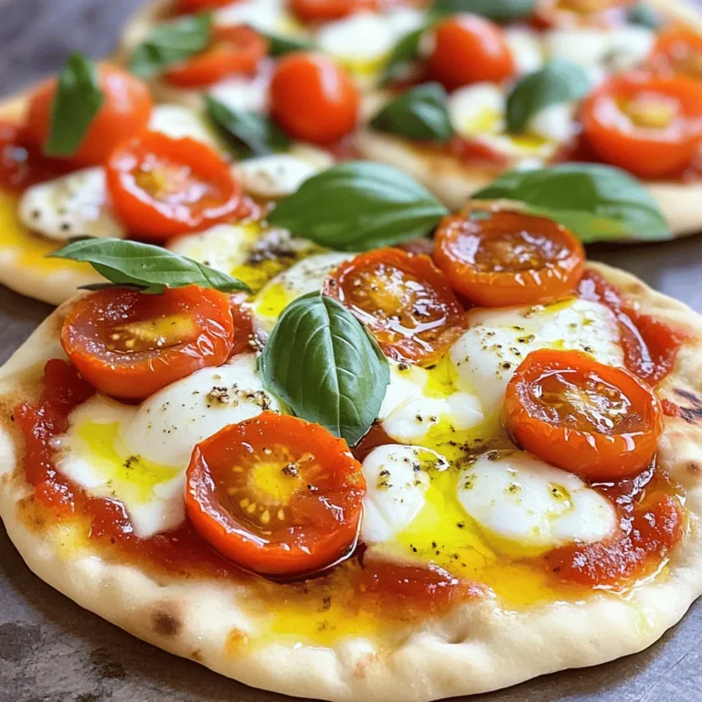- 2 store-bought flatbreads or naan - 1 cup marinara sauce (homemade or high-quality store-bought) - 1 1/2 cups fresh mozzarella cheese, sliced - 1 cup cherry tomatoes, halved - Fresh basil leaves, for garnish - 1 tablespoon extra virgin olive oil - Salt and pepper to taste - 1 teaspoon dried oregano (optional) You can easily swap out the marinara sauce for pizza sauce if you prefer. If you want a richer taste, use burrata instead of mozzarella. If you need a dairy-free option, try a vegan cheese that melts well. - Baking sheet - Parchment paper - Oven thermometer (optional) Using a baking sheet keeps the flatbreads flat and even. Parchment paper helps prevent sticking. An oven thermometer can ensure your oven stays at the right temperature. This way, your flatbreads will cook evenly and taste great! To make your flatbreads crispy and tasty, start by preheating your oven to 450°F (232°C). This heat makes the cheese melt nicely and the edges crisp. While the oven heats, choose your flatbreads. I like using store-bought naan or thin pita bread. They work well and save time. Now, let’s spread the marinara sauce. Use about 1 cup for two flatbreads. Make sure to leave a small border around the edges. This keeps the sauce from spilling over during baking. Next, layer the fresh mozzarella cheese on top. You need about 1 ½ cups, sliced evenly. The more cheese, the creamier the flatbread! Then, scatter 1 cup of halved cherry tomatoes over the cheese. Season with salt, pepper, and 1 teaspoon of dried oregano if you want extra flavor. Finally, drizzle 1 tablespoon of extra virgin olive oil over the top. This adds richness to your dish. Now, it’s time to bake! Place your flatbreads on a baking sheet lined with parchment paper. Bake them for about 10-12 minutes. Keep an eye on them. You’ll know they are done when the cheese is melted and bubbly, and the edges are golden brown. When they are ready, take them out of the oven and let them cool for a minute. This helps the cheese set a bit. Before you slice them into wedges, add fresh basil leaves for a pop of color and flavor. For the full recipe, you can refer to the earlier section. Enjoy your Quick Margherita Flatbread! To keep your flatbread from getting soggy, use less sauce. Spread a thin layer of marinara sauce. This helps the bread stay crisp. Also, bake the flatbread on the bottom rack. This allows the heat to cook the bottom evenly. For the cheese, use fresh mozzarella. It melts very well. Slice it thin to help it melt faster. You can also tear it into smaller pieces. This gives a nice, gooey texture. To make your flatbread even better, try adding seasonings. A sprinkle of garlic powder boosts the flavor. You can also add crushed red pepper for some heat. For garnishes, fresh basil leaves add color and taste. You can also drizzle a bit of balsamic glaze on top. This gives a sweet and tangy touch. Get creative and mix in your favorite herbs too! {{image_2}} You can change up your Quick Margherita Flatbread with different toppings. Try using different cheeses, like goat cheese or provolone. They add unique flavors and textures. If you enjoy meat, add slices of pepperoni or prosciutto. For a veggie option, consider bell peppers or mushrooms. Both choices make your flatbread tasty and fun. If you need gluten-free options, look for gluten-free flatbreads or naan. Many stores offer good choices that taste great. For those who want a vegan option, there are many plant-based cheese choices. Brands like Daiya or Violife melt well and taste delicious. These swaps help everyone enjoy this meal without missing out. To keep your Quick Margherita Flatbread fresh, let it cool completely. Then, wrap each piece in plastic wrap. This keeps the bread from drying out. You can also place the flatbread in an airtight container. Make sure to separate layers with parchment paper to avoid sticking. For best results, store leftovers in the fridge. They will stay fresh for about 2 to 3 days. If you want to keep them longer, consider freezing. Wrap each piece tightly and place them in a freezer bag. Frozen flatbreads can last up to a month. When it’s time to reheat your flatbread, the oven works best. Preheat your oven to 350°F (175°C). Place the flatbread on a baking sheet. Heat for about 8 to 10 minutes, or until warm. This method keeps the bread crispy. You can also use a skillet on the stove. Heat the skillet over medium heat and add the flatbread. Cover it with a lid to trap heat. Heat for 3 to 5 minutes on each side. This way, you avoid losing the nice texture. If you want to enjoy it plain, you can microwave the flatbread. However, this method may make it chewy. So, for the best flavor and texture, stick with the oven or skillet. It takes about 22 minutes to make this flatbread. The prep time is just 10 minutes. You will need 12 minutes to bake it. This quick meal is great for busy days or last-minute dinners. Yes, you can make your own flatbread. Mix flour, water, salt, and yeast to form a dough. Roll it out thin and cook it in a hot skillet. Homemade flatbreads add a nice touch. They can also be fun to make with kids. You can serve many sides with this flatbread. A fresh salad with greens and vinaigrette works well. Garlic bread or roasted veggies also pair nicely. Serve it with a light soup for a full meal. You can get creative with your pairings! Making Quick Margherita Flatbread is easy and fun. You learned about the key ingredients, needed equipment, and step-by-step instructions. We covered tips to achieve the perfect texture and enhance flavors. You also explored variations and storage methods for leftovers. With simple swaps and additions, you can make this dish your own. I hope you feel ready to create your own delicious flatbread at home. Enjoy every bite!