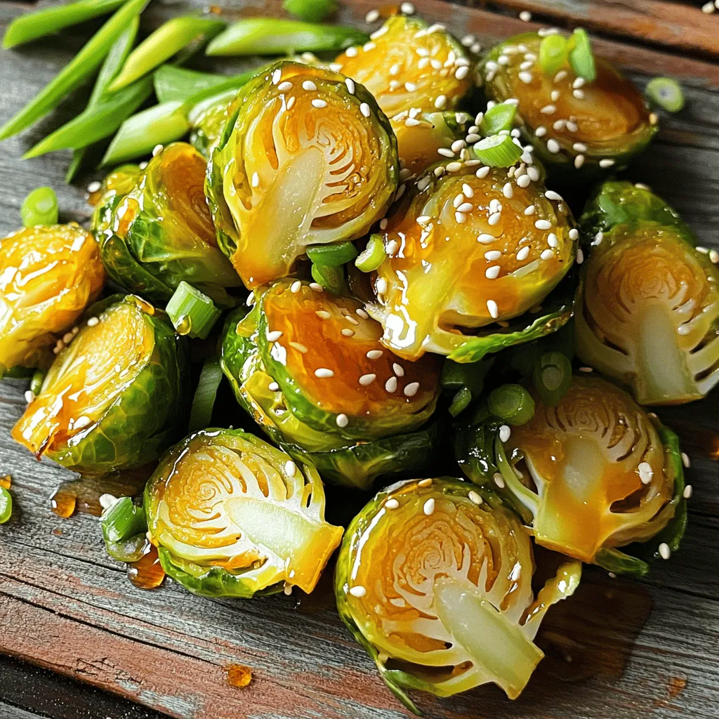 - 1 lb Brussels sprouts, halved - 3 tablespoons olive oil - Salt and pepper to taste - 2 tablespoons sriracha (or more for extra heat) - 2 tablespoons honey - 2 teaspoons rice vinegar - 1 tablespoon sesame seeds - 2 green onions, finely sliced When making Sriracha honey Brussels sprouts, I always start with fresh Brussels sprouts. Their unique flavor shines through when roasted. Halving them allows for even cooking and caramelization. You can use olive oil to coat them well, helping them get that crispy texture. Next, I season them with salt and pepper. This enhances their natural taste. For flavor enhancers, sriracha brings the heat, while honey adds a nice sweetness. The rice vinegar gives a tangy kick, balancing out the dish nicely. Lastly, I love to garnish with sesame seeds and sliced green onions. These not only add texture but also make the dish visually appealing. For the full recipe, check out the detailed instructions that guide you through making this flavorful side dish! - Preheat your oven to 400°F (200°C). - Toss the halved Brussels sprouts with olive oil, salt, and pepper. This step gets the sprouts ready for roasting. - Spread Brussels sprouts on a baking sheet in a single layer. This ensures even cooking and nice browning. - Roast for 20-25 minutes, flipping halfway through. This helps them cook evenly and become tender. - Mix sriracha, honey, and rice vinegar in a bowl. This combination creates a sweet and spicy glaze. - Drizzle over roasted Brussels sprouts and return to oven. This final touch adds flavor and richness to the dish. For the full recipe, check the instructions above. Enjoy making these flavorful Sriracha honey Brussels sprouts! Check for tenderness by piercing a Brussels sprout with a fork. If it goes through easily, they are ready. To get that nice caramelization, flip the sprouts halfway during roasting. This helps them cook evenly and develop a rich flavor. You can adjust the sriracha and honey based on your taste. If you like it sweeter, add more honey. For more heat, increase the sriracha. Adding rice vinegar gives a nice zing and balances the sweetness. This will brighten up the dish. For a stunning look, sprinkle sesame seeds on top. Green onions add color and freshness. Serve them on a nice plate to impress your guests. These small touches make your Sriracha honey Brussels sprouts shine. For the full recipe, check the recipe section above. {{image_2}} You can make Sriracha honey Brussels sprouts even better. Adding garlic gives a great kick. Just mince a few cloves and toss them with the sprouts. The garlic brings out more flavor and adds a nice aroma. If you want a vegan option, you can swap honey for maple syrup. The syrup adds a sweet touch that works well with the sriracha heat. It’s great for those who avoid animal products. You can also get creative by mixing in nuts or seeds. Chopped almonds or walnuts add a nice crunch. Toasting them lightly before adding gives even more flavor. Pairing Brussels sprouts with other veggies can also be fun. Carrots or bell peppers work well. You can roast them together for a colorful and tasty medley. When it comes to serving, think about what goes with your meal. These Brussels sprouts pair nicely with grilled chicken or fish. They also go well with grains like quinoa or brown rice. For a fun twist, arrange the sprouts on a large platter. Drizzle extra sriracha honey over the top for a wow effect. Add some fresh herbs for color and a pop of flavor. For the full recipe, check out the details above! To keep your Sriracha honey Brussels sprouts fresh, store them in an airtight container. Place them in the fridge right after cooling. They will stay good for up to 3 days. If they sit too long, they may lose their crispness. For the best texture, reheat your Brussels sprouts in the oven. Set your oven to 350°F (175°C) and spread them on a baking sheet. Heat for about 10-15 minutes, or until warm. If you prefer using a microwave, heat them in short bursts. Watch closely to avoid sogginess. You can freeze Brussels sprouts, but it’s best to do this before glazing. Blanch them in boiling water for 3 minutes, then cool in ice water. Drain and pack in freezer bags, removing as much air as possible. When ready to use, thaw overnight in the fridge. After thawing, glaze and roast them as in the Full Recipe. To tone down the heat, add more honey. This will balance the spice with sweetness. You can also swap sriracha with a milder sauce, like sweet chili sauce. Both options work well to keep the dish tasty. Yes, you can prep them in advance. Clean and halve the Brussels sprouts a few hours before cooking. Store them in a bowl covered with a damp paper towel in the fridge. This keeps them fresh and ready for roasting. These sprouts pair well with many dishes. Try serving them with grilled chicken or fish. They also go great with rice or quinoa. For a vegetarian option, serve them with a hearty grain salad. Brussels sprouts are very nutritious. They are high in fiber, vitamins C and K, and low in calories. Eating them can help with digestion and boost your immune system. Adding Sriracha honey offers flavor but keep an eye on the sugar content from the honey. Overall, they make a healthy side dish. For more details, refer to the Full Recipe. The article provided a clear path to making delicious Sriracha Honey Brussels sprouts. We covered main ingredients and how to prepare and roast them. Tips helped you achieve perfect caramelization and balanced flavors. Variations offered ideas for customization, while storage info ensured your leftovers stay tasty. Brussels sprouts are not just healthy; they can be a fun side dish. Try these ideas to impress your family or friends. Enjoy cooking!