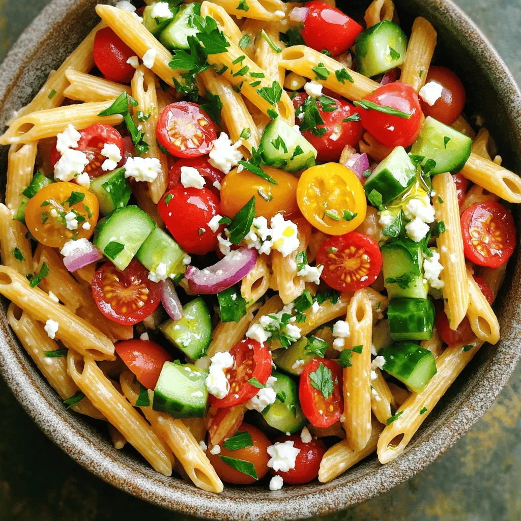 To make a tasty Greek pasta salad, gather these main items: - 2 cups whole wheat penne pasta - 1 cup cherry tomatoes, halved - 1 cucumber, diced - 1 red bell pepper, diced - 1/2 red onion, finely chopped - 1 cup Kalamata olives, pitted and sliced - 1 cup feta cheese, crumbled - 1/4 cup fresh parsley, chopped - 1/4 cup olive oil - 3 tablespoons red wine vinegar (or lemon juice) - 1 teaspoon dried oregano - Salt and pepper to taste These ingredients come together to make a fresh and flavorful salad. I love how each item adds a unique taste and texture. You can add some optional ingredients to mix it up: - Artichoke hearts - Sun-dried tomatoes - Capers - Fresh basil - Avocado These extras can bring new flavors and fun textures to your salad. Try them based on what you like! To make your Greek pasta salad, you will need a few kitchen tools: - Large pot for boiling pasta - Colander for draining pasta - Large mixing bowl for combining all ingredients - Whisk for mixing the dressing - Knife and cutting board for chopping veggies Having the right tools makes cooking easier and more fun. Grab these before you start! First, boil water in a large pot. Add a pinch of salt for flavor. Once it boils, add 2 cups of whole wheat penne pasta. Cook it for about 8 to 10 minutes until it is al dente. This means it should be firm but not hard. Drain the pasta and rinse it under cold water. This stops the cooking and cools it down. While the pasta cooks, wash and chop your veggies. I use 1 cup of cherry tomatoes, cutting them in half. Then, I dice 1 cucumber and 1 red bell pepper. Next, finely chop 1/2 red onion. For the olives, slice 1 cup of Kalamata olives. Finally, crumble 1 cup of feta cheese. Set all of these in a large mixing bowl. In a small bowl, mix the dressing. Start with 1/4 cup of olive oil. Then add 3 tablespoons of red wine vinegar or lemon juice. Sprinkle in 1 teaspoon of dried oregano. Add salt and pepper to taste. Whisk everything together until it’s well combined. Now, it’s time to mix! Add the cooled pasta to the bowl with your veggies and feta cheese. Pour the dressing over the top. Gently toss everything together. Make sure the dressing coats all the ingredients well. Let the salad sit for about 15 to 20 minutes. This helps the flavors blend. You can also refrigerate it for up to 2 hours. Serve it chilled or at room temperature. Enjoy your tasty Greek pasta salad! For more details, check the Full Recipe. To cook pasta well, always use a large pot. Fill it with water and add salt. This helps season the pasta. Bring the water to a boil before adding the pasta. Stir it often to prevent sticking. Cook it until it is al dente. This means it should still be firm. Drain and rinse the pasta with cold water. This stops the cooking and keeps it from getting mushy. If you can't find whole wheat penne, use any pasta you like. Gluten-free pasta is a great option too. Cherry tomatoes can be swapped for diced tomatoes or bell peppers. If you don’t have Kalamata olives, green olives work well. For feta cheese, try goat cheese for a different taste. You can also leave the cheese out for a dairy-free version. To boost flavor, add fresh herbs like basil or mint. Lemon zest adds brightness to the dish. Toasting the nuts, like pine nuts or walnuts, enhances their taste. You can also mix in roasted red peppers for smoky depth. A sprinkle of chili flakes adds a nice kick if you like spice. Visit local farmers' markets for the freshest produce. Look for firm tomatoes and crisp cucumbers. Choose bright, colorful bell peppers for the best flavor. Fresh parsley should have vibrant green leaves. When buying olives, choose ones packed in brine for taste. Always check the expiration dates on packaged items like pasta and cheese. This dish is not just tasty; it’s a way to enjoy fresh, vibrant flavors. For more details, check out the Full Recipe. {{image_2}} To make your Greek pasta salad more exciting, add some Mediterranean touches. You can include roasted red peppers, artichoke hearts, or sun-dried tomatoes. These ingredients will bring rich flavors and vibrant colors. You might also want to toss in some fresh basil or mint. These herbs add a nice twist. They brighten up the dish and enhance the taste. If you want to boost the protein in your salad, think about adding grilled chicken or shrimp. They both work well with Greek flavors. Chickpeas are also a great choice if you prefer a plant-based option. They add a hearty texture and extra protein. Quinoa is another excellent addition. It pairs well and makes the dish even more filling. For a vegan version, skip the feta cheese. You can use vegan cheese or leave it out entirely. To make it gluten-free, swap the whole wheat penne for gluten-free pasta. Many brands offer tasty alternatives. Just be sure to check the label for any hidden gluten. These simple changes ensure everyone can enjoy your Greek pasta salad. For full details on the recipe, check out the Full Recipe. To keep your Greek pasta salad fresh, store it in an airtight container. This helps prevent moisture from getting in. I recommend adding a layer of plastic wrap over the salad before sealing the lid. This simple step locks in flavor and freshness. You can also divide it into smaller portions for quick snacks or lunches. Greek pasta salad lasts about three to five days in the fridge. The flavors get better as it sits, but keep an eye on the veggies. If they start to look soggy or brown, it's best to toss them. Always check for any off smells before eating leftovers. You can eat Greek pasta salad cold or at room temperature. I prefer it chilled, as it keeps the flavors bright. If you want to warm it up, do so gently on the stove. Heat it on low and stir often to avoid overcooking the pasta. Serve it with extra feta or olives on top for a fun twist. For the Full Recipe, check out the earlier section. Yes, you can make Greek Pasta Salad ahead of time. It tastes better when chilled. Make it up to two days in advance. Store it in the fridge in a sealed container. The flavors will blend nicely, making it even tastier. To make Greek Pasta Salad vegetarian, use only veggies and cheese. Omit any meat or seafood. The salad is already vegetarian-friendly with ingredients like feta and olives. Add more veggies like artichokes or roasted red peppers for extra flavor. Greek Pasta Salad pairs well with many dishes. Try it with grilled chicken, fish, or lamb. It also works great as a side for sandwiches or wraps. You can serve it at picnics or barbecues too. To prevent sogginess, use al dente pasta. Rinse it with cold water after cooking. Adding the dressing just before serving helps keep it fresh. Store the dressing separately if you make it ahead of time. Yes, Greek Pasta Salad is healthy. It has whole wheat pasta, fresh veggies, and healthy fats from olives and olive oil. You get fiber, vitamins, and minerals from all the ingredients. Enjoy it as a light meal or side dish. You can find the Full Recipe by searching online. Look for Mediterranean Delight Pasta Salad. It has all the steps you need to make this delicious dish. Greek Pasta Salad offers a vibrant mix of flavors and textures. We explored the main and optional ingredients, tools needed, and detailed steps to make this dish. I shared tips for perfect pasta cooking, ingredient swaps, and ways to boost flavor. You can customize it with variations to fit diets and preferences. For storage, I provided best practices for leftovers. In closing, Greek Pasta Salad is healthy, versatile, and easy to prepare. Enjoy experimenting and making it your own!