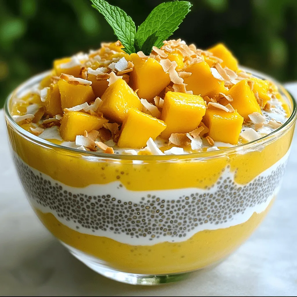 To make Mango Coconut Chia Pudding, you will need a few key items. Here’s the list: - 1 cup coconut milk (canned or carton) - 1/4 cup chia seeds - 2 tablespoons honey or maple syrup (adjust to taste) - 1 ripe mango, diced - 1/4 teaspoon vanilla extract - A pinch of salt - Toasted coconut flakes for garnish - Fresh mint leaves for garnish (optional) Each ingredient plays an important role. Coconut milk gives a creamy base. Chia seeds provide texture and thickness. Honey or maple syrup adds sweetness, while fresh mango brings bright flavor. Vanilla extract enhances the taste, and salt balances it all. To garnish, toasted coconut flakes add crunch and flavor. Mint leaves offer a fresh touch. Feel free to adjust sweeteners to fit your taste. You can find the full recipe [here](#). Gather these ingredients, and you’re ready to create a delightful dessert! 1. Start by whisking the coconut milk. In a medium bowl, mix the coconut milk, honey or maple syrup, vanilla extract, and a pinch of salt. Keep whisking until everything blends well. This mixture brings a creamy taste to the pudding. 2. Next, add the chia seeds. Stir them into the coconut milk mixture. Make sure you mix well so the seeds spread evenly. This helps prevent clumps from forming as they soak. 3. Now, it's time to cover and chill. You can use plastic wrap for the bowl or pour the mixture into a mason jar. Place it in the fridge for at least four hours, or overnight if you can wait. This chilling time is key for the chia seeds to expand and create that thick pudding texture. 1. For serving, layer with diced mango. You can put the chia pudding in bowls first and then add the mango on top. Or, create pretty layers with the mango in between the pudding. This makes your dessert look beautiful and inviting. 2. Garnish effectively to enhance the look. Sprinkle toasted coconut flakes on top for crunch. If you like, add fresh mint leaves for a pop of color and a hint of freshness. This not only adds flavor but also makes your dish stand out. For the full recipe, check the complete guide. Enjoy making this Mango Coconut Chia Pudding! Chilling is key for great chia pudding. It helps the seeds soak up liquid and turn soft. I recommend chilling for at least four hours. Overnight is even better. This gives you a creamy texture that delights the palate. Sweetness is personal. Taste your pudding before serving. You can add more honey or maple syrup if you like. Just stir it in well. Keep tasting until it’s just right for you. Even chia seed distribution is important. If you don’t mix them well, some will sink. Stir them in thoroughly with the coconut milk. This ensures a uniform texture. Before serving, check for clumps. If you see any, give it a good stir. Clumps can be off-putting. No one wants a chunky pudding. Follow these tips, and you’ll have a perfect Mango Coconut Chia Pudding. For the complete process, refer to the Full Recipe. Enjoy! {{image_2}} You can mix things up with your mango coconut chia pudding. Try adding tropical fruits like pineapple or passion fruit. These fruits add a burst of flavor and color. You can also swap the coconut milk for almond or soy milk. This change gives the pudding a different taste. You might find a new favorite! This pudding is easy to make vegan-friendly. Simply use maple syrup instead of honey. All the ingredients are plant-based, so you can enjoy this treat without worry. It's also gluten-free! Chia seeds, coconut milk, and fruits do not contain gluten. This dish is safe for anyone avoiding gluten. Enjoy the creamy, tasty goodness of this pudding. For the full recipe, check the section above. To keep your Mango Coconut Chia Pudding fresh, store it in the fridge. It lasts well for up to five days. Use a sealed container to prevent it from absorbing other smells. A mason jar works great for this. You can also use a plastic or glass container with a lid. You don’t need to heat this pudding before serving. To refresh it, give it a good stir. If it looks too thick, add a little coconut milk. This will help bring back its creamy texture. Layer it with fresh mango and add toppings right before you serve. Enjoy each bite! Mango Coconut Chia Pudding lasts about 4 to 5 days in the fridge. Proper storage is key. Keep it in an airtight container to keep it fresh. If you see any changes in smell or texture, it’s best to discard it. Yes, you can use frozen mango! Just make sure to thaw it first. Frozen mango works well and can add a nice cool touch to your pudding. It may be a bit softer, but the flavor stays just as sweet. Chia seeds are packed with fiber and omega-3 fatty acids. They help keep you full and support heart health. Mango is rich in vitamins A and C, boosting your immune system. Coconut offers healthy fats and adds a creamy texture. Together, they create a tasty and nutritious treat. For the complete recipe, check out the [Full Recipe]. Mango coconut chia pudding is a simple and tasty treat. We covered key ingredients, prep steps, and tips to perfect your pudding. I shared ways to add flavor and accommodate different diets. You also learned how to store and refresh your pudding. Now you can enjoy this healthy dessert anytime. With a few simple steps, you can create a delicious and satisfying dish. Keep experimenting to find your favorite variations. Enjoy the freshness and flavors!