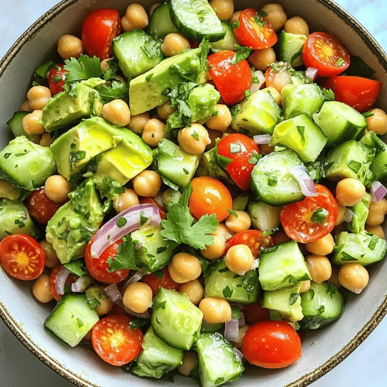 - 1 can (15 oz) chickpeas, drained and rinsed - 2 ripe avocados, diced - 1 cup cherry tomatoes, halved Chickpeas are a great protein source. They add texture and flavor. Avocados bring creaminess and healthy fats. Cherry tomatoes add sweetness, making the salad bright and colorful. - 1 cucumber, diced - 1 small red onion, finely chopped - 1/4 cup fresh cilantro, chopped Cucumber gives a nice crunch. It also adds freshness to the dish. Red onion has a sharp taste that balances well. Fresh cilantro adds a burst of flavor and aroma. - 1 lime, juiced - 2 tablespoons olive oil - 1 teaspoon ground cumin - Salt and pepper to taste Lime juice adds zing and brightness. Olive oil brings richness and helps blend flavors. Ground cumin gives a warm, earthy taste. Salt and pepper enhance all the salad's flavors. For the full recipe, check out the details above. Enjoy making this tasty salad! 1. In a large bowl, combine the chickpeas, avocados, cherry tomatoes, cucumber, and red onion. This mix forms the base of your salad. 2. Next, add the fresh cilantro to the bowl. Stir gently to mix everything well, but be careful not to mash the avocados. 1. In a small bowl, whisk together the lime juice, olive oil, ground cumin, salt, and pepper. This dressing brings bright flavor to your salad. 2. Pour the dressing over the chickpea and veggie mix. Toss everything together gently. Make sure all the ingredients get coated in the dressing. 1. Taste the salad. Adjust the seasoning if needed. You can add more salt, pepper, or lime juice to enhance the flavor. 2. Let the salad rest for at least 10 minutes. This helps the flavors blend together beautifully. Enjoy this Avocado Chickpea Salad with your family or friends. It is fresh, healthy, and so easy to make! For the full recipe, refer to the instructions above. Choosing Ripe Avocados To make your salad great, use ripe avocados. Look for avocados that yield slightly when you press them gently. If they feel hard, they are not ready. If they feel mushy, they are overripe. Ripe avocados bring a creamy texture and rich taste. Cut them just before serving to keep them fresh. Enhancing Flavor with Seasonings Use simple seasonings to boost flavor. Lime juice adds a touch of brightness. Olive oil gives a nice richness. Ground cumin adds warmth. A pinch of salt and pepper helps all the flavors shine. Mix these in a bowl before adding them to your salad. This way, you ensure even flavor. Ideal Pairings This salad goes well with many dishes. Pair it with grilled chicken or fish for a complete meal. It also works great as a side for tacos or wraps. For a light lunch, serve it with whole-grain bread. The options are endless! Presentation Tips Presentation matters! Serve your salad in a large shallow bowl. Drizzle a bit of extra olive oil on top. Garnish with fresh cilantro leaves for color. This not only looks appealing but also makes it inviting to eat. Over-mixing Ingredients Be gentle when mixing your salad. Over-mixing can mash the avocados. This leads to a mushy texture, which is not what you want. Mix just enough to combine the ingredients without breaking them apart. Skipping the Resting Time Let your salad sit for at least 10 minutes. This resting time allows the flavors to blend well. Skipping it means missing out on the full taste experience. The salad becomes much better after resting! For the full recipe, check the earlier section. {{image_2}} You can change the beans in this salad for different tastes. Black beans or kidney beans work well. They add a nice texture and flavor. You can also mix in other veggies. Try bell peppers or corn for a sweet crunch. This salad is already vegan and gluten-free. You can add some high-protein foods too. Toss in grilled chicken, tofu, or even quinoa. These additions will make your salad more filling. To boost flavor, add spices like paprika or chili powder. Feta cheese can also bring a tangy kick. You might want to sprinkle some nuts or seeds on top. Almonds or sunflower seeds add crunch and healthy fats. To keep your Avocado Chickpea Salad fresh, use airtight containers. Glass or plastic containers work well. Store the salad in the refrigerator if you plan to eat it within a few days. Avoid storing it in the freezer. Freezing can change the texture of the avocados and make them mushy. The salad stays fresh for about 2 to 3 days in the fridge. After that, the avocados may start to brown. Look for signs of spoilage, like a sour smell or slimy texture. If you see these signs, it’s best to toss it out. If you want to enjoy leftovers, don't heat the salad. Heating will change the taste and texture. Instead, take it out of the fridge and let it sit at room temperature for a few minutes. This helps bring back some of the fresh flavors. If needed, add a splash of lime juice or olive oil to brighten it up again. You can use many other beans or protein options. Great choices include: - Black beans - Kidney beans - White beans - Lentils - Edamame These options add flavor and protein. Each has its own taste and texture. Try them out to see what you like best! Yes, you can make this salad ahead of time. Here are some tips for meal prep: - Prepare the salad, but add the dressing later. This keeps it fresh. - Store the salad in an airtight container. Use a bowl with a tight lid. - Keep it in the fridge for up to two days. The flavors will mix nicely. To stop avocados from browning, use these methods: - Squeeze lime juice on the cut avocado. The acid slows browning. - Cover the avocado tightly with plastic wrap. It keeps air out. - Store it in an airtight container. This also helps keep air away. These methods keep your salad looking fresh and tasty! For the full recipe, check out the Avocado Chickpea Delight. This salad combines fresh ingredients, like chickpeas and avocados, for a tasty dish. With easy preparation and zesty dressing, you can enjoy a healthy meal. Don’t forget to let the salad rest to blend flavors. Remember to choose ripe avocados and avoid over-mixing to keep it vibrant. You can customize it with different beans or veggies for variety. Store leftovers properly to extend freshness. With these tips, you’ll create a delicious salad every time. Enjoy your cooking adventure!