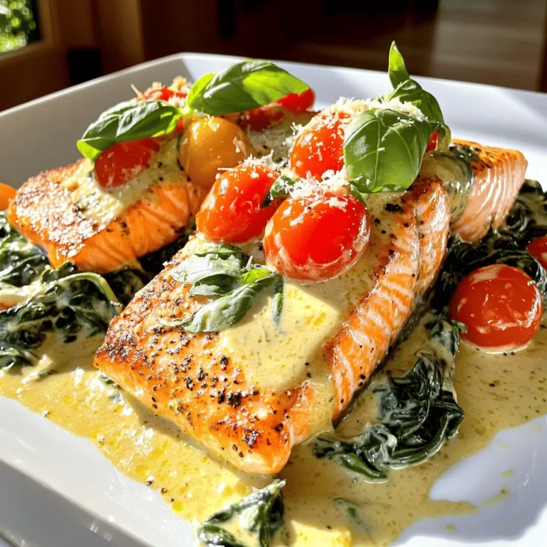 - 4 salmon fillets (6 oz each) - 2 tablespoons olive oil - 4 cloves garlic, minced - 1 cup cherry tomatoes, halved - 1 cup spinach, roughly chopped - 1 cup heavy cream - ½ cup Parmesan cheese, grated - 1 teaspoon Italian seasoning - Salt and pepper to taste - Fresh basil for garnish These ingredients make Creamy Garlic Tuscan Salmon a delight. The salmon fillets shine with their rich flavor and texture. Olive oil adds a nice touch, making the dish smooth. Garlic brings a strong, aromatic note to the plate. Cherry tomatoes add sweetness and color, while spinach offers a nutritious boost. The heavy cream creates a luscious sauce, coating the salmon perfectly. Parmesan cheese gives a savory depth that ties everything together. Italian seasoning rounds out the flavors, adding warmth and earthiness. Don't forget to season with salt and pepper for balance. Fresh basil not only looks great but also adds a fresh touch. Each serving of Creamy Garlic Tuscan Salmon packs in about 500 calories. Here's a quick look at the macronutrient breakdown: - Fats: 35g - Proteins: 40g - Carbohydrates: 10g This dish is rich in healthy fats and proteins, making it a filling option. The balance of flavors and nutrients makes it a smart choice for dinner. Enjoy this meal knowing it fuels your body well! You can find the full recipe in the section above. To make the salmon shine, start by seasoning it. Use salt and pepper on both sides. This keeps the taste bright and fresh. Next, chop your veggies. For the tomatoes, cut them in half. For the spinach, just roughly chop it. This helps them cook evenly and blend well in the dish. Heat a large skillet over medium heat. Add two tablespoons of olive oil. Place the salmon fillets skin-side down in the skillet. Cook for 4-5 minutes until they turn golden brown. Then, flip them and cook for another 4-5 minutes. When the salmon is cooked through, take it out and place it on a plate. In the same skillet, add minced garlic. Sauté for about one minute until it smells great. Next, toss in the cherry tomatoes. Cook them for 3-4 minutes until they soften. Add the chopped spinach and stir until it wilts, which takes about 2 minutes. Now it’s time for the creamy sauce. Lower the heat and pour in one cup of heavy cream. Stir it well. Then, add half a cup of grated Parmesan cheese and one teaspoon of Italian seasoning. Mix until the cheese melts and the sauce becomes creamy. Taste it and adjust the salt and pepper as needed. Return the salmon to the skillet, spooning the sauce over each fillet. Let it simmer for another 2 minutes. Now, your creamy garlic Tuscan salmon is ready to enjoy! For the full recipe, check out the detailed instructions above. To get a great sear on your salmon, heat your skillet first. Use medium heat and add olive oil. Once the oil shimmers, place the salmon in the pan skin-side down. This lets the skin crisp up nicely. Cook for 4-5 minutes without moving it. Flip it gently using a spatula. Cook for another 4-5 minutes until golden brown. To check if your salmon is done, use a fork. Flake the thickest part of the fish. If it flakes easily, it’s ready. Be careful not to overcook it. Overcooked salmon can become dry and tough. To add more flavor to your sauce, try adding lemon juice or zest. A splash of white wine can also brighten it up. Fresh herbs like parsley or dill can make it taste fresh and vibrant. For a thicker sauce, let it simmer a bit longer. If it’s too thick, you can add a splash of chicken stock or more cream. Stir well to keep the sauce smooth and creamy. For serving, use a white plate to highlight the colors of the dish. Place the salmon in the center and pour the creamy sauce over it. Add a sprinkle of extra Parmesan cheese on top for extra flavor. To make it visually appealing, garnish with a few fresh basil leaves. You can also add a side of garlic bread or risotto for a complete meal. Enjoy your beautifully plated dish! {{image_2}} You can swap heavy cream for a few options. Use coconut milk for a lighter feel. Greek yogurt adds creaminess and a tangy kick. Silken tofu blended until smooth also works well. For the salmon, think about using trout or halibut. Both provide a nice flavor and texture. You can even try chicken breast for a twist. Just adjust cooking times to ensure everything cooks well. Don't hesitate to add more veggies! Zucchini, bell peppers, or asparagus all pair nicely. Just chop them into small pieces for quick cooking. If you add harder veggies like carrots, cook them longer. Soft veggies like spinach will need less time. Adjust cooking times to ensure all your veggies are tender and tasty. Feel free to get creative with herbs and spices! Fresh dill or parsley can brighten the dish. A pinch of red pepper flakes adds a spicy kick. You can also switch up the cheese. Try goat cheese for a tangy flavor or mozzarella for a milder taste. Experiment with different bases for the sauce. A splash of white wine can add depth to your sauce, making it even more delicious. For more detailed cooking steps, check the Full Recipe. To store leftovers, let the salmon cool to room temperature. Place the salmon in an airtight container. This keeps it fresh for up to three days. If you use the creamy sauce, store it separately to avoid sogginess. For best results, I recommend glass containers. They prevent odors and are easy to clean. You can also use plastic containers, but make sure they are BPA-free. If you want to freeze cooked salmon, wait for it to cool. Wrap each fillet tightly in plastic wrap. Then, place them in a freezer bag, squeezing out as much air as possible. This method can keep your salmon fresh for up to two months. When you are ready to eat, let the salmon thaw in the fridge overnight. This helps to keep the texture nice and firm. Avoid thawing at room temperature to prevent bacteria growth. To reheat salmon, I suggest using the oven or stovetop. Preheat the oven to 275°F (135°C). Place the salmon on a baking sheet. Heat for about 15 minutes, or until warmed through. This method keeps the salmon moist. If you prefer the stovetop, use a skillet over low heat. Add a splash of water or broth to prevent sticking. Heat for about 5-7 minutes. This way, you maintain the creamy sauce’s texture. For more details, check out the Full Recipe. Cooking salmon depends on its thickness. A general rule is 4 to 6 minutes per half-inch of thickness. For a standard 6-ounce fillet, plan for about 8 to 10 minutes total. The salmon should be opaque and flake easily with a fork. Always check with a food thermometer. It should reach 145°F for safe consumption. Yes, you can make this recipe dairy-free! Use coconut cream or cashew cream as a substitute for heavy cream. For cheese, try nutritional yeast or a dairy-free cheese option. These alternatives keep the dish creamy and add great flavor. For a balanced meal, consider these side dishes: - Garlic bread for a crunchy texture - Steamed asparagus for a fresh taste - A light salad with lemon vinaigrette for brightness - Mashed potatoes to soak up the creamy sauce - Quinoa or rice for a wholesome grain option These sides enhance the flavors of the salmon and add variety to your meal. This blog post covered a tasty Creamy Garlic Tuscan Salmon recipe. You learned about the key ingredients, cooking steps, and nutritional details. Tips for perfecting the salmon and enhancing the sauce will help you impress anyone at your table. Consider variations for different tastes and storage solutions for leftovers. The FAQs answered common questions, making cooking easier for you. Now, you can enjoy a delicious meal that is simple and fun to make!