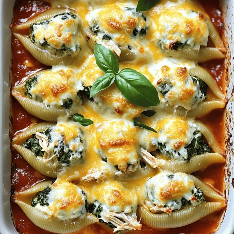 For this dish, you need simple and fresh items. The main ingredients include: - 20 jumbo pasta shells - 2 cups cooked chicken, shredded - 1 cup fresh spinach, chopped - 1 cup ricotta cheese - 1 cup mozzarella cheese, shredded - 1/2 cup Parmesan cheese, grated - 1 egg, beaten - 2 cups marinara sauce - 1 teaspoon garlic powder - 1 teaspoon onion powder - Salt and pepper to taste - Fresh basil leaves for garnish These ingredients come together to create a tasty meal. The chicken brings protein, while the spinach adds nutrients. The cheeses create a creamy texture that makes each bite rich and satisfying. You can enhance your stuffed shells with a few extras. Consider adding: - 1 teaspoon Italian seasoning - Red pepper flakes for a little spice - Fresh herbs like parsley or oregano These optional ingredients can boost the flavors and make your dish unique. They allow you to customize your meal based on your taste. To make cooking easier, use the right tools. Here are some recommended items: - Large pot for boiling pasta - Mixing bowl for the filling - Baking dish (9x13 inches) - Spoon or spatula for mixing - Aluminum foil to cover the dish Having these tools ready will help you cook smoothly. Good tools make the process fun and keep your kitchen organized. For the full recipe, check out the guidelines that include every step you need. Start by preheating your oven to 375°F (190°C). Next, cook the jumbo pasta shells. Follow the package instructions and boil them until they are al dente. This means they should still have a slight firmness. Drain the shells and set them aside to cool for a few minutes. You want to make sure they are easy to handle. In a large mixing bowl, add the cooked chicken. Shred it into small pieces. Then, add the chopped fresh spinach. Mix in the ricotta cheese, half of the mozzarella cheese, and grated Parmesan cheese. Next, crack an egg into the bowl and add garlic powder, onion powder, salt, and pepper. Stir everything together until it is well combined. This filling is packed with flavor and nutrients. Now it's time to stuff the pasta shells. Take each shell and fill it with the chicken and spinach mixture. Place the stuffed shells in a 9x13 inch baking dish. Once all the shells are filled, pour marinara sauce evenly over them. Sprinkle the remaining mozzarella cheese on top. Cover the dish with aluminum foil and place it in the oven. Bake for 25 minutes. After that, take off the foil and bake for an extra 10-15 minutes. The cheese should become bubbly and golden. Let the dish sit for 5 minutes before serving. Garnish with fresh basil leaves for a nice touch. You can find the Full Recipe [here]. Cooking pasta shells may seem simple, but a few tricks help. Always cook the shells until they are al dente. This way, they stay firm and hold the filling well. Follow the package instructions for timing. After cooking, drain the shells and rinse them with cold water. This stops the cooking and keeps them from sticking together. Stuffing shells can get messy, but practice makes perfect. Use a spoon or a piping bag to fill each shell. Fill them generously but avoid overstuffing. This helps the shells stay intact while baking. Place the shells in your baking dish with the opening facing up. This way, they soak up the sauce and flavors better. Once your stuffed shells are ready, serve them hot. They pair well with a fresh salad or garlic bread. You can also sprinkle some extra Parmesan cheese on top for added flavor. For drinks, a light white wine or sparkling water makes a nice choice. Want to try something different? Add a side of roasted vegetables for a colorful plate. For the full recipe, check out the [Full Recipe]. {{image_2}} If you want a vegetarian spin on this dish, swap the chicken for more veggies. Use mushrooms, zucchini, or bell peppers. You can also add more spinach or even kale for extra greens. For the cheese, you might try using cottage cheese instead of ricotta. This will keep the dish creamy and delicious without meat. You can change up the protein in these stuffed shells to suit your taste. Ground turkey or beef works well. If you prefer seafood, cooked shrimp or crab meat adds a nice twist. Just make sure to cook any raw meat before mixing it with the other filling ingredients. This way, everything cooks evenly in the oven. While marinara sauce is a classic choice, feel free to get creative with your sauce. Try Alfredo sauce for a rich and creamy taste. A pesto sauce can add a fresh and herby flavor. For a spicy kick, a arrabbiata sauce can bring heat to the dish. You can even mix sauces for a unique blend that makes your meal stand out. For the full recipe, check out the instructions above. After enjoying your Chicken and Spinach Stuffed Shells, store any leftovers promptly. Use an airtight container to keep them fresh. Place the shells in a single layer if possible. This way, they won't stick together. Store them in the fridge for up to three days. Always check for signs of spoilage before eating. Freezing is a great option for meal prep. To freeze, let the stuffed shells cool completely. Then, place them in a freezer-safe container or a zip-top bag. Make sure to label the bag with the date. They can last up to three months in the freezer. For best results, freeze them before baking. This keeps the flavors fresh. When you’re ready to enjoy your frozen stuffed shells, there are easy ways to reheat them. For frozen shells, thaw them overnight in the fridge. Preheat your oven to 375°F (190°C). Place the shells in a baking dish and cover with foil. Bake for about 25 minutes. If they are refrigerated, bake for about 15 minutes. Check with a fork to make sure they are hot in the center. Enjoy your tasty meal! Yes, you can make Chicken and Spinach Stuffed Shells ahead of time. You can prepare them and then store them in the fridge before baking. This saves time on busy days. Just cover the dish with foil and keep it in the fridge for up to 24 hours. When you are ready to eat, bake it straight from the fridge. You may need to add a few extra minutes to the baking time. If you don’t have ricotta cheese, there are great substitutes. You can use cottage cheese, cream cheese, or even Greek yogurt. Each of these will change the flavor a bit. Cottage cheese gives a nice texture. Cream cheese adds a rich taste. Greek yogurt makes it creamy and tangy. Choose one based on what you like. Stuffed shells can last about 3 to 5 days in the fridge. Make sure to store them in an airtight container. This keeps them fresh and prevents odors from other foods. When you reheat them, make sure they are warmed all the way through. Enjoy your tasty meal again! For the complete recipe, check out the Full Recipe. Chicken and spinach stuffed shells are a great dish to make at home. We covered the main ingredients, optional flavors, and tools to use. You learned how to prepare, fill, and bake your shells perfectly. Plus, I shared tips for storing leftovers and meal prep. You can even experiment with variations and find what you love most. Use this guide to enjoy a delicious meal with ease. Now, it's time to get cooking and savor each bite!