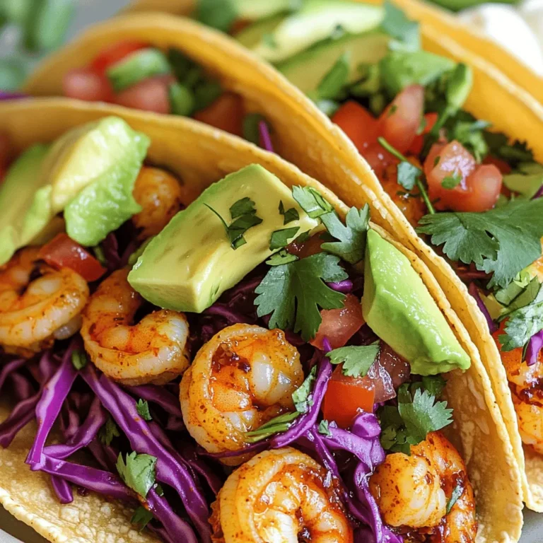 To make these tasty tacos, you need fresh ingredients. Here’s what to gather: - 1 lb large shrimp, peeled and deveined - 2 tablespoons olive oil - 1 teaspoon chili powder - 1/2 teaspoon cumin - 1/2 teaspoon garlic powder - 1/4 teaspoon smoked paprika - Juice of 2 limes - Salt and pepper to taste - 8 small corn tortillas - 1 cup red cabbage, thinly sliced - 1 avocado, sliced - 1/4 cup cilantro, chopped These ingredients create the perfect balance of flavors. The shrimp soak up the spice and lime juice. This makes each bite bright and zesty. You can add fun toppings to make your tacos even better. Consider these options: - Diced tomatoes - Sour cream These add more texture and taste. You can mix and match to find your favorite combo. Having the right tools makes cooking easier. Here are the must-haves for this recipe: - Mixing bowl - Skillet - Tongs or spatula - Cutting board - Knife With these tools, you can make your Chili Lime Shrimp Tacos quickly. Each tool helps you prepare and cook with ease. For the complete recipe, check the Full Recipe section. To start, gather your shrimp and a mixing bowl. Mix the shrimp with olive oil, chili powder, cumin, garlic powder, smoked paprika, lime juice, salt, and pepper. Make sure the shrimp are fully coated in the marinade. Let them sit for at least 15 minutes. This time helps the shrimp soak up all those fantastic flavors. You can also marinate them longer if you prefer a stronger taste. Next, heat a skillet over medium-high heat. Once it’s hot, add the marinated shrimp in a single layer. Cook them for about 2 to 3 minutes on each side. You know the shrimp are ready when they turn pink and opaque. This quick cooking keeps the shrimp tender and juicy. After cooking, remove them from the heat and set them aside. Now, it’s time to make your tacos! Warm your corn tortillas in another skillet for about 30 seconds on each side. This step makes them soft and easy to fold. Place a few shrimp in each tortilla. Top them with sliced red cabbage and avocado. Add chopped cilantro for a fresh touch. If you want, include diced tomatoes and a dollop of sour cream. For an extra kick, squeeze more lime juice over the top before you serve. For the full recipe, check the section above. Enjoy your delicious Chili Lime Shrimp Tacos! To cook shrimp well, keep it simple. Start with fresh or thawed shrimp. Warm your skillet over medium-high heat. Add the shrimp in a single layer. Cook for 2-3 minutes on each side. Look for pink and opaque color. This shows they are done. Overcooking will make them tough. Marinades boost flavor and keep shrimp juicy. Use lime juice, olive oil, and spices. A mix of chili powder, cumin, and garlic powder works great. Let the shrimp sit in the marinade for at least 15 minutes. This helps the flavors soak in. You can even marinate them overnight for more taste. Corn tortillas are a classic choice for tacos. They have a great texture and flavor. You can also use flour tortillas if you prefer. Try whole wheat or spinach tortillas for a twist. Warm the tortillas in a skillet before filling. This makes them soft and easy to fold. For the complete recipe, check out the Full Recipe section. {{image_2}} If you love heat, try adding more spice. You can mix in some diced jalapeños or sprinkle cayenne pepper on the shrimp. This will give your tacos an extra kick. You can also use a spicy hot sauce in the marinade. A dash of sriracha can make a big difference. Just remember to balance the spice with the lime juice. The acidity helps cut through the heat and keeps the flavor bright. Not a shrimp fan? You can make tasty vegetarian tacos instead. Use grilled veggies like bell peppers, zucchini, and onions. Marinate them in lime juice and spices just like the shrimp. Another great option is to use black beans or chickpeas. They are filling and packed with protein. Top them with the same fresh ingredients. You will still enjoy a flavorful taco experience without meat. If you need a gluten-free meal, don’t worry! Corn tortillas are a great choice. They are naturally gluten-free and work perfectly for these tacos. You can also use lettuce leaves as a base for a low-carb option. Just fill the leaves with the shrimp and toppings. This keeps it fresh and crunchy. Enjoy your tacos without any gluten concerns! For the complete recipe, check out the Full Recipe section above. To store leftover shrimp tacos, place them in an airtight container. Keep them in the fridge. They taste best when eaten within two days. If you have leftover shrimp and toppings, store them separately. This keeps the tacos from getting soggy. To reheat the shrimp, warm them in a skillet over medium heat. Cook for about two minutes until hot. For tortillas, heat them in a dry skillet for 30 seconds on each side. This helps them stay soft and tasty. You can also use the microwave. Heat in short bursts of 15-20 seconds. Just be careful not to overheat. If you want to save tacos for later, freeze the shrimp. Place the shrimp in a freezer bag. Remove as much air as you can and seal it tight. You can freeze them for up to three months. Tortillas do not freeze well. It’s best to make fresh ones when ready to eat. For toppings, chop and store them in separate containers. This keeps them fresh and crunchy. For the full recipe, you can check the source. Yes, you can use frozen shrimp. Just make sure to thaw them first. Place the shrimp in cold water for about 15-20 minutes. This method keeps the shrimp firm. After thawing, pat them dry before marinating. This helps the flavors stick better. If you don’t have corn tortillas, try flour tortillas. They are soft and can hold the filling well. Another option is lettuce wraps for a low-carb choice. Use large leaves like romaine or butter lettuce. These add a fresh crunch. Shrimp cook quickly and change color. They should be pink and opaque. The best way to tell is by checking their shape. When shrimp curl into a C shape, they are done. Avoid overcooking, as they can become rubbery. Enjoy your meal! For the full recipe, check out the details above. This article covered how to make tasty chili lime shrimp tacos. We discussed the main ingredients and optional toppings. You learned how to marinate and cook shrimp. I shared tips for perfect shrimp and different tortilla choices. Plus, I gave you ideas for spicy or vegetarian tacos. In the end, these tacos are fun to make and eat. Try your own twists and enjoy. Happy cooking!