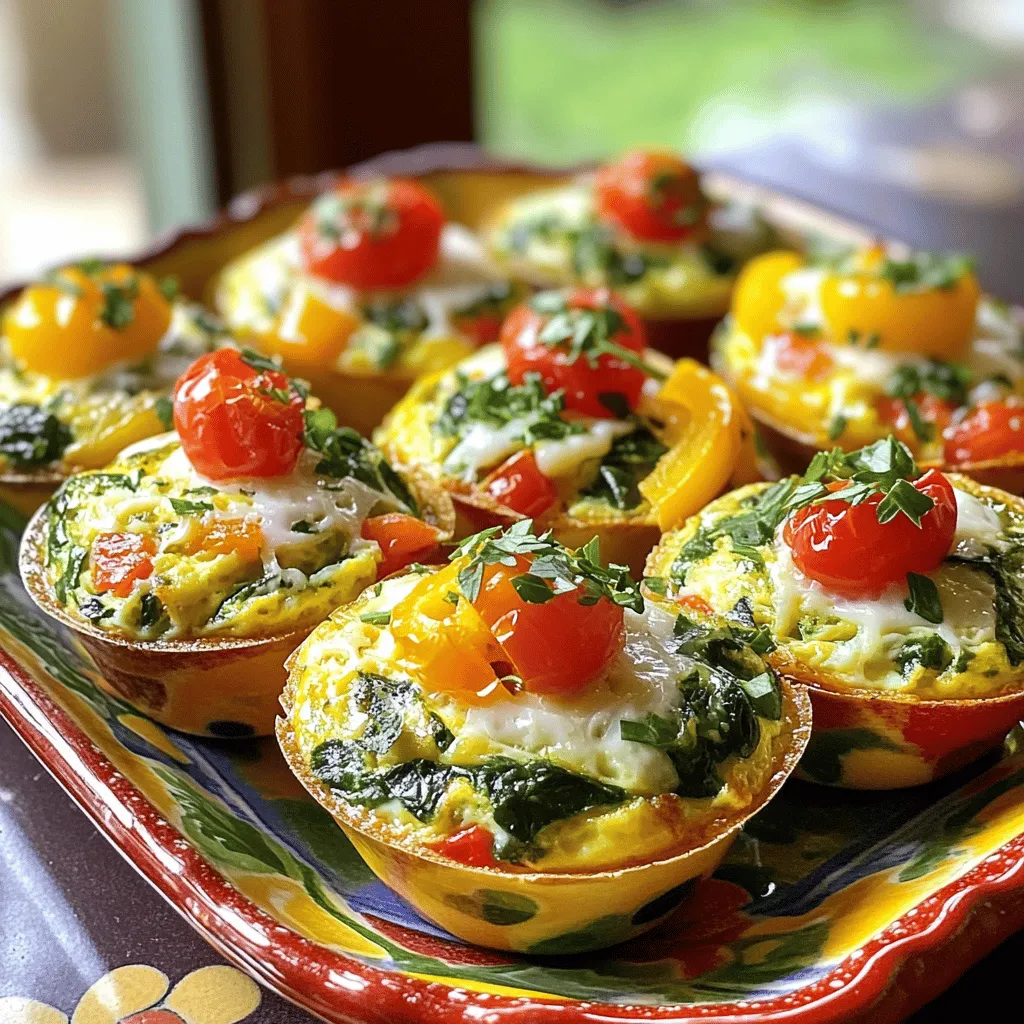 To make your simple egg muffins, gather these items: - 6 large eggs - 1/2 cup milk (dairy or non-dairy) - 1 cup spinach, chopped - 1/2 cup bell peppers, diced (any color) - 1/2 cup cherry tomatoes, halved - 1/2 cup cheese (cheddar, feta, or mozzarella) - 1/4 teaspoon salt - 1/4 teaspoon black pepper - 1/2 teaspoon garlic powder - Cooking spray or muffin liners You can swap ingredients based on your taste or what you have at home. - Instead of spinach, try kale or Swiss chard. - Use zucchini or mushrooms in place of bell peppers. - If you don't have cheese, leave it out or use nutritional yeast for flavor. - For a creamier texture, add sour cream or Greek yogurt. These simple egg muffins are not just tasty; they are also good for you. - Eggs provide high-quality protein and essential vitamins. - Spinach adds iron, calcium, and fiber to your meal. - Bell peppers are rich in vitamins A and C, helping your immune system. - Tomatoes are packed with antioxidants that support heart health. - Cheese gives you calcium for strong bones. Making simple egg muffins is a great way to enjoy healthy food. You can find the full recipe above to get started on this easy breakfast option. Start by preheating your oven to 375°F (190°C). This is a key step. While your oven heats, grab a muffin tin. Grease it with cooking spray or use muffin liners. Both methods work well. This helps the muffins come out easily after baking. In a large bowl, whisk together 6 large eggs and 1/2 cup of milk. Mix until smooth. Next, add 1 cup of chopped spinach, 1/2 cup of diced bell peppers, and 1/2 cup of halved cherry tomatoes. Throw in 1/2 cup of your favorite cheese, 1/4 teaspoon of salt, 1/4 teaspoon of black pepper, and 1/2 teaspoon of garlic powder. Stir until everything is well combined. This mixture is packed with flavor and nutrition. Pour the egg mixture into the prepared muffin tin. Fill each cup about 3/4 full. Place the tin in the preheated oven and bake for 18 to 20 minutes. Check for doneness with a toothpick. If it comes out clean, the muffins are ready. Once baked, remove them from the oven. Let the muffins cool for a few minutes before taking them out of the tin. This cooling time helps them firm up and makes them easier to handle. You can find the full recipe for these egg muffins if you want more details. Enjoy making these tasty treats! To make the best egg muffins, use fresh eggs. Fresh eggs taste better and hold together well. Whisk the eggs and milk well to create a fluffy texture. Fill each muffin cup about three-quarters full. This allows room for the muffins to rise. Keep an eye on the baking time. Muffins may bake faster in different ovens. Check them at 18 minutes. A toothpick should come out clean when they are done. You can easily change the flavors. Try adding cooked bacon or sausage for protein. If you love spice, add jalapeños or hot sauce. For a sweet touch, mix in diced apples or berries. You can swap out spinach for kale or broccoli. The key is to balance flavors and colors. Use different cheeses like goat or pepper jack for new tastes. Presentation makes your muffins more appealing. Arrange them on a bright platter or cake stand. You can garnish with fresh herbs like parsley or chives for color. Serve with a side of salsa or avocado for extra flavor. If you want, use small toothpicks for easy serving at parties. Enjoy them warm or store for later meals. Remember, these egg muffins are great for busy mornings! {{image_2}} You can easily make these muffins vegetarian. Just skip the cheese or use a plant-based cheese. Add more veggies like zucchini or mushrooms. You can also try adding herbs like basil or cilantro for fresh flavor. This makes the muffins colorful and tasty. If you want extra protein, add cooked bacon or sausage. You can also mix in beans or lentils. These options boost the protein without changing the taste much. For a heartier bite, consider adding cooked quinoa to the mix. It keeps the muffins filling and healthy. Using seasonal veggies can add variety to your egg muffins. In the spring, try asparagus or peas. In the fall, use butternut squash or kale. These swaps not only change the flavor but also keep your meals fresh. Always feel free to experiment! Each season brings unique tastes to enjoy. For the full recipe, check the section above. To keep your egg muffins fresh, store them in an airtight container. Place parchment paper between layers to avoid sticking. Refrigerate them within two hours of baking. They will stay good for up to five days in the fridge. If you want to keep them longer, freezing is a great option. Reheating is simple! You can use the microwave or the oven. For the microwave, place one muffin on a plate and heat for 30 seconds. Check if it's warm enough. If not, heat for an extra 10 seconds. For the oven, wrap the muffins in foil and heat at 350°F (175°C) for about 10-15 minutes. This keeps them soft. To freeze, let the muffins cool completely. Wrap each one in plastic wrap and place them in a freezer bag. They can last up to three months in the freezer. To thaw, take a muffin out and leave it in the fridge overnight. For a quick option, you can also reheat it straight from the freezer in the microwave. Enjoy your egg muffins anytime! Simple Egg Muffins can last up to five days in the fridge. Store them in an airtight container. This keeps them fresh and prevents odors. I recommend letting them cool first before storing. If you want to enjoy them longer, consider freezing them. Yes, you can make Simple Egg Muffins ahead of time! They are great for meal prep. You can bake a batch on the weekend and enjoy them all week. Just cool and store them in the fridge after baking. Reheat them in the microwave for a quick breakfast. For a dairy-free option, you can use plant-based milk. Almond milk or oat milk works well. You can also skip the cheese or use a dairy-free cheese. Nutritional yeast adds a cheesy flavor without dairy. These swaps keep your muffins tasty and healthy. Check out the Full Recipe for more delicious ideas! You learned how to make tasty egg muffins, exploring key ingredients and steps. We covered essential tips, flavor variations, and storage info. These muffins are simple and fun to customize. They fit into many diets and save time. Keep trying new ingredients to make each batch unique. Enjoy your cooking journey! These muffins can be your go-to snack. Remember, making food can be both easy and enjoyable.