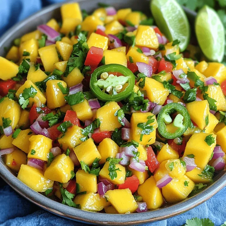To make mango salsa, gather these fresh ingredients: - 2 ripe mangoes, diced - 1 red bell pepper, finely chopped - 1 small red onion, finely chopped - 1 jalapeño, deseeded and minced - 1/4 cup fresh cilantro, chopped - Juice of 2 limes - Salt to taste - 1/2 teaspoon ground cumin If you can’t find something or want to switch it up, here are some ideas: - Use peaches or pineapple instead of mangoes for a different sweet flavor. - Swap the red bell pepper with yellow or green for a color change. - If red onion is too strong, use green onions for a milder taste. - Omit jalapeño if you prefer no heat, or use a milder pepper. - Try lemon juice instead of lime for a different citrus twist. Choosing the right mango is key to a great salsa. Look for these signs: - The skin should be slightly wrinkled, which means it's ripe. - Gently squeeze the mango; it should yield slightly to pressure. - A ripe mango has a sweet, fruity aroma at the stem end. - Color varies by type, so know your mango variety for the best pick. By using ripe mangoes, you ensure a sweet and juicy base, making your salsa shine. To start, gather your ingredients. You will need two ripe mangoes, a red bell pepper, a red onion, a jalapeño, fresh cilantro, limes, salt, and ground cumin. Make sure your mangoes are ripe. They should feel soft when you squeeze them gently. You want them sweet and juicy for the best salsa. Take a large mixing bowl and add the diced mangoes first. This helps keep the mango pieces whole. Next, add the finely chopped red bell pepper and red onion. Stir these in gently. Then, carefully include the minced jalapeño. If you want more heat, add more jalapeño. Now toss in the fresh cilantro. This adds a bright flavor. Squeeze the juice of two limes over your mix. This adds acidity and keeps the mangoes fresh. Sprinkle in the ground cumin for a warm, earthy flavor. Gently mix all the ingredients together. Be careful not to mash the mangoes. Season with salt to taste. Let the salsa sit for at least 10 minutes. This waiting time helps the flavors blend. For the full recipe, check the instructions above. To make the best mango salsa, start with ripe mangoes. Look for mangoes that yield slightly to pressure. Use fresh lime juice for a bright taste. Chop all ingredients uniformly for a nice look. Mix gently to keep mango cubes intact. Let the salsa rest for at least ten minutes. This helps the flavors blend well. One common mistake is using overripe mangoes. They can become mushy and lose their flavor. Avoid chopping ingredients too small, as it changes the salsa's texture. Don't forget to taste your salsa before serving. Adjust salt or lime juice as needed. Lastly, don’t skip the resting time. This is key for flavor development. To boost flavor, add a pinch of ground cumin. It adds a warm, earthy note. You can also try adding diced pineapple or avocado for extra layers. If you enjoy heat, consider using more jalapeño or a different pepper. Fresh herbs like mint can also brighten the dish. Keep experimenting until you find your perfect blend. For the full recipe, check out the Tropical Mango Salsa section. {{image_2}} You can make mango salsa even more exciting by adding other fruits. Pineapple brings a sweet and tangy bite. You might try diced kiwi for a fun twist. Papaya adds a smooth texture and mild flavor. Mixing these fruits gives the salsa a tropical vibe that everyone will love. Experimenting with different fruits can surprise your taste buds and keep things fresh. Do you like it spicy? You can change the heat level of your salsa. If jalapeños are too hot for you, try milder peppers like banana peppers. For a kick, add diced habaneros or a dash of hot sauce. Always start with a little, then taste as you go. This way, you can find the perfect heat that suits your palate. Think outside the box with flavor combinations. Adding diced avocado gives a creamy texture. A splash of orange juice adds sweetness and zest. For a savory twist, consider adding black beans or corn. These ingredients not only enhance flavor but also add nutrition. You can make your mango salsa truly unique by mixing and matching various flavors. For the full recipe, check out the Tropical Mango Salsa! Mango salsa pairs well with many main dishes. It adds a fresh twist to grilled chicken. You can also use it on fish tacos for a zingy flavor. Try it with shrimp skewers; the sweetness complements seafood nicely. I love serving it alongside pork chops too. The fruity taste balances the richness of the meat. Mango salsa shines as a dip. Serve it with tortilla chips for a fun snack. You can also use it with pita chips for something different. If you want a healthy option, fresh veggies like cucumber work great too. Just scoop and enjoy! It’s perfect for parties or casual get-togethers. Make your mango salsa shine with fun presentation ideas. Use a hollowed-out pineapple or a coconut shell as a bowl. This adds a tropical touch! Arrange lime wedges around the bowl for color. You can layer the salsa in clear cups for a bright display. Each layer shows off the vibrant colors. For a simple option, serve it in a colorful dish. The look will make everyone eager to dig in! For the full recipe, check out the Tropical Mango Salsa 🥭. Homemade mango salsa lasts about 3 to 5 days in the fridge. To keep it fresh, store it in an airtight container. If you notice any changes in smell or color, it’s best to discard it. I recommend eating it within a few days for the best taste. Yes, you can freeze mango salsa. Just place it in a freezer-safe container. It’s good for up to 3 months. When you’re ready to eat it, let it thaw in the fridge overnight. The texture may change, but the flavor will still be tasty. If you don't like cilantro, try using parsley or green onions instead. Both add a fresh taste without the strong flavor of cilantro. You can also skip it altogether or use a small amount of mint for a unique twist. In this post, I shared how to make delicious mango salsa. We covered the key ingredients, like fresh mangoes and helpful substitutions. You learned about preparation and mixing, plus tips to avoid mistakes. I also suggested fun variations and serving ideas. Mango salsa is versatile and packed with flavor. Try it with your favorite dishes or as a dip. Enjoy your salsa-making journey and impress your friends at your next gathering!