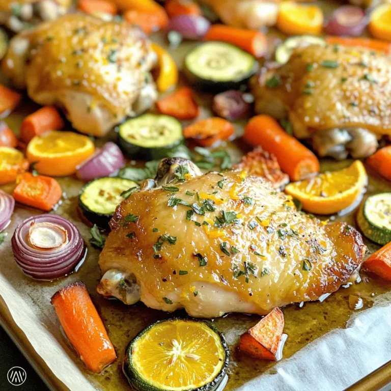 To make this tasty meal, gather these ingredients: - 4 boneless, skinless chicken thighs - 2 medium carrots, sliced - 1 bell pepper (any color), chopped - 1 zucchini, sliced - 1 red onion, quartered - 3 cloves garlic, minced - 1 tablespoon Dijon mustard - 2 tablespoons olive oil - Juice and zest of 1 orange - Juice and zest of 1 lemon - 1 tablespoon fresh rosemary, chopped - 1 tablespoon fresh thyme, chopped - Salt and pepper to taste These fresh ingredients work well together. The chicken gives protein, while veggies add color and flavor. You can change up your dish with a few fun add-ins: - Sweet potato cubes - Cherry tomatoes - Broccoli florets - Cauliflower pieces - Green beans These add-ins make the dish even more colorful and tasty. They also help keep meals interesting! For extra flavor, use these seasonings: - Paprika - Garlic powder - Onion powder - Italian seasoning - Lemon pepper These seasonings enhance the taste of your chicken and veggies. Add them to the marinade for a boost of flavor. You can adjust based on your taste. For the full recipe, check out the details above! To start, I gather all my ingredients. This makes cooking easier and more fun. I preheat the oven to 400°F (200°C). I line a large baking sheet with parchment paper. If you don’t have parchment, grease it lightly with cooking spray. This helps keep everything from sticking. In a large bowl, I mix the marinade. I add olive oil, Dijon mustard, and the juice and zest of the orange and lemon. Next, I put in the minced garlic, rosemary, thyme, salt, and pepper. This mix adds a lot of flavor. I then add the chicken thighs. I coat them well in the marinade. It’s best to let them marinate for 15 to 20 minutes. If I have more time, I let them sit in the fridge for an hour. This gives the chicken even more taste. While the chicken marinates, I prepare the veggies. In another bowl, I toss the sliced carrots, chopped bell pepper, zucchini, and red onion. I drizzle them with olive oil and sprinkle some salt and pepper. Once the chicken is ready, I place the thighs on one side of the baking sheet. I spread the veggies on the other side. I bake everything in the oven for 25 to 30 minutes. The chicken should reach an internal temperature of 165°F (75°C). The veggies will get tender and slightly caramelized. After baking, I take the sheet out and let it cool for a few minutes. This helps the flavors come together. For the full recipe, be sure to check out the details! To cook chicken perfectly, start with even pieces. If the chicken is uneven, it cooks unevenly. I like to use boneless, skinless chicken thighs. They stay juicy and tender. Marinate them for at least 20 minutes. This adds flavor and moisture. Make sure the internal temperature hits 165°F (75°C). Use a meat thermometer for accuracy. Let it rest for a few minutes after baking. This keeps the juices in. When cooking veggies, cut them into similar sizes. This helps them cook evenly. I love using carrots, bell peppers, zucchini, and red onions. Toss them in olive oil and seasonings. This makes them flavorful. Bake them alongside the chicken for the best results. Check on them halfway through. Stir them around for even cooking. You want them tender and slightly caramelized. For serving, I recommend keeping it simple. You can serve right from the pan for a cozy look. Or, plate the chicken with a heap of veggies. Garnish with fresh herbs like thyme or rosemary. This adds color and flair. Pair it with a side of rice or crusty bread for a full meal. Enjoy your delicious creation! For the complete guide, check out the Full Recipe. {{image_2}} You can mix and match veggies for fun. Try using broccoli, asparagus, or sweet potatoes. Each adds a new taste. Brussels sprouts or green beans also work well. If you have leftover veggies, toss them in! Just remember to adjust cook times for harder vegetables. Feeling adventurous? Change up the marinade! Use soy sauce for an Asian twist. Try adding honey for a sweet glaze. You can also use balsamic vinegar for a rich flavor. Just remember to keep the olive oil and garlic for depth. Not in the mood for chicken? Swap in salmon or shrimp. Both cook quickly and taste great. Tofu is a good choice for a vegetarian meal. Just make sure to press the tofu to remove water. This helps it soak up flavors better. For any protein, adjust cooking times to ensure everything cooks perfectly. For the complete recipe, check out the Full Recipe. After cooking, let the chicken and veggies cool down. Place them in an airtight container. Store in the fridge for up to three days. Always check for any odd smells before eating. This helps keep your meals safe and tasty. If you want to save some for later, freezing works great. Let the dish cool completely. Then, pack it in a freezer-safe container. You can also use freezer bags. Make sure to remove as much air as possible. It can last for up to three months in the freezer. When you're ready to enjoy your meal again, use the oven for the best results. Preheat it to 350°F (175°C). Place the chicken and veggies on a baking sheet. Heat for about 15-20 minutes, or until warm. You can also use the microwave, but the oven gives better texture. For more flavor, add a splash of olive oil before reheating. Sheet pan chicken takes about 25 to 30 minutes to cook at 400°F (200°C). You want the chicken to reach an internal temperature of 165°F (75°C). This ensures it is safe to eat. The veggies should be tender and slightly caramelized by this time. Yes, you can use frozen chicken, but it will take longer to cook. I recommend thawing the chicken first for best results. Thawing helps the marinade soak in better. If you must cook from frozen, add an extra 10 to 15 minutes to the cooking time. Use a meat thermometer to check for doneness. Many vegetables go great with chicken. Here are some of my favorites: - Carrots - Bell peppers - Zucchini - Red onions - Broccoli - Brussels sprouts - Potatoes Feel free to mix and match to suit your taste. You can also check the full recipe for more tips on veggie choices. This blog post shared a full guide to making sheet pan chicken. We covered ingredients, including add-ins and seasonings. You learned step-by-step instructions for marinating and baking. I also shared tips for cooking chicken and veggies to perfection. Variations let you explore different flavors and proteins. Lastly, we discussed storage and reheating for leftovers. In short, this dish is simple and flexible, perfect for busy weeknights. Enjoy your cooking adventure!