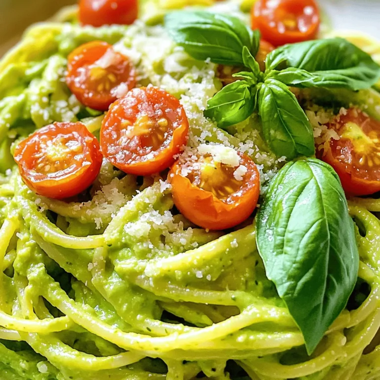 - 2 ripe avocados - 300g spaghetti or pasta of choice - ¼ cup fresh basil leaves The main ingredients make this dish shine. You need ripe avocados for a creamy texture. Look for smooth, dark green skin. The spaghetti or your favorite pasta gives this dish a nice base. Fresh basil adds a burst of flavor that balances the creaminess. - Extra virgin olive oil - Fresh lemon juice - Garlic These pantry essentials bring your sauce to life. Extra virgin olive oil adds richness. Fresh lemon juice brightens the flavor. Garlic gives a warm, savory touch. Together, they create a smooth, vibrant sauce. - Salt and pepper - Red pepper flakes - Grated Parmesan cheese Seasonings are key to great taste. Salt and pepper enhance all the flavors. Red pepper flakes add a hint of heat if you like spice. Grated Parmesan cheese is optional but adds a savory kick. You can adjust these to suit your taste. For the complete recipe, check out the [Full Recipe]. To start, bring a large pot of salted water to a boil. I recommend using about one tablespoon of salt for every four quarts of water. This adds flavor to the pasta as it cooks. Once the water is boiling, add 300g of spaghetti. Cook the spaghetti according to the package instructions, usually about 8 to 10 minutes. You want it to be al dente, which means it should be firm to the bite. Remember to reserve 1 cup of the cooking water before you drain the pasta. This water helps to make your sauce creamy later. Next, it’s time to make the sauce. Take 2 ripe avocados, pitted and peeled, and place them in a blender. Add 2 tablespoons of fresh lemon juice, 3 tablespoons of extra virgin olive oil, 2 cloves of minced garlic, 1 teaspoon of salt, and ½ teaspoon of black pepper. If you like some heat, toss in ½ teaspoon of red pepper flakes. Blend this mixture until it is smooth and creamy. If the sauce seems too thick, gradually add some of the reserved pasta water until you reach the texture you want. Now, combine the cooked spaghetti with the avocado sauce. In a large mixing bowl, add the drained pasta and pour the creamy sauce over it. Toss everything together so the pasta is well coated. If it seems dry, add a bit more reserved pasta water. This keeps the dish creamy and delicious. Finally, gently fold in ¼ cup of chopped fresh basil leaves. Taste your dish and adjust the seasoning if needed. You can add more salt, pepper, or lemon juice to suit your taste. To make your avocado pasta super creamy, use reserved pasta water. When you cook the pasta, save a cup before draining. This water has starch that helps the sauce stick better. If your sauce is too thick, add some pasta water little by little. Blend your sauce well for a smooth finish. A high-speed blender or food processor works best. This helps break down all the ingredients into a silky sauce. Want more flavor? Add extra lemon juice to brighten the dish. It really lifts the whole meal! You can also use fresh herbs like parsley or cilantro for a twist. They add a nice touch and extra flavor. Consider mixing in some garlic powder or onion powder for more depth. Experiment with these flavors to find your favorite mix. This pasta pairs well with proteins like grilled chicken or shrimp. They add heartiness and make it a full meal. If you prefer plant-based options, try adding some sautéed tofu. For garnishing, use fresh basil or parsley on top. Halved cherry tomatoes look great and add freshness. A sprinkle of grated Parmesan cheese can take it up a notch, too. Enjoy your creamy avocado pasta! You can find the full recipe [here](#). {{image_2}} For a vegan version of creamy avocado pasta, skip the Parmesan cheese. The rest of the recipe remains the same. You still get rich flavor and creaminess from the avocados. This makes it a perfect choice for those who avoid animal products. If you need gluten-free options, use gluten-free pasta instead of regular spaghetti. Many brands offer great gluten-free choices that taste good. This way, everyone can enjoy this dish without worry. To make the dish heartier, add grilled chicken or shrimp. Cook the proteins separately and toss them in just before serving. This adds a nice touch and makes it more filling. If you want a vegetarian alternative, try adding tofu. You can grill or pan-fry it for some extra flavor. Dice it into small cubes and toss it in with the pasta. This keeps the meal healthy and satisfying. You can easily add spices like cumin or smoked paprika to the avocado sauce. These spices bring a new depth to the flavor. Just a pinch can make a big difference. Incorporating seasonal vegetables is another great way to vary the dish. Think of cherry tomatoes, spinach, or zucchini. These add color and nutrients, making your meal even better. Store your creamy avocado pasta in an airtight container. Glass or plastic containers both work well. You can keep it in the fridge for 2 to 3 days. The sooner you eat it, the better it tastes. To reheat, use a skillet over low heat. Stir often to avoid sogginess. Add a splash of reserved pasta water to keep the sauce creamy. You can also use the microwave, but do it in short bursts to prevent overcooking. Can creamy avocado pasta be frozen? Yes, but it may change texture. It’s best to freeze the sauce separately. Use a freezer-safe bag or container. When you’re ready to eat, thaw it in the fridge overnight. Then reheat and mix with freshly cooked pasta for the best taste. Making creamy avocado pasta is quick and easy. The prep time takes about 10 minutes. Cooking the pasta takes around 10 minutes more. So, in total, you only need about 20 minutes to make this dish. You can easily serve four people with this simple recipe. Yes, you can make creamy avocado pasta ahead of time. To keep it fresh, store the sauce and pasta separately. You can mix them when you are ready to eat. This way, the pasta won’t absorb the sauce. If you want to prep it for lunch, keep the sauce in an airtight container. It will stay fresh for up to two days in the fridge. If you don't have avocados, you can use several alternatives. For a creamy texture, try using silken tofu. Another option is to use cooked and pureed cauliflower. Both will give you a nice creaminess. You can also blend cooked white beans for a unique twist. Each of these options adds a different flavor but keeps the dish rich and smooth. This blog post covered the key ingredients and steps to make creamy avocado pasta. You learned about the main ingredients, cooking techniques, and tasty variations. We discussed tips for creaminess and storage options. Experimenting with flavors and textures will bring joy to your meals. Embrace creativity and enjoy every bite. Making this dish can be simple and fun. You can impress your friends and family. Happy cooking!