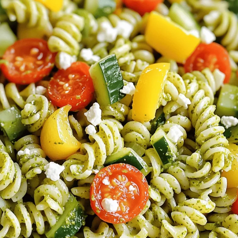 To make a great pesto pasta salad, you need good ingredients. Here’s what I recommend: - Types of Pasta Recommended: I love using fusilli pasta. Its spiral shape holds the pesto well. You can also use rotini or penne if you like. Just pick a pasta that cooks al dente. - Fresh vs. Store-Bought Pesto Options: Fresh pesto tastes the best. You can make it with basil, pine nuts, and Parmesan cheese. It’s simple! Just blend those together and add olive oil. If you’re short on time, store-bought pesto works too. Just look for a brand with natural ingredients. You can find the full recipe for this tasty salad below. This will help you gather all the ingredients you need. To cook the pasta, I use a large pot. Start by filling it with water. Add a good amount of salt to the water. This helps flavor the pasta. Bring the water to a boil. Once boiling, add 12 oz of fusilli pasta. Cook it according to the package instructions. Usually, this takes about 8-10 minutes. You want the pasta to be al dente, which means it's firm but not hard. After cooking, drain the pasta in a colander. Rinse it under cold water to stop the cooking process. This step cools the pasta and helps keep it from sticking together. For the pesto, you need a food processor. This tool makes blending easy. Start by adding 1 cup of fresh basil leaves. Then, add 1/4 cup of pine nuts and 1/2 cup of grated Parmesan cheese. Add a pinch of salt to enhance the flavor. Pulse the mixture until it's finely chopped. While the processor runs, slowly pour in 1/2 cup of olive oil. This makes the pesto creamy. Taste the pesto and adjust the seasoning. You can add more salt or cheese if you like. In a large mixing bowl, combine the cooled pasta with other ingredients. Add 1 cup of halved cherry tomatoes, 1/2 cup of diced yellow bell pepper, and 1/2 cup of diced cucumber. Then, add 3/4 cup of crumbled feta cheese. Now, it's time to mix! Add the pesto to the bowl. Use a large spoon to gently toss everything together. This ensures each piece of pasta and vegetable gets coated in the tasty pesto. Finally, squeeze the juice of 1 lemon over the salad. This brightens the flavors. Mix again to blend everything well. Let the salad chill in the fridge for at least 30 minutes. This helps all the flavors meld together. Enjoy your delicious Pesto Pasta Salad! For the complete recipe, check the Full Recipe. How to Toast Pine Nuts Toasting pine nuts adds depth to their flavor. Start by placing them in a dry pan over medium heat. Stir them frequently for about 3 to 5 minutes. They should turn golden brown and smell nutty. Don’t walk away; they can burn quickly! Once toasted, let them cool before adding them to your salad. Alternatives for Parmesan and Feta If you want to switch things up, try different cheeses. For Parmesan, use Pecorino Romano for a stronger taste. If you need a dairy-free option, nutritional yeast gives a cheesy flavor. For feta, goat cheese works well for creaminess. You can also use ricotta for a lighter touch! Ideal Pairings for Pesto Pasta Salad Pesto pasta salad pairs well with grilled chicken or shrimp. You can also serve it with crusty bread for a complete meal. A light white wine, like Sauvignon Blanc, makes a refreshing drink alongside it. Garnishes for a Stunning Presentation To make your salad look fancy, add a sprinkle of fresh basil on top. Cherry tomatoes can add a pop of color. You can also drizzle a bit of olive oil before serving. For a crunchy touch, add extra toasted pine nuts on the top. For the full recipe, check out the Pesto Pasta Salad Delight 🥗! {{image_2}} Pesto is not just one flavor. You can use many different herbs. The classic is basil pesto. It has a fresh, herby taste. You blend basil leaves, garlic, pine nuts, cheese, and olive oil. This mix gives a bright green sauce. Spinach pesto is another great choice. It uses spinach instead of basil. Spinach adds a mild flavor, making it kid-friendly. You can mix spinach with nuts and cheese. This way, you still get that rich taste. If you follow a vegan diet, you have options too. You can make vegan pesto by swapping cheese for nutritional yeast. This gives a nutty flavor without dairy. Just blend your favorite greens, nuts, garlic, and olive oil. You can make pesto pasta salad even better with extra ingredients. Adding proteins is a great way to do this. Chicken, shrimp, or tofu can make the salad more filling. Grilled chicken adds a nice smoky taste. Shrimp brings a sweet flavor, while tofu is great for plant-based diets. Seasonal vegetables also enhance your salad. Try adding cherry tomatoes, zucchini, or bell peppers. These veggies bring color and crunch. You can use whatever is fresh and in season. This keeps the salad vibrant and tasty. Feel free to explore different flavors. Your pesto pasta salad can be unique each time. Check out the Full Recipe for more ideas! To keep your pesto pasta salad fresh, store it in the fridge. Use an airtight container to prevent any odors from other foods. This helps maintain its bright color and flavor. You can enjoy it cold or at room temperature. I recommend eating it within three days for the best taste. If you want to save some for later, you can freeze it. However, the texture may change once thawed. To freeze, place the salad in a freezer-safe bag. Remove as much air as possible before sealing. You can freeze it for up to two months. When ready to eat, thaw it in the fridge overnight. Pesto pasta salad lasts about three to five days in the fridge. Always check for freshness before eating. If it sits too long, it may spoil. Watch for these signs of spoilage: - Off smell or sour odor - Change in color or texture - Mold spots or slimy pasta If you see any of these signs, discard the salad immediately. Enjoy your pesto pasta salad safely! For the full recipe, check out the Pesto Pasta Salad Delight. To make homemade pesto, you need simple ingredients. Gather fresh basil, pine nuts, Parmesan cheese, and olive oil. You can add salt for taste. 1. Start by adding basil leaves, pine nuts, and cheese to a food processor. 2. Pulse the mix until it’s finely chopped. 3. While the processor runs, slowly pour in the olive oil. 4. Keep blending until it’s smooth. Adjust salt if needed. This fresh pesto adds a bright flavor to your pesto pasta salad. Yes, you can use different pasta shapes! While fusilli works great, you can try rotini, farfalle, or penne. Each shape holds the pesto well. Choose a shape that you enjoy or have on hand. It adds a fun twist to your dish. Yes, it can be gluten-free! Just pick gluten-free pasta made from rice or quinoa. These options work well in your salad. Be sure to check that your pesto is gluten-free too. This way, everyone can enjoy the salad without worry. Absolutely! Making this salad ahead of time is smart. You can prepare it a day before your event. Just store it in an airtight container in the fridge. This lets the flavors blend nicely. When ready to serve, give it a quick toss. Enjoy your easy and tasty pesto pasta salad! For the full recipe, check out Pesto Pasta Salad Delight. This blog post covered how to make a delightful pesto pasta salad. We explored key ingredients, ideal pasta types, and whether to choose fresh or store-bought pesto. I shared tips for cooking pasta perfectly and making tasty pesto. You learned how to combine the salad for even flavor and texture, plus options to enhance it with nuts or cheese. Finally, I discussed storage tips and answered common questions. Enjoy making this dish! It’s simple and lets you get creative. Your meals can be fresh, tasty, and healthy!