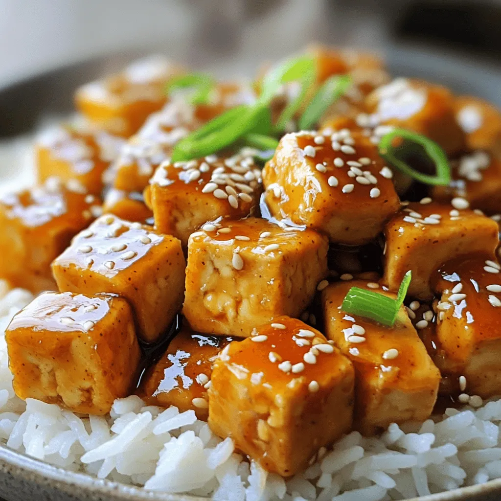To make Spicy Honey Garlic Tofu, you need the following ingredients: - 1 block (14 oz) firm tofu, drained and pressed - 3 tablespoons honey - 2 tablespoons soy sauce - 1 tablespoon sriracha (adjust for desired spice level) - 4 cloves garlic, minced - 1 tablespoon fresh ginger, grated - 2 tablespoons sesame oil - 1 teaspoon cornstarch (optional, for thickening) - 1 tablespoon sesame seeds (for garnish) - Green onions, chopped (for garnish) - Cooked rice or quinoa (for serving) If you cannot find some of these ingredients, here are some easy swaps: - Tofu: You can use tempeh or seitan for a different texture. - Honey: Maple syrup or agave nectar works well for a vegan option. - Sriracha: Use chili paste or red pepper flakes for heat. - Soy Sauce: Tamari or coconut aminos are great gluten-free choices. - Sesame Oil: Olive oil can replace it if needed, but the flavor will change. Choosing the right tofu makes a big difference in your dish. Here’s what to look for: - Firmness: Select firm or extra-firm tofu. It holds its shape best during cooking. - Freshness: Check the expiration date. Fresh tofu tastes better and cooks well. - Packaging: Look for vacuum-sealed packages. They often keep the tofu fresher. - Texture: Choose tofu with a smooth texture. Avoid any with cracks or dry spots. Finding the right tofu helps you achieve that perfect crispy texture. Enjoy the cooking! To start, cut the pressed tofu into small cubes or triangles. This helps the tofu cook evenly. Pat each piece dry with a paper towel. Removing moisture is key for a crispy finish. Next, mix the sauce. In a medium bowl, whisk together honey, soy sauce, sriracha, minced garlic, grated ginger, and sesame oil. If you want a thicker sauce, add cornstarch and mix until smooth. Now, grab a large non-stick skillet. Heat a bit of sesame oil over medium heat. Once hot, add the tofu cubes. Let them cook without moving them for 4-5 minutes. This gives them a nice golden color. Flip the tofu and cook for another 4-5 minutes. You want them evenly browned all over. After that, pour the honey garlic sauce over the crispy tofu. Stir gently to coat each piece. Cook for an extra 2-3 minutes. The sauce should thicken and glaze the tofu nicely. Finally, remove the pan from heat. Sprinkle sesame seeds and chopped green onions on top for a fresh touch. Serve the spicy honey garlic tofu over cooked rice or quinoa for a filling meal. For best results, cook the tofu on medium heat. This prevents burning while letting it get crispy. Keep an eye on the time: 4-5 minutes on each side is perfect. If your tofu isn't crispy, it might need a bit more time. If you want extra crispiness, try preheating the skillet before adding oil. This helps the tofu start cooking right away. To achieve crispy tofu, always press it before cooking. Pressing removes extra moisture. This is crucial for crispiness. Also, make sure to dry the tofu pieces well before cooking. When cooking, don’t crowd the pan. Give the tofu space to fry. This allows hot air to circulate and promotes even cooking. If needed, cook in batches. Finally, remember to let the tofu sit undisturbed for a few minutes on each side. This creates that perfect golden crust. For the full recipe, check out the [Full Recipe]. To boost the taste, try marinating the tofu longer. A soak of at least 30 minutes can make a big difference. You can add lime juice for a zesty kick. Fresh herbs like cilantro or basil can also elevate the dish. If you like it spicy, add more sriracha or even some red pepper flakes. Sweet and spicy balance each other well; keep experimenting until you find your favorite mix. Crispy tofu is all about moisture control. After pressing, ensure the tofu is dry. This helps it brown nicely. Use a non-stick skillet, and don't overcrowd the pan. This way, each piece gets enough heat. Heat the oil until it's hot before adding the tofu. Flip it carefully to maintain its shape. Finally, add the sauce at the right time. Let it thicken for just a few minutes to coat the tofu well without making it soggy. Spicy honey garlic tofu pairs well with many sides. Serve it over steamed rice or fluffy quinoa for a filling meal. Roasted vegetables add a nice crunch and color. For a fresh touch, a green salad with a light dressing works great. You can also drizzle extra honey or a tangy soy sauce on top as a finishing touch. If you want more heat, serve with extra sriracha on the side. For the full recipe, check out the details above! {{image_2}} If you have dietary restrictions, you can swap out some ingredients. For a vegan version, replace honey with agave syrup or maple syrup. Both offer sweetness without animal products. If you need a soy-free option, use coconut aminos instead of soy sauce. This keeps the flavor while being kinder to those with soy allergies. You can easily add more veggies to the dish. Bell peppers add color and crunch. Broccoli florets work great and soak up the sauce. Snap peas bring a nice snap and sweetness. Feel free to mix and match based on what you love or have on hand. Just remember to chop them small so they cook quickly. To make this recipe vegan, simply use agave or maple syrup instead of honey. For gluten-free, ensure your soy sauce is gluten-free. Many brands offer gluten-free soy sauce or you can stick with coconut aminos, which is naturally gluten-free. For the full recipe, check out the Spicy Honey Garlic Tofu section. Enjoy customizing this dish to fit your needs! To keep your Spicy Honey Garlic Tofu fresh, let it cool to room temperature. Place it in an airtight container. Store it in the fridge for up to four days. Make sure to separate the tofu from the rice or quinoa if you have leftovers. This way, the tofu stays crispy. When you're ready to enjoy leftovers, you can reheat them easily. Use a skillet over medium heat. Add a splash of sesame oil for flavor. Heat the tofu for about 5 to 7 minutes, stirring gently. This helps to keep the tofu crispy. If you're in a hurry, you can use the microwave. Heat it in short bursts, around 30 seconds, until warm. Spicy Honey Garlic Tofu is perfect for meal prep! You can make a big batch and store it for quick meals. Pair the tofu with steamed veggies for a balanced lunch. You can also use it in wraps or salads. Just add some greens and a drizzle of extra sauce for flavor. This dish can easily become a staple in your weekly menu. Check out the full recipe for more tips! To change the spice level, focus on the sriracha. This sauce is the main source of heat. If you want less spice, use less sriracha. Start with one teaspoon and taste. You can also add more honey if it gets too spicy. For more heat, increase the sriracha gradually. You can also add red pepper flakes for extra kick. This way, you control the flavor and heat. Yes, you can prepare Spicy Honey Garlic Tofu ahead of time. Cook the tofu and sauce, then store them separately in the fridge. This keeps the tofu crispy. You can reheat them later. To warm the tofu, use a pan over medium heat. Add a bit more sauce if it seems dry. This makes a quick meal any day of the week. If you don’t have honey, you can use maple syrup or agave nectar. Both options provide sweetness. You could also try brown sugar mixed with a bit of water. This gives a similar flavor profile. Just remember, the syrup will change the taste slightly. Adjust the amount based on your preference. Enjoy the flavors while keeping it tasty! For the full recipe, check out the Spicy Honey Garlic Tofu section in the article. This blog post covered everything you need to make Spicy Honey Garlic Tofu. You learned about key ingredients, cooking tips, and flavor enhancers. I shared ways to modify the recipe for your diet. We also explored how to store leftovers and reheat them. Now, you have the tools to create a delicious meal. Enjoy making this dish your own with fun variations and tips. Your cooking journey with tofu starts here, so dive in and have fun!