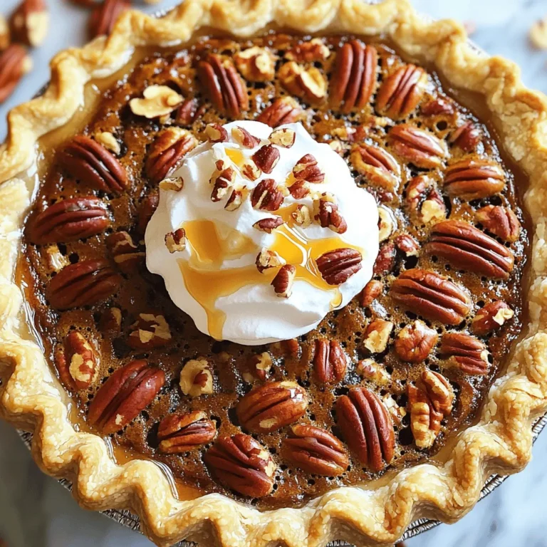 - 1 ½ cups pecan halves - 1 cup maple syrup - ¾ cup brown sugar, packed - ½ cup granulated sugar - 4 large eggs - 4 tablespoons unsalted butter, melted - 1 teaspoon vanilla extract - 1 tablespoon all-purpose flour - 1 teaspoon salt - 1 pre-made pie crust (store-bought or homemade) To make the best maple pecan pie, you need quality ingredients. The pecan halves add a rich, nutty flavor. Maple syrup brings a deep sweetness. Brown sugar adds moisture and a hint of caramel. Using four large eggs gives structure to the filling. Melted butter adds a lovely richness. The vanilla extract enhances the overall taste. A tablespoon of flour helps to thicken the filling. Finally, salt balances all the flavors. - Mixing bowls - Whisk - Measuring cups and spoons - 9-inch pie dish For this recipe, simple tools work best. A mixing bowl helps you combine your ingredients easily. A whisk ensures the eggs mix smoothly with the sugars. Measuring cups and spoons let you get the right amounts. A 9-inch pie dish holds your beautiful pie. Whenever I bake, I always check my tools first. Using the right tools makes the process smoother. With these ingredients and tools, you will create a maple pecan pie that everyone loves. For the full recipe, check out the detailed instructions above. - Preheating the Oven Start by preheating your oven to 350°F (175°C). This step is key to ensuring even baking. A hot oven helps the crust bake perfectly. - Preparing and Crimping the Crust Take your pre-made pie crust and fit it into a 9-inch pie dish. Press it gently against the sides and bottom. Crimp the edges to make it look nice. Use a fork to prick holes in the bottom. This helps prevent bubbling. - Mixing the Sugars and Eggs In a large mixing bowl, whisk together 1 cup of maple syrup, ¾ cup of packed brown sugar, and ½ cup of granulated sugar. Mix until it’s smooth. Next, add 4 large eggs, one at a time. Make sure each egg mixes in well before adding the next. Your filling should look fluffy and smooth. - Adding Butter and Other Ingredients Pour in 4 tablespoons of melted unsalted butter and 1 teaspoon of vanilla extract. Mix these in well. Then, add 1 tablespoon of all-purpose flour and 1 teaspoon of salt. Stir until everything is combined. Finally, gently fold in 1 ½ cups of pecan halves. This adds that delicious crunch. - Pouring the Filling into the Crust Carefully pour the pecan filling into your prepared pie crust. Make sure it spreads out evenly. This helps the pie bake uniformly. - Baking Time and Temperature Place the pie in your preheated oven and bake for 50 to 60 minutes. Look for a golden brown top. The filling should be set, but the center can jiggle a bit. After baking, let it cool for at least 2 hours before slicing. This cooling time helps the filling firm up nicely. For the complete recipe, check the Full Recipe section. - Preventing a Soggy Bottom: To keep your pie crust crisp, use a fork to prick the bottom before baking. This helps steam escape. You can also blind bake the crust. This means baking it for a short time before adding the filling. Try adding a layer of parchment paper and some pie weights if you have them. This will help hold the shape and prevent bubbles. - Crimping Techniques: Crimping the edges of your pie crust not only looks nice, but it also keeps the filling inside. To crimp, pinch the dough between your fingers. You can use a fork to press down along the edges for a simple design. Make sure to press firmly to seal the crust well. - Checking for Doneness: When baking your pie, keep an eye on it. The filling should be set and the top should be golden brown. To check, gently shake the pie. It should have a slight jiggle in the center. If it shakes too much, it needs more time in the oven. - How to Avoid Overbaking: Overbaking can make the filling tough. Set a timer for the minimum baking time. If you check it and it’s not done, keep baking in five-minute intervals. Each oven is different, so this helps you avoid a dry filling. - Presentation Tips with Garnishes: For a lovely look, slice your pie and add a dollop of whipped cream on top. Sprinkle some extra chopped pecans for crunch. Drizzle a little maple syrup over the cream for sweetness. This simple touch makes your pie stand out. - Pairing with Ice Cream or Whipped Cream: Maple pecan pie is delightful with vanilla ice cream on the side. The cold ice cream pairs well with the warm pie. If you prefer whipped cream, choose a lightly sweetened version to balance the flavors. Both options add a creamy texture that enhances each bite. For the full recipe, check out the Maple Pecan Delight Pie section above! {{image_2}} For a vegan version, replace eggs and butter. Use flaxseed meal mixed with water as an egg substitute. Mix 1 tablespoon of flaxseed meal with 2.5 tablespoons of water. Let it sit for five minutes to thicken. For butter, try coconut oil or vegan butter. These swaps keep the pie tasty and rich. If you need a gluten-free pie, choose the right crust. Look for a store-bought gluten-free crust made from almond or rice flour. You can also make your own using gluten-free flour blends. This way, everyone can enjoy this sweet treat. You can add fun twists to the classic recipe. Try mixing in chocolate chips for a sweet surprise. Dark chocolate complements the maple flavor well. Bourbon adds depth. A splash of bourbon enhances the pie's richness and warmth. Add spices like cinnamon or nutmeg for warmth. These spices bring out the sweet notes. Just a pinch can make a big difference. Experiment with flavors to find your favorite mix. To keep your maple pecan pie fresh, wrap it well. Use plastic wrap or aluminum foil. Store it in the fridge for the best taste. You can also place it in an airtight container. This method helps keep the flavors strong and the pie moist. Freezing is great for long-term storage. Wrap the pie tightly in plastic wrap, then in foil. This two-layer method prevents freezer burn. When you’re ready to eat it, thaw the pie overnight in the fridge. Let it sit at room temperature for a bit before serving. This helps restore its delicious texture. In the fridge, your maple pecan pie lasts about 3 to 4 days. After that, the flavors may fade. If you freeze it, it can last up to 2 months. Just remember to check for any signs of freezer burn before you enjoy it. With proper storage, your pie stays tasty and fresh. Baking a maple pecan pie takes about 50 to 60 minutes. I recommend checking for doneness around the 50-minute mark. The filling should be set, and the top should turn a nice golden brown. When you gently shake the pie, there should be a slight jiggle in the center. This means your pie is ready to come out. Let it cool for at least 2 hours to let the filling firm up. Yes, you can use a homemade pie crust! A homemade crust can give your pie a fresh taste. You can control the ingredients and make it just how you like. Store-bought crusts are quick and easy. They save time if you're busy. Both options can create a delicious pie, so choose what works best for you. Maple pecan pie pairs well with many treats. You can serve it with whipped cream for sweetness. Vanilla ice cream is also a great choice, as it adds creaminess. A hot cup of coffee or tea can balance the pie's sweetness. For a twist, try serving it with a drizzle of warm maple syrup. Enjoying these together will make your dessert even better! This guide covered making a delicious maple pecan pie. You learned the key ingredients, tools needed, and step-by-step instructions. I shared tips to perfect your crust and filling. You also found variations, storage tips, and answers to common questions. Remember, baking is fun! Experiment with flavors and enjoy your pie with friends and family. Making a great dessert isn’t just about the recipe; it’s about sharing moments. Enjoy every slice!