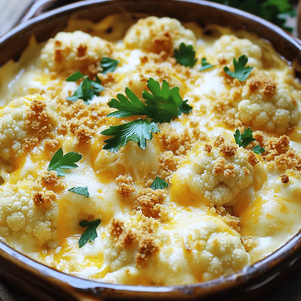 To make this tasty Cheesy Cauliflower Bake, you will need: - 1 large head of cauliflower, cut into florets - 1 cup sharp cheddar cheese, grated - 1/2 cup cream cheese, softened - 1/4 cup sour cream - 1/2 cup milk - 2 cloves garlic, minced - 1/4 teaspoon cayenne pepper (optional) - Salt and pepper to taste - 1/2 cup breadcrumbs - 1 tablespoon olive oil - Fresh parsley, chopped (for garnish) These ingredients combine to create a creamy and cheesy dish. The cauliflower brings a nice texture, while the cheeses add rich flavor. You will need a few tools to help you make this dish: - Large pot for steaming - Medium saucepan for the cheese sauce - Baking dish (9x13 inch) - Mixing bowls - Whisk or spoon for stirring - Knife and cutting board These tools make cooking easier and help you mix everything well for a smooth bake. While the Cheesy Cauliflower Bake is delicious on its own, you can add some garnishes: - Extra cheddar cheese for topping - Crushed red pepper flakes for heat - Chopped chives or green onions for freshness These garnishes can add a little extra flair and flavor to your dish. Feel free to get creative with what you have at home! To start, gather all your ingredients. You will need: - 1 large head of cauliflower, cut into florets - 1 cup sharp cheddar cheese, grated - 1/2 cup cream cheese, softened - 1/4 cup sour cream - 1/2 cup milk - 2 cloves garlic, minced - 1/4 teaspoon cayenne pepper (optional) - Salt and pepper to taste - 1/2 cup breadcrumbs - 1 tablespoon olive oil - Fresh parsley, chopped (for garnish) Next, preheat your oven to 375°F (190°C). This helps the bake cook evenly. Now, steam the cauliflower florets for about 5-7 minutes until they are just tender. Drain the florets well and set them aside. In a medium saucepan over medium heat, mix the cream cheese, sour cream, and milk. Stir this until it becomes smooth and creamy. Then, add the minced garlic, cayenne pepper, salt, and pepper. Keep stirring until everything is well mixed. Now, stir in 3/4 cup of grated cheddar cheese. Continue to mix until the cheese melts and the sauce is smooth. In a large bowl, combine the steamed cauliflower with the cheese sauce. Make sure each floret is coated well. Transfer the cheesy cauliflower mixture to a greased 9x13 inch baking dish. Spread it out evenly. In a small bowl, mix breadcrumbs with olive oil. Sprinkle this mixture over the top of the cheesy cauliflower. Then, add the remaining 1/4 cup of cheddar cheese on top. Bake the dish in the preheated oven for about 20-25 minutes. You want the top to be golden brown and bubbly. Once it’s done, remove it from the oven. Let it cool slightly before garnishing with chopped parsley. Enjoy the comfort of this cheesy dish! For the full recipe, refer to the earlier section. To make the best cheesy cauliflower bake, start with fresh cauliflower. Choose a large head that feels firm. Cut it into florets for even cooking. Steam the florets until just tender. This keeps them from getting mushy. The cheese sauce should be smooth and creamy. Stir it well to melt the cheese completely. Mix the cauliflower and cheese sauce gently. You want every floret coated in that rich goodness. One common mistake is overcooking the cauliflower. If you cook it too long, it will turn soft. Also, don’t skip the seasoning. Salt and pepper bring out the flavors. Another mistake is using low-quality cheese. A good sharp cheddar makes a big difference. Finally, don’t rush the baking time. Let it bake until the top is golden brown. This step adds a nice crunch to your dish. You can easily change the flavors in your cheesy cauliflower bake. Try different cheeses like gouda or mozzarella for a new taste. Adding spices can also help. A pinch of paprika or some Italian herbs can add depth. If you want more texture, mix in cooked bacon or ham. For added nutrition, toss in some peas or spinach. These simple changes can take your dish to the next level. For the complete method, check out the Full Recipe. {{image_2}} You can mix up the cheese in your Cheesy Cauliflower Bake. Instead of sharp cheddar, try using mozzarella for a gooey texture. Gruyère adds a nutty flavor, while pepper jack gives a spicy kick. Feel free to blend different cheeses for a unique taste. Cheese is key to this dish, so choose what makes you happy. Want to make your bake heartier? Add more veggies! Spinach, broccoli, or bell peppers work well. You can also toss in cooked chicken or sausage for added protein. This dish is great because it lets you use what you have in your fridge. The more you add, the more flavor you get! If you want a gluten-free Cheesy Cauliflower Bake, swap breadcrumbs for crushed gluten-free crackers. You can also use almond flour or ground oats. Both options give a nice crunch without the gluten. Always check labels to ensure your ingredients are gluten-free. Enjoy your tasty, safe dish! To keep your cheesy cauliflower bake fresh, let it cool first. Transfer leftovers to an airtight container. Store in the fridge for up to three days. Make sure to cover it well to avoid drying out. When you’re ready to enjoy leftovers, preheat your oven to 350°F (175°C). Place the cheesy cauliflower bake in a baking dish. Cover it with foil to keep moisture in. Heat for about 15-20 minutes until it’s warm throughout. You can also use a microwave for quick reheating. Just place a portion in a microwave-safe dish and heat for 1-2 minutes. If you want to freeze your cheesy cauliflower bake, cool it completely first. Then, wrap it tightly in plastic wrap or foil. Place it in a freezer-safe container. It will last up to three months in the freezer. When you’re ready to eat, thaw it in the fridge overnight. Reheat as mentioned before. Enjoy the taste of comfort food, even after freezing! For the full recipe, check out the details above. Cheesy Cauliflower Bake lasts about 3 to 5 days in the fridge. Store it in an airtight container. This keeps it fresh and tasty for your next meal. Always check for signs of spoilage before eating. Yes, you can use frozen cauliflower! Just thaw it and drain any excess water. This saves time and still gives you a yummy dish. Cook it for a bit longer to ensure it warms through. Absolutely! Cheesy Cauliflower Bake is great for meal prep. It stores well and reheats nicely. Make a big batch, portion it out, and enjoy it throughout the week. Pair it with your favorite protein for a complete meal. For the Full Recipe, check above. This blog post covered how to make a Cheesy Cauliflower Bake. We listed the key ingredients, kitchen tools, and optional garnishes. You learned step-by-step cooking and baking methods. The tips helped you avoid common mistakes and offered fun variations. I also explained how to store leftovers properly. Now, you can enjoy this dish and share it with others. Try new cheeses or add your favorite veggies for extra flavor. These ideas will make your bake special every time. Happy cooking!