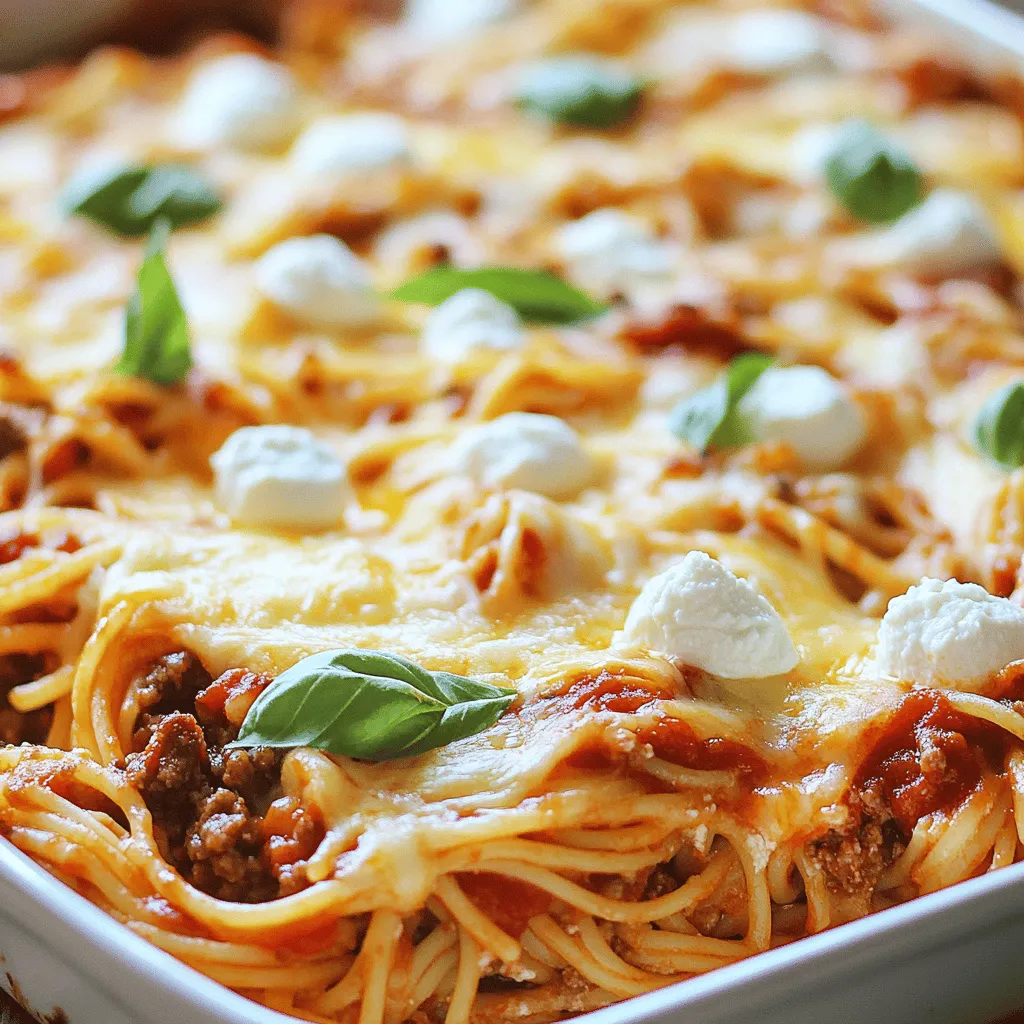 - 12 oz spaghetti - 1 lb ground beef or turkey - 1 medium onion, diced - 3 cloves garlic, minced - 2 cups marinara sauce - 1 cup ricotta cheese - 2 cups shredded mozzarella cheese - 1 cup grated Parmesan cheese - 1 egg - 2 teaspoons Italian seasoning - Salt and pepper to taste - Fresh basil for garnish When making Million Dollar Spaghetti Casserole, the right ingredients matter. The blend of rich flavors creates a tasty dish. I enjoy using fresh items for the best taste. - Substitute ground meat with plant-based protein - Use gluten-free spaghetti for dietary restrictions If you want to change things up, consider these options. Plant-based protein is great for vegetarians. Gluten-free spaghetti works well for those with allergies. These swaps help everyone enjoy this dish. - Preheat the oven to 350°F (175°C). - Cook spaghetti until al dente and drain. - Brown the ground meat with diced onions and minced garlic. - Add marinara sauce and let it simmer for a few minutes. - Mix ricotta cheese, egg, and half of the mozzarella and Parmesan. - Layer half of the cooked spaghetti in a casserole dish. - Spread half of the meat sauce over the spaghetti. - Dollop half of the ricotta mixture on top. - Repeat the layers with the remaining spaghetti, meat sauce, and ricotta. - Top with the remaining cheeses and cover with foil. - Bake for 30 minutes covered, then 15 minutes uncovered. - Remove from the oven and let it cool for a short time. For the full recipe, check the recipe section above. - Ensure spaghetti is not overcooked for the best texture. - Let the casserole sit before serving for easier slicing. Cooking spaghetti just right matters. If you cook it too long, it turns mushy. Al dente spaghetti gives the dish a nice bite. After baking, let the casserole rest. This helps the layers set. When you cut it, each slice will hold together. - Add crushed red pepper for a spicy kick. - Include chopped vegetables like bell peppers or mushrooms. Want to jazz up your casserole? Try adding crushed red pepper. It gives a nice heat without being too intense. You can also mix in chopped vegetables. Bell peppers and mushrooms add color and taste. They make your meal even more nutritious. - Serve with garlic bread or a side salad. - Pair with a light red wine for a complete meal. When it's time to eat, think about sides. Garlic bread is a classic choice. It soaks up the sauce and tastes great. A fresh side salad balances the meal nicely. For drinks, a light red wine pairs well. It enhances the flavors and makes dinner feel special. {{image_2}} For a tasty vegetarian option, swap the ground meat for lentils or mushrooms. Lentils add protein and fiber while keeping the dish hearty. You can also use chopped mushrooms for a meaty texture. Simply sauté the lentils or mushrooms with onions and garlic before adding the marinara sauce. This way, you keep the rich flavor and add a healthy twist. Cheese lovers, rejoice! You can make this dish extra cheesy by adding layers of different cheeses. Try using Gouda or cheddar alongside the mozzarella and Parmesan. Each cheese brings its own unique flavor. Mix in these extra cheeses in between the layers or sprinkle them on top for a gooey finish. This variation elevates your casserole to a whole new level. If you like a little heat, consider adding jalapeños or spicy Italian sausage. For jalapeños, slice them thinly and mix them into the meat sauce. If you choose sausage, cook it with the ground meat for a spicy kick. Both options will warm up your casserole and make it exciting. Adjust the amount to suit your heat preference, and enjoy the extra flavor! Store leftovers in an airtight container for up to 3 days. This keeps the dish fresh and tasty. Make sure to let the casserole cool first. If you cover it too soon, moisture will form. This can make the dish soggy. Freeze individual portions for up to 3 months. This is great for quick meals later on. Use freezer-safe containers or bags. Label them with the date. To thaw, move the casserole to the fridge overnight before reheating. Reheat in the oven for even heating or in the microwave. If using the oven, cover it with foil to prevent drying out. Heat at 350°F for about 20 minutes. In the microwave, heat in 1-minute intervals until hot. Enjoy your Million Dollar Spaghetti Casserole again! Overcooked spaghetti can become mushy and affect the casserole texture. It may lose its shape and blend into the sauce. For best results, cook the spaghetti until al dente. This means it should be firm to the bite. It will hold its shape better in the casserole. Yes, you can assemble it a day in advance and bake when ready. This makes it perfect for busy weeknights or gatherings. Just store it in the fridge covered with foil. When you are ready, bake it directly from the fridge. You may need to add a few extra minutes to the baking time. The casserole is done when the cheese is bubbly and lightly golden brown. You can check this by looking at the top layer of cheese. It should be a nice golden color. If you want to be sure, you can use a food thermometer. The internal temperature should reach 165°F (74°C). Yes, feel free to experiment with your favorite cheeses. You can try cheddar, Gouda, or even feta for a twist. Each cheese will add its own flavor to the dish. Mixing a few different cheeses can make it even tastier! This blog post shared a simple recipe for Million Dollar Spaghetti Casserole. We covered the core ingredients, step-by-step instructions, and tips for success. You learned about storage options and variations to suit different diets. Remember, cooking should be fun and creative. Don’t hesitate to make this dish your own. Enjoy the process and share it with loved ones for a satisfying meal!