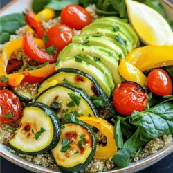 - 1 cup quinoa - 2 cups vegetable broth or water - 1 medium zucchini - 1 red bell pepper - 1 yellow bell pepper - 1 medium red onion - 1 cup cherry tomatoes - Additional ingredients for garnish When you make a roasted vegetable quinoa bowl, you want fresh ingredients. Quinoa is a great base. It’s gluten-free and packed with protein. I recommend rinsing the quinoa before cooking. This helps remove any bitter taste. Next, pick colorful vegetables. Zucchini, bell peppers, and red onions add crunch and flavor. Cherry tomatoes bring a sweet burst when roasted. Use firm vegetables that hold their shape well. They will roast nicely and not turn mushy. - Olive oil - Garlic powder - Smoked paprika - Salt and pepper Seasonings can make or break your dish. I love using olive oil to coat the veggies. It adds richness and helps them roast evenly. Garlic powder gives a warm, savory note. Smoked paprika adds a unique twist and a hint of smoke. Don’t forget salt and pepper to enhance all the flavors. - Fresh spinach - Avocado - Fresh parsley or cilantro - Lemon wedges For extra nutrition, toss in fresh spinach. It wilts nicely into the warm quinoa. Sliced avocado adds creaminess, making each bite satisfying. Garnish with parsley or cilantro for a fresh touch. Lemon wedges are perfect for a bright finish. Squeeze some on just before eating for a zesty kick. For the full recipe, check out the details to start cooking! - Preheat the oven to 425°F (220°C). - Prepare a baking sheet for roasting the vegetables. Start by making the kitchen warm. Preheating the oven helps the veggies roast well. Line a baking sheet with parchment paper or foil. This makes cleaning easy later. - Toss diced vegetables with olive oil and seasonings. - Roast vegetables and stir halfway through. Take your diced zucchini, bell peppers, red onion, and cherry tomatoes. Toss them with olive oil, garlic powder, smoked paprika, salt, and pepper. Spread them out evenly on the baking sheet. Pop them into the oven for about 25-30 minutes. Stir halfway through to ensure even cooking. You want them tender and slightly caramelized for the best flavor. - Rinse quinoa and combine with vegetable broth or water. - Bring to a boil and simmer until fluffy. While the veggies roast, it’s quinoa time! Rinse 1 cup of quinoa under cold water. This helps remove any bitterness. In a medium saucepan, combine the rinsed quinoa with 2 cups of vegetable broth or water. Bring it to a boil. Then, reduce the heat to low, cover, and let it simmer for about 15 minutes. When done, the quinoa should be fluffy and have absorbed all the liquid. - Fluff quinoa and mix in fresh spinach. - Assemble the bowl with quinoa, roasted vegetables, and avocado. Once the quinoa is ready, remove it from heat. Let it sit covered for 5 minutes. Then fluff it with a fork. Mix in fresh spinach until it wilts slightly. Now, it’s time to build your bowl! Start with a base of quinoa. Top it with the roasted vegetables and slices of avocado. For a nice touch, garnish with fresh parsley or cilantro. Serve with lemon wedges on the side for a zesty kick. For the full recipe, check out the details above! Rinsing quinoa is key for a better texture. It removes the natural coating called saponin, which can taste bitter. To rinse, place quinoa in a fine mesh strainer and run cold water over it for a minute. This small step makes a big difference in taste. The roasting time for vegetables matters too. Each type of vegetable cooks at a different rate. For example, bell peppers roast faster than zucchini. Check your veggies halfway through cooking. Stir them to ensure even roasting. This brings out their sweet flavors. Layering ingredients makes your bowl look great. Start with a base of quinoa. Then, add the roasted vegetables on top. Place avocado slices in a fan shape for a pretty touch. Use a deep bowl for a more striking display. Drizzling olive oil on top adds shine. It also boosts the flavor. A light drizzle gives a restaurant-quality finish. You can use a squeeze of lemon juice for a fresh touch too. Seasoning variations can change the whole dish. Try adding spices like cumin or chili powder for a kick. You can also mix in fresh herbs, like basil or mint, for a new taste. Adding nuts or seeds brings crunch. Try sunflower seeds, slivered almonds, or chopped walnuts. They add texture and extra nutrients. Toss them on top before serving for a delightful surprise. For the full recipe, check out the details above. {{image_2}} You can boost your Roasted Vegetable Quinoa Bowl by adding protein. Grilled chicken works great. Its smoky flavor complements the roasted veggies well. If you prefer a meatless option, try tofu. Firm tofu absorbs flavors and adds texture. For a quick vegetarian source, add beans or chickpeas. They provide protein and fiber, making your meal more filling. Changing the vegetables based on the season can enhance flavors. In spring, consider using asparagus and peas. In summer, zucchini and corn shine. Fall brings pumpkins and sweet potatoes, while winter is perfect for root veggies like carrots and beets. If fresh vegetables aren't available, frozen ones are a great option. They save time and still offer good nutrition. Dressing can elevate your bowl's taste. A simple lemon vinaigrette pairs well. Just mix lemon juice, olive oil, salt, and pepper. For something creamier, try a tahini dressing. Blend tahini, lemon juice, garlic, and water until smooth. You can also use store-bought dressings for convenience. Experiment with different flavors to find your favorite. For more ideas, check the Full Recipe. To keep your Roasted Vegetable Quinoa Bowl fresh, store it in an airtight container. Place it in the fridge right after it cools down. This way, it can last for about 3 to 5 days. I always recommend checking for any signs of spoilage before eating. If you see any changes in color or smell, it’s best to throw it away. You can freeze the cooked quinoa and roasted vegetables for longer storage. Divide the dish into portions and place them in freezer-safe bags. Squeeze out any air before sealing. This method helps avoid freezer burn. You can freeze it for up to 3 months. To thaw, simply place it in the fridge overnight. For reheating, you can use the microwave or a pan on low heat. Just add a bit of water to keep it moist. Preparing ingredients ahead saves time and keeps meals fresh. You can chop the vegetables and store them in the fridge for up to 2 days. Cook the quinoa in advance and keep it in an airtight container. When you’re ready to eat, just assemble your bowl. This method maintains the flavors and textures perfectly. Enjoy your meal, knowing you made it fresh! You can find the full recipe for the Roasted Vegetable Quinoa Bowl to get started. You can store a Roasted Vegetable Quinoa Bowl in the fridge for about three days. Keep it in an airtight container to maintain freshness. If you want to keep it longer, you can freeze it. When frozen, it can last up to three months. Just make sure to thaw it in the fridge before reheating. Yes, you can swap quinoa for other grains. Farro is a great choice and adds a chewy texture. Brown rice works well too and is widely available. You might also try barley or bulgur for a unique twist. Each grain will bring its own flavor and texture to your bowl. Quinoa is packed with nutrients. It is high in protein, making it a great meat substitute. It also contains fiber, which helps with digestion. Quinoa is rich in vitamins and minerals, like magnesium and iron. Including quinoa in your diet can boost your overall health and keep you feeling full longer. This guide covered everything about a Roasted Vegetable Quinoa Bowl. We explored key ingredients and seasonings, followed by clear steps for cooking. You learned tips to enhance flavors, presentation, and even ways to store leftovers. In closing, this dish is not just tasty; it’s versatile. You can adapt it to your tastes with different veggies and proteins. Enjoy cooking and make this bowl your own!