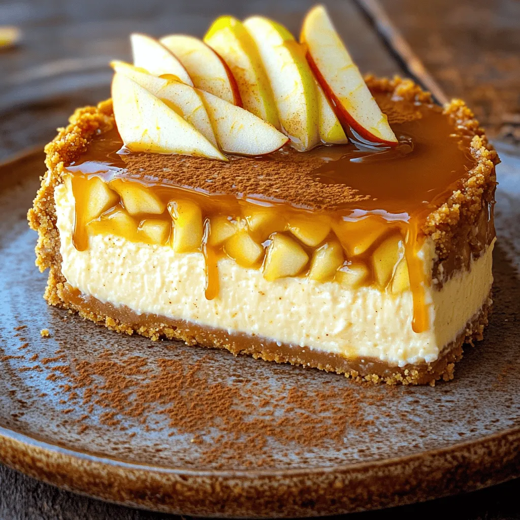 - 1 ½ cups graham cracker crumbs - ½ cup unsalted butter, melted - 2 tablespoons sugar - 16 oz cream cheese, softened - ¾ cup granulated sugar - 1 teaspoon vanilla extract - 3 large eggs - 1 cup sour cream - 1 teaspoon ground cinnamon - 2 large apples (Granny Smith) - 2 tablespoons butter - ¼ cup brown sugar - 1 teaspoon vanilla extract - ½ teaspoon ground cinnamon - 1 tablespoon lemon juice - ½ cup brown sugar - ¼ cup unsalted butter - ¼ cup heavy cream - 1 teaspoon vanilla extract When making caramel apple cheesecake, you need quality ingredients. The crust of graham crackers gives a nice crunch. I use melted butter to bind it. The sugar adds a touch of sweetness. For the cheesecake filling, I prefer softened cream cheese. It mixes smoothly and makes the filling rich. Granulated sugar sweetens the cream cheese. A splash of vanilla extract enhances the flavor. Adding eggs one at a time keeps the batter light. I like to mix in sour cream for a creamy texture. Ground cinnamon adds warmth to the filling. For the apple filling, I choose Granny Smith apples. Their tartness balances the sweetness. I cook them with butter, brown sugar, vanilla, and cinnamon. A bit of lemon juice brightens the flavor. Finally, the caramel sauce is a must. Brown sugar and butter blend well. Heavy cream makes it smooth. A hint of vanilla rounds it out. For the full recipe, check out the instructions above. - Preheat oven to 325°F (160°C). - Combine graham cracker crumbs, melted butter, and sugar. - Press into a 9-inch springform pan and bake for 10 minutes. - Melt butter in a skillet over medium heat. - Add diced apples, brown sugar, vanilla, cinnamon, and lemon juice. - Cook until apples are softened, then set aside to cool. - Beat cream cheese until smooth. - Gradually add sugar and vanilla; mix well. - Incorporate eggs one at a time, mix in sour cream and cinnamon until smooth. - Layer half of the cheesecake mixture and apple filling. - Pour remaining cheesecake mixture, top with remaining apple filling. - Bake for 50-60 minutes until center is just jiggly. - Combine brown sugar, butter, and heavy cream in a saucepan. - Stir and bring to boil, boil for 2 minutes, then remove from heat and stir in vanilla. - Let cheesecake cool in the oven for 1 hour, then refrigerate for at least 4 hours. - Drizzle caramel sauce before serving. For the complete guide, check the Full Recipe. - Use a water bath to prevent cracking. This keeps the heat gentle and even. - Ensure ingredients are at room temperature before mixing. This helps them blend better. - Drizzle with extra caramel and garnish with cinnamon and apple slices. This adds a sweet touch. - Serve on individual plates for an elegant touch. It makes the dessert feel special. - Pair with whipped cream or vanilla ice cream. This adds creaminess and balance. - Serve alongside a cup of coffee or tea. The warmth complements the cheesecake well. {{image_2}} You can change the taste of your cheesecake by using different apples. Try Fuji or Honeycrisp apples for a sweet twist. Each type brings its own flavor, so have fun experimenting. Another great tip is to add a pinch of nutmeg to the filling. This spice adds warmth and depth to your dessert. If you want a different crust, you can use crushed Oreos or Nilla wafers instead of graham crackers. This gives a fun, chocolatey flavor to the cheesecake. For those with dietary needs, try a gluten-free crust. You can find gluten-free graham crackers or make your own with nuts and oats. To make a dairy-free version, use dairy-free cream cheese and dairy-free sour cream. These options keep the creamy texture while being vegan. You can also substitute coconut cream for a unique twist. Coconut cream adds a lovely flavor and richness to the cheesecake, making it a crowd-pleaser. For the full experience, don’t forget to check the Full Recipe! Refrigerate leftovers in an airtight container for up to 5 days. This keeps the cheesecake fresh and tasty. Make sure the lid seals well to keep out air. You can freeze cheesecake for up to 3 months. Wrap it tightly with plastic wrap or foil. This prevents freezer burn and keeps the flavor intact. Just be sure to label it with the date. When you want to enjoy your cheesecake again, thaw it in the refrigerator overnight. This method preserves the texture and flavor. Avoid thawing at room temperature, which can make it soggy. For the full recipe, check out the ingredients and steps above. Enjoy your delicious treat! To stop your cheesecake from cracking, use the water bath method. This helps keep the heat even. Also, avoid overmixing the batter. Mix just until smooth. Too much air can cause cracks while baking. Yes, you can make this cheesecake in advance. I find it best to refrigerate it overnight. This allows the flavors to blend well. Plus, it sets firm, making it easier to slice. If you want a lighter cheesecake, Greek yogurt is a great choice. It gives a nice tang and creamy texture. Just swap it in for the cream cheese in the recipe. A sprinkle of cinnamon and whipped cream pairs excellently with this cheesecake. They add a nice touch to the sweet flavors. You can also add thin apple slices for extra flair. To sum it up, we explored how to create a delicious caramel apple cheesecake. We covered each ingredient needed for the crust, filling, and caramel sauce. The step-by-step instructions made the process simple. Remember, the right tips can help with baking and serving. Variations let you tailor this dessert to your taste. With proper storage, you can enjoy leftovers too. This cheesecake is perfect for gatherings and special occasions. Enjoy making this sweet treat that pairs well with coffee or tea.