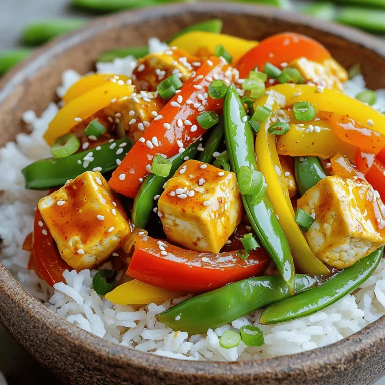 - 1 block (14 oz) firm tofu, pressed and cubed - 1/3 cup sweet chili sauce - 1 red bell pepper, sliced - 1 yellow bell pepper, sliced - 1 cup snap peas - 1 medium carrot, julienned - 3 green onions, chopped - 3 cloves garlic, minced - 1-inch piece ginger, grated I love using firm tofu for this stir fry. It holds its shape well and absorbs flavors nicely. Sweet chili sauce adds a perfect blend of sweetness and heat. Fresh vegetables bring color and crunch. - 2 tablespoons vegetable oil - 2 tablespoons cornstarch - 2 tablespoons soy sauce - 1 tablespoon sesame oil Using vegetable oil is great for high heat cooking. Cornstarch gives the tofu a crispy coat. Soy sauce deepens the flavor, while sesame oil adds a nutty touch. - Sesame seeds - Chopped green onions - Fresh herbs Garnishes can elevate your dish. Sesame seeds add a nice crunch. Chopped green onions provide freshness and color, while fresh herbs brighten the flavor. For the full recipe, check out the Sweet Chili Tofu Stir Fry. Start by pressing the tofu. This removes extra moisture. Use paper towels to soak up the water. Place the tofu on a plate and add a weight on top. Let it sit for about 15 minutes. After pressing, cut the tofu into cubes. Toss these cubes in cornstarch. This helps create a nice crust when cooked. Heat 1 tablespoon of vegetable oil in a large skillet over medium-high heat. Once the oil is hot, add the tofu cubes. Cook them for about 8-10 minutes. You want them to turn golden brown and crispy on all sides. This adds flavor and texture. Once they are perfect, remove the tofu from the skillet and set it aside. In the same skillet, add the remaining tablespoon of oil. Now, it’s time to add your fresh vegetables! Toss in sliced bell peppers, snap peas, and julienned carrot. Stir-fry these veggies for about 3-4 minutes. You want them to be tender but still crisp. This keeps the colors bright and the crunch alive. Next, add minced garlic and grated ginger to the skillet. Stir them in for about a minute. You want to bring out their flavors. After that, return the cooked tofu to the skillet. Pour in the sweet chili sauce and soy sauce. Toss everything together. Cook for another 2-3 minutes until everything is heated through. This mixes all the flavors nicely. Now, drizzle sesame oil over the stir fry. Mix it well for added flavor. Remove the skillet from heat. For a beautiful finish, garnish your stir fry with chopped green onions and a sprinkle of sesame seeds. This makes your dish look as good as it tastes. For the full recipe, check the earlier section. Tofu can be tricky to cook. To get it crispy, start by pressing it. This removes extra water. Once pressed, cut the tofu into cubes. Toss these cubes in cornstarch. This helps create a nice crunch. If you want to skip cornstarch, try using arrowroot powder. It can give a similar crispiness. You can also use breadcrumbs for a different texture. To boost the flavor, add some spices. Garlic powder and onion powder work well. You can also use a bit of smoked paprika for depth. If you don't have sweet chili sauce, mix honey with soy sauce. You can also blend sriracha with a bit of sugar for a spicy twist. The oil you use matters. Vegetable oil is great, but you can also try peanut oil. It has a nice flavor and high smoke point. Using a wok is best for stir-frying. It heats up quickly and cooks evenly. If you don’t have one, a large skillet works too. Just make sure it has high sides to prevent spills. For the full recipe, check the main section! {{image_2}} You can make this dish even heartier. Try adding tempeh or seitan for a boost. Both options provide great texture and flavor. Tempeh has a nutty taste. Seitan mimics meat well. You can also use beans like chickpeas or black beans. They add protein and fiber. Simply toss them in during the last few minutes of cooking. This keeps them warm without losing their shape. Seasonal veggies can change this stir fry's taste. In spring, consider asparagus or snap peas. During summer, add zucchini or bell peppers. Fall brings great choices like butternut squash. In winter, you can use broccoli or Brussels sprouts. Feel free to adjust based on what you have. You can even make a veggie-only meal. Just skip the tofu and double the vegetables. This keeps it light yet filling. If you need gluten-free options, use tamari instead of soy sauce. Tamari tastes similar and works well. For low-carb alternatives, you can skip rice or quinoa. Instead, use cauliflower rice for a lighter base. It's a great way to enjoy this dish without the carbs. These adjustments make the stir fry fit your diet while still being tasty. For the full recipe, visit the Sweet Chili Tofu Stir Fry section above. To store Sweet Chili Tofu Stir Fry, let it cool first. Place it in an airtight container. This keeps the meal fresh and tasty. You can store it in the fridge for about 3 to 5 days. Always check for any strange smells or colors before eating leftovers. You can freeze the stir fry if you have extra. Just put it in a freezer-safe container. Make sure to leave some space for the food to expand. It can last for about 2 to 3 months in the freezer. When you're ready to eat, thaw it in the fridge overnight. Reheat it in a pan over medium heat for the best results. This keeps the flavors strong and the texture nice. Batch cooking is a great way to save time. You can make a large batch of the stir fry ahead of time. Divide it into individual portions. This makes it easy to grab a meal when you're busy. Use containers that are safe for the microwave. This way, you can heat up your meal quickly. Always label your containers with the date. This helps you remember when you made it. If you want a vegan protein, try tempeh or seitan. Both options work well. Tempeh has a nutty flavor and a firm texture. It absorbs sauces well. Seitan is chewy and mimics meat. You can also use chickpeas or edamame for a different twist. Both add protein and fiber to your dish. Yes, you can use frozen vegetables! They save time and are often just as nutritious. When using frozen veggies, cook them a bit longer. This ensures they heat through and become tender. Add them to the skillet after the tofu. Stir-fry them for about 5-6 minutes. Check for that bright color and a tender-crisp bite. To add heat, try fresh chili peppers. Slice them thin and add them with the garlic. You can also use chili flakes for more spice. Mix them in with the sauces for even heat. If you like a kick, consider a splash of sriracha. Adjust the spice level to suit your taste! This blog post explored making a tasty tofu stir-fry. We covered essential ingredients, like firm tofu and fresh veggies, and cooking techniques for crispy results. Tips for flavor and dietary adjustments helped personalize your dish. Remember, proper storage keeps leftovers fresh. With these steps, you can enjoy a quick meal any day. Dive in, experiment, and make it your own! You’ll impress everyone with your tasty creations.