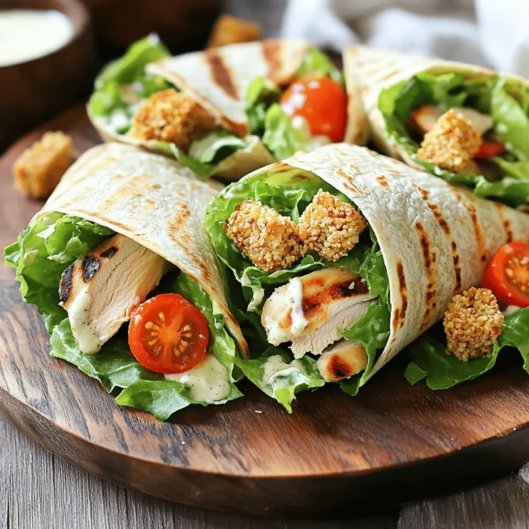 To make Crunchy Chicken Caesar Wraps, you need fresh and tasty ingredients. Here’s what you will need: - 2 grilled chicken breasts, sliced - 4 large romaine lettuce leaves, washed and dried - 1 cup cherry tomatoes, halved - ½ cup grated Parmesan cheese - ½ cup Caesar dressing (store-bought or homemade) - 1 cup crispy whole grain croutons - 4 whole wheat tortillas - Salt and pepper to taste - Optional: Sliced black olives or capers for additional flavor These ingredients come together to create a meal that's not only delicious but also simple. The grilled chicken adds protein, while the romaine lettuce gives a nice crunch. Cherry tomatoes bring sweetness, and the croutons add that extra crispy texture. I recommend using fresh ingredients for the best flavors. You can also customize these wraps with your favorite add-ins. For the dressing, you can choose a store-bought option or make your own. Check out the Full Recipe for all the details on how to bring this tasty dish to your table! - First, combine the sliced chicken, cherry tomatoes, Parmesan cheese, and crispy croutons in a large bowl. - Next, drizzle the Caesar dressing over this mixture. Toss gently until all the ingredients are well coated. Season with salt and pepper to your taste. - Now, take four large romaine lettuce leaves and place them in the center of each tortilla. - Lay out the tortillas on a clean surface. Spoon the chicken Caesar mixture over the lettuce leaves evenly. - Fold in the sides of the tortilla. Then, roll it up tightly from the bottom to the top. This keeps all the tasty fillings inside. - To serve, use a sharp knife to cut the wraps diagonally. This makes them easier to eat and looks great on the plate. For the full recipe, check out the details above. Enjoy your delicious Crunchy Chicken Caesar Wraps! To make your Crunchy Chicken Caesar Wraps truly crispy, start with fresh, crispy croutons. They add a satisfying crunch that makes each bite fun. Also, consider adding an extra layer of romaine lettuce. This not only boosts the crunch but also gives a fresh feel to the wraps. To enhance flavor, try adding herbs and spices. Chopped basil or parsley can brighten up the dish. You can also sprinkle some black pepper or garlic powder for extra kick. For dressings, while Caesar is a classic, you might enjoy trying ranch or Greek yogurt dressing. Each option brings its own twist to the meal. Serving wraps creatively can make your meal special. Try cutting them into pinwheels or halves for a fun look. Arrange them on a platter and garnish with cherry tomatoes and a sprinkle of Parmesan cheese. For added color, place some fresh herbs around the wraps. You can even serve extra dressing on the side for dipping. These little touches make your meal not just tasty but also eye-catching. For the full recipe, check out the Crunchy Chicken Caesar Wraps details. {{image_2}} You can easily swap the grilled chicken in your Crunchy Chicken Caesar Wraps. Try using turkey or shrimp for a different taste. For a vegetarian twist, use black beans or chickpeas. Tofu is another great option for plant-based protein. Just make sure to season them well for flavor. You can make a homemade Caesar dressing for a fresh taste. Simply whisk together olive oil, lemon juice, minced garlic, Dijon mustard, and Parmesan. You can also explore other dressings. A ranch or yogurt-based dressing works great too. Experiment with flavors like chipotle or a light vinaigrette. Switch up the tortillas for variety. Use spinach or tomato tortillas for a colorful wrap. If you're not a fan of Parmesan cheese, try feta or mozzarella instead. For croutons, you can use nuts or seeds for crunch. These changes can add a unique touch to your wraps. For the full recipe, check the complete list of ingredients and instructions. Store your Crunchy Chicken Caesar Wraps in a cool place. Use airtight containers to keep them fresh. I like to wrap each wrap in plastic wrap first. Then, I place them in a container. This helps keep the wraps from getting soggy. Yes, you can freeze the wraps. To freeze, wrap each one tightly in plastic wrap. Then, place them in a freezer bag. When ready to eat, thaw in the fridge overnight. Reheat in a pan or microwave until warm. This keeps them tasty and crunchy. In the fridge, the wraps last about three days. Keep an eye out for any signs of spoilage. If the wraps smell off or look slimy, it's time to toss them. Always prioritize safety when storing food. Prep time is just 15 minutes. This quick time makes it easy to enjoy a tasty meal without much fuss. You can whip these wraps up in no time, making them perfect for busy days. Yes, you can make these wraps ahead of time. Prepare the chicken mix and store it in the fridge. Keep the tortillas separate until you are ready to eat. This helps keep everything fresh. Wraps taste best when eaten within a day or two. Just remember to store them in an airtight container. These wraps pair well with many sides. Consider serving them with: - Fresh fruit salad - Crunchy veggie sticks - Potato chips for a crunch - A light soup for a cozy meal These sides add variety and balance to your meal. To make these wraps gluten-free, use gluten-free tortillas. Many brands offer great options. You can also swap out croutons for gluten-free versions or even nuts for crunch. Always check labels to ensure all ingredients are gluten-free. This way, everyone can enjoy these tasty wraps! For the full recipe, check this link: [Full Recipe]. These Crunchy Chicken Caesar Wraps are simple to make and fun to eat. We covered the key ingredients, step-by-step prep, and tips for flavor and presentation. You learned about protein swaps and ways to store leftovers. Experiment with different dressings and sides to make this dish your own. Enjoy these wraps as a healthy meal choice any day!