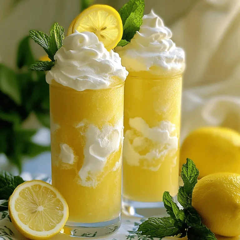 You will need the following items to make frosted lemonade: - 2 cups lemonade (freshly squeezed or store-bought) - 2 cups ice cubes - 1 cup whole milk or a dairy-free alternative - 1/2 cup granulated sugar (adjust to taste) - 1 teaspoon vanilla extract - Whipped cream (for topping) - Lemon slices and mint leaves (for garnish) To prepare your frosted lemonade, gather these tools: - A blender - Measuring cups and spoons - Tall glasses for serving - A straw (optional, but fun) Using fresh ingredients makes a big difference. Here’s how: - Choose fresh lemons if you make lemonade from scratch. Their bright flavor shines through. - Use good quality ice. Fresh ice cubes blend better and make a smoother drink. - If you prefer a creamier drink, opt for whole milk or a rich dairy-free option. - Adjust sugar based on your taste. Always start with less; you can add more later. - For the best garnish, use fresh mint leaves and thin lemon slices. They look pretty and add flavor. Try to make the most of quality ingredients! They enhance your frosted lemonade experience. For the full recipe, check the section above. To make frosted lemonade, start by gathering your ingredients. You need lemonade, ice, milk, sugar, and vanilla. Measure them out carefully. Then, add all the ingredients to your blender. The order matters; ice should go in last. Blend on high speed until smooth. It should look slushy and creamy. This usually takes about 30 to 45 seconds. If you see big ice chunks, blend longer. The perfect frosted lemonade is smooth, not watery. To get this right, use fresh ice cubes. Ensure your lemonade is cold, too. If it’s warm, it will melt the ice too fast. You can also freeze lemonade in ice cube trays. This way, you blend lemony ice cubes, keeping the flavor strong. If it turns out too thick, add a bit more milk. Blend again to mix it well. Taste your frosted lemonade before serving. If it’s not sweet enough, add more sugar. Blend again for a few seconds. If you want a zesty kick, add lemon juice. Just a little goes a long way. You can also try adding fresh herbs like mint for a fun twist. This is all about your taste. Make it how you love it! For the full recipe, check the earlier section. I love to serve frosted lemonade in tall glasses. The height makes it look fancy. Top each glass with whipped cream for a fun touch. Add a slice of lemon and some mint leaves for extra flair. You can also use colorful straws for a playful vibe. For a party, set up a frosted lemonade bar. Let guests choose their toppings and flavors. This makes it interactive and fun! Start with a good blender. A powerful blender crushes ice better and gives a smooth drink. Add the liquid ingredients first. This helps the blades move freely. Then, add ice and other solid ingredients. Blend on high until the mixture is slushy. If it's too thick, add a little more lemonade or milk. Always taste your drink before serving. Adjust the sweetness as needed. Avoid using too much ice. It can make your frosted lemonade too thick. If it happens, add more liquid to loosen it. Don't skip the vanilla extract. It adds a lovely flavor that balances the tartness. Also, remember to taste and adjust sweetness. Using too little sugar can leave your drink bland. Lastly, serve it right away. Froze lemonade tastes best when fresh and cold. This frosted lemonade recipe is simple and fun. You can find the full recipe above for perfect results every time! {{image_2}} You can easily make a dairy-free frosted lemonade. Just swap the whole milk for a dairy-free alternative. Try almond milk, coconut milk, or oat milk. These options work well and make it creamy. The taste remains fresh and tangy! If you want a sugar-free version, use a sugar substitute. Stevia or erythritol are great choices. You can also try monk fruit sweetener. These options can give you the sweetness without the calories. Just adjust to taste and blend again if needed. Want to spice things up? Add flavors like berries or fresh mint. Simply blend in a cup of strawberries, blueberries, or raspberries. For a minty twist, toss in a handful of fresh mint leaves. These additions bring new tastes to your frosted lemonade. They make it even more fun to drink! Try these variations to fit your diet and taste. Enjoy the creativity! For the full recipe, check out the Frosted Lemonade Bliss . You can store any leftover frosted lemonade in the fridge. Pour it into a sealed container. It stays fresh for up to two days. Stir well before serving again. The mixture may separate, so a good shake or stir helps. Freezing frosted lemonade is also an option. Pour the leftover drink into ice cube trays or freezer-safe bags. This way, you can enjoy a cool treat later. Just pop out a few cubes when you want a refreshing drink. Blend them with a bit of lemonade to bring it back to life. Frosted lemonade is best enjoyed cold, so reheating isn't a common need. If you want a warmer version, you can slowly heat it on low in a pot. Stir gently to avoid burning. However, I recommend serving it cold for the best taste. Frosted lemonade is a sweet and icy drink. It combines lemonade with ice and cream. This drink tastes like a slushy, refreshing treat. You can enjoy it on hot days or anytime you want a cool sip. The balance of tart lemonade and creamy milk makes it special. It’s a fun twist on classic lemonade. Yes, you can make this drink ahead of time. However, it’s best fresh. If you store it, the ice may melt. This will make it less frosty. For best results, blend the ingredients and serve right away. If you need to prepare it earlier, blend everything but the ice. Just add ice before serving. You can often find frosted lemonade at fast-food chains and cafes. Many places that sell lemonade offer their own version. Seasonal events, like fairs or summer festivals, may also have it. Look for shops that focus on slushy or frozen drinks, too. They might have unique twists on this classic drink. Popular toppings for frosted lemonade include whipped cream and lemon slices. You can also add fresh mint for a pop of color and flavor. Some people enjoy sprinkles for fun. You could try flavored syrups, like raspberry or strawberry, for extra taste. Get creative with toppings to make it your own! To make frosted lemonade without a blender, use a large bowl. Combine lemonade, ice, milk, and sugar in the bowl. Use a sturdy whisk to mix until smooth. Keep stirring until the ice breaks up. You can also crush ice in a bag with a rolling pin. Then fold the crushed ice into the lemonade mix. This will give you a frosty drink without a blender! This blog post covered everything you need for the perfect frosted lemonade. We discussed ingredients and equipment, along with tips for choosing the best items. The step-by-step instructions help you blend it just right. We explored serving suggestions and key blending tips, plus common mistakes to avoid. Try fun variations like dairy-free or sugar-free options. Remember to store leftovers properly for later enjoyment. Now, you're ready to impress your friends with this refreshing drink! Enjoy your frosted lemonade adventure!