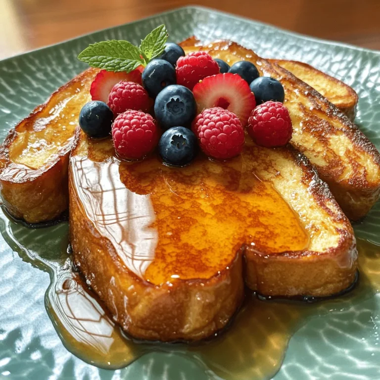 To make a great Classic French Toast, you need a few key ingredients: - 4 slices of thick bread (preferably brioche or challah) - 2 large eggs - 1 cup milk (any type) - 1 teaspoon vanilla extract - 1 teaspoon ground cinnamon - 1 tablespoon sugar (optional) - 1 tablespoon butter (for frying) The bread is the star here. Brioche and challah are soft, buttery, and soak up the egg mixture well. The egg and milk mixture gives the toast its rich flavor. Vanilla and cinnamon add warmth, while sugar sweetens it up. Now, let’s talk about toppings. They can really make your French toast pop. - Maple syrup varieties: You can use classic maple syrup or try flavored ones like vanilla or cinnamon. - Fresh fruit options: Berries like strawberries, blueberries, or raspberries add freshness. Bananas also work great. - Additional toppings: Powdered sugar gives a nice touch. Whipped cream adds creaminess and fun. These simple toppings add flavor and make your dish look beautiful. Enjoy your Classic French Toast with your favorite toppings from the Full Recipe! To make the perfect batter, start with a large bowl. Add two eggs and one cup of milk. Whisk them together well to combine. Use a steady motion to create air bubbles. This frothiness helps the French toast rise. Add one teaspoon of vanilla extract, one teaspoon of ground cinnamon, and sugar if you like it sweet. Whisk again until the mixture looks smooth and airy. Preheat your skillet or griddle over medium heat. Melt one tablespoon of butter in the pan. Make sure it coats the bottom evenly to prevent sticking. Once the butter is hot, dip each bread slice into the egg mixture. Let it soak for just a few seconds on each side. You want it wet but not falling apart. Place the soaked bread in the skillet. Cook for 2-3 minutes on each side until it turns a lovely golden brown. Keep an eye on it to avoid burning. To serve, place the French toast on a nice plate. Drizzle warm maple syrup over the top. Add fresh berries like strawberries, blueberries, or raspberries for color. A sprig of mint can make it look fancy. Pair this with a hot cup of coffee or a glass of fresh juice. Enjoy! To get the best texture, soak the bread for about 10 seconds on each side. You want it wet but not falling apart. Use a medium heat on your skillet. If it’s too hot, the outside burns before the inside cooks. If it’s too low, the toast gets soggy. One big mistake is over-soaking the bread. If you leave it too long, it turns mushy. Another mistake is using the wrong heat setting. Too high will burn the toast, while too low will dry it out. Keep an eye on the toast as it cooks. Flip it when it’s golden brown. For a detailed recipe, check the Full Recipe for Classic French Toast. {{image_2}} You can make French toast exciting with fun flavors. Try these: - Cinnamon French Toast: Add more cinnamon for a warm taste. Just mix a bit more into the egg mixture. It brings a sweet and cozy feeling to each bite. - Chocolate Chip French Toast: After dipping the bread, sprinkle chocolate chips on top before cooking. The chips will melt slightly, giving you a decadent treat. Everyone loves chocolate! - Savory French Toast Options: For a twist, skip the sugar and vanilla. Instead, mix in herbs like thyme or rosemary. Top with cheese and avocado for a savory delight. You might want to change some ingredients for health reasons or taste. Here are a few swaps: - Dairy-Free Alternatives for Milk: You can use almond, soy, or oat milk instead of regular milk. These options work well and keep the French toast creamy. - Gluten-Free Bread Choices: If you need gluten-free bread, look for brands that are soft and thick. They will hold up better when soaked in the egg mixture. These variations and swaps can help you find the perfect French toast recipe that fits your taste and needs. For the full recipe, be sure to follow the steps to create your own delicious French toast. To store leftover French toast, place it in the fridge. Use an airtight container to keep it fresh. You can also freeze French toast. Wrap each slice in plastic wrap, then place them in a freezer bag. This way, they won't stick together. When you're ready to eat your French toast, reheating is simple. The best method is using a toaster or a skillet. For a toaster, pop the slices in until warm. If you use a skillet, heat it on low. Add a bit of butter to keep the toast moist. Cook for a couple of minutes on each side. This helps keep the texture nice and fluffy. Enjoy your delicious French toast again! For the full recipe, check out the Heavenly Classic French Toast section. I recommend using thick bread for the best texture. Brioche and challah are top choices. They soak up the egg mixture well and cook to a nice golden brown. Both types have a rich flavor that makes French toast special. If you want a different twist, try sourdough or Texas toast. They can add a nice crunch, too. Yes, you can make French toast ahead! Prepare the batter and soak the bread slices. Then, store them in the fridge for up to one day. Just cook them when you're ready to serve. You can also freeze cooked French toast. Place slices in a single layer on a baking sheet, then freeze. Once frozen, put them in a bag. To reheat, just pop them in the toaster or oven. You can definitely make egg-free French toast! Use mashed banana or unsweetened applesauce as a substitute. Another great option is using silken tofu, blended until smooth. For a simple mix, combine one tablespoon of ground flaxseed with three tablespoons of water. Let it sit for a few minutes until it thickens. This will help bind the ingredients together, just like eggs do. This blog post covered key ingredients and steps to make great French toast. We explored bread choices and how to prepare the perfect egg mixture. You learned about cooking tips for golden results and creative topping ideas. By following these simple steps, you can enjoy a delicious breakfast. Remember to experiment with flavors and variations. Perfecting French toast is easier than you think. Enjoy your cooking and share your tasty results with friends!