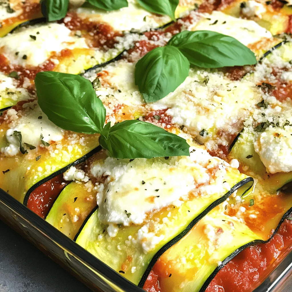 - 3 medium zucchinis, sliced into thin strips - 1 cup ricotta cheese - 1 cup shredded mozzarella cheese - 1/2 cup grated Parmesan cheese - 1 egg - 2 cups marinara sauce - 1 teaspoon dried oregano - 1 teaspoon dried basil - Salt and pepper to taste - Fresh basil leaves for garnish (optional) Each serving of zucchini lasagna has about 250 calories. It packs around 15 grams of protein, 15 grams of carbs, and 15 grams of fat. This dish is great for many diets. It is gluten-free and low-carb, making it a healthy choice for all. Zucchini lasagna gives you the comfort of a classic meal without the extra carbs. You can enjoy the flavors without the guilt. It's perfect for a family dinner or meal prep for the week. With fresh ingredients, this dish is both tasty and nutritious. You will love how easy it is to make. For the full recipe, check out the detailed method. 1. Preheat your oven to 375°F (190°C). 2. Slice the zucchinis into thin strips using a sharp knife. Aim for 1/4 inch thick. 3. Sprinkle salt on the zucchini strips. Let them sit for 15-20 minutes to draw out moisture. 4. Rinse the zucchini under cold water, then pat them dry with paper towels. 5. In a bowl, combine ricotta cheese, egg, oregano, basil, salt, and pepper. Mix well. 1. Spread marinara sauce on the bottom of a 9x13 inch baking dish. 2. Layer 1/3 of the zucchini strips over the sauce. 3. Spread half of the ricotta mixture over the zucchini. Add 1/3 of the marinara sauce and some mozzarella cheese. 4. Repeat the layering: zucchini, ricotta, marinara, mozzarella. 5. For the final layer, top with the remaining zucchini, sauce, mozzarella, and Parmesan cheese. 1. Cover the dish with aluminum foil. This prevents burning the cheese. 2. Bake in the preheated oven for 30 minutes. 3. Remove the foil and bake for another 15-20 minutes. Look for bubbly, golden cheese. 4. Let the lasagna cool for about 10 minutes before slicing. Garnish with fresh basil if you like. For the full recipe, check the complete instructions above. Enjoy your delicious zucchini lasagna! To avoid sogginess in zucchini lasagna, follow these steps: - Salt the Zucchini: Sprinkle salt on the zucchini strips. This draws out moisture. Let them sit for 15-20 minutes. - Rinse and Dry: Rinse the zucchini under cold water to remove excess salt. Pat them dry with paper towels. For cutting zucchini evenly, use a mandoline. It gives you thin, uniform strips. If you don’t have one, a sharp knife works too. Just aim for 1/4 inch thick slices. If you need alternatives to ricotta cheese, consider these options: - Cottage Cheese: This gives a similar texture and flavor. - Cream Cheese: Use softened cream cheese for a richer taste. - Tofu: Blend firm tofu for a dairy-free option. When it comes to marinara sauces, you can choose between store-bought and homemade. - Store-Bought: Quick and easy. Look for low-sugar options for a healthier choice. - Homemade: Use fresh tomatoes, garlic, and herbs for a bright flavor. To complement zucchini lasagna, try these side dishes: - Garlic Bread: This adds a crunchy texture. - Side Salad: A fresh salad balances the rich flavors. For wine pairings, consider these options: - Chianti: This Italian red wine enhances the dish’s flavors. - Pinot Grigio: A crisp white wine offers a refreshing contrast. These tips will help you make the best zucchini lasagna possible. For the full recipe, check out the complete guide. {{image_2}} You can make zucchini lasagna even better by adding more vegetables. Spinach and mushrooms are great choices. They add flavor and nutrition. You can also mix different cheese blends to enhance taste. Try adding goat cheese for a creamy twist. Each extra veggie gives a unique touch to your dish. If you want more protein, you can add ground meats or sausage. Ground beef, turkey, or chicken work well. Simply cook the meat before layering it in the lasagna. For a plant-based option, try lentils or crumbled tofu. These choices keep your meal filling and satisfying. To make a gluten-free dish, swap out traditional marinara for a homemade sauce. Use crushed tomatoes, garlic, and herbs for fresh flavor. You can also try zucchini lasagna roll-ups. Instead of layers, roll the zucchini strips with filling inside. This twist is fun and adds variety. For the full recipe, check out the Zucchini Lasagna Delight section. To store leftover zucchini lasagna, let it cool completely. Place it in an airtight container. This helps keep the flavors fresh. Zucchini lasagna lasts about 3 to 5 days in the fridge. Always check for signs of spoilage before eating. To freeze zucchini lasagna, first, let it cool. Cut it into portions for easy use. Wrap each piece tightly in plastic wrap. Then, place the wrapped pieces in a freezer bag. Zucchini lasagna can last up to 3 months in the freezer. When you are ready to eat, take a piece out. Thaw it overnight in the fridge. If you need to thaw quickly, use the microwave. Avoid thawing at room temperature to keep it safe. You can reheat zucchini lasagna in the oven or microwave. If using the oven, preheat it to 350°F (175°C). Place the lasagna in an oven-safe dish. Add a splash of water or sauce to keep it moist. Cover it with foil. Bake for about 20 minutes or until hot. For the microwave, place a slice on a microwave-safe plate. Add a little water to keep it from drying out. Heat it for 1 to 2 minutes. Check if it’s hot all the way through before eating. Enjoy your tasty meal! Zucchini lasagna is a tasty dish that uses zucchini slices instead of pasta. This change cuts carbs and adds veggies to your meal. Zucchini has a mild flavor, so it absorbs the sauce and cheese well. Plus, it keeps the dish light and fresh. To keep zucchini lasagna from being watery, salt the zucchini strips. Let them sit for 15-20 minutes to draw out moisture. Then, rinse and pat them dry. This step helps keep the layers firm. Also, use quality marinara sauce and avoid too much cheese. Less moisture means a better texture. Yes, you can prep zucchini lasagna in advance. Assemble the layers and cover the dish with foil. Store it in the fridge for up to 24 hours. When ready to bake, just pop it in the oven. This saves time on busy nights. You can also freeze it for later. Just thaw it overnight in the fridge before baking. For the full recipe, check the link. Zucchini lasagna is a tasty and healthy dish. We explored the key ingredients and steps needed to prepare it. I shared tips for perfecting the dish and adding your own twists. You can also store and freeze leftovers easily. Try different veggies or protein sources to fit your tastes. With simple steps, you can create a delicious meal. Enjoy your cooking and have fun with variations!
