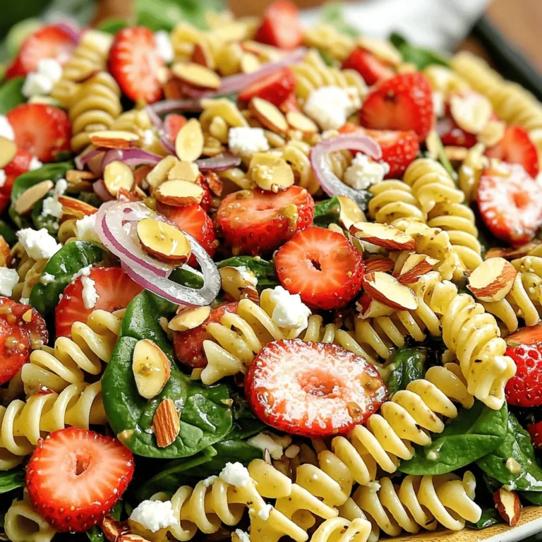 - 8 oz. whole wheat or gluten-free pasta - 2 cups fresh baby spinach - 2 cups fresh strawberries - 1/2 cup crumbled feta cheese - 1/4 cup sliced almonds The main ingredients for this salad make it colorful and tasty. I love to use whole wheat pasta, but gluten-free works just as well. Baby spinach adds a nice crunch and nutrients. Strawberries bring sweetness, making every bite enjoyable. Feta cheese adds a creamy texture, while sliced almonds give a delightful crunch. - 1/4 cup olive oil - 2 tablespoons balsamic vinegar - 1 tablespoon honey - Salt and pepper to taste The dressing is simple but packs a punch. Olive oil is the base, and balsamic vinegar adds tang. Honey balances the flavors with its sweet notes. Don’t forget salt and pepper to taste; they bring everything together. - Extra sliced strawberries - Whole spinach leaves To make your salad look beautiful, consider these garnishes. Extra sliced strawberries add color and freshness. Whole spinach leaves can create a nice visual appeal. These little touches make the dish look professional and inviting. For the complete recipe, check the [Full Recipe]. Start by boiling a large pot of water. Add a pinch of salt. This step adds flavor to the pasta. Once the water boils, add 8 oz. of whole wheat or gluten-free pasta. Cook according to the package instructions. Aim for al dente, which means firm to the bite. This usually takes about 8 to 10 minutes. Drain the pasta in a colander. Rinse it under cold water to stop the cooking process. Let the pasta cool down while you prepare the dressing. In a small bowl, combine the dressing ingredients. You need 1/4 cup of olive oil, 2 tablespoons of balsamic vinegar, and 1 tablespoon of honey. Add salt and pepper to taste. Whisk these ingredients together until they blend well. This dressing is key to balancing flavors. A good dressing will elevate your salad. In a large mixing bowl, add the cooled pasta. Then, toss in 2 cups of fresh baby spinach and 2 cups of sliced strawberries. Crumbled feta cheese (1/2 cup) and toasted sliced almonds (1/4 cup) also go in. Finally, add 1/4 cup of thinly sliced red onion. Gently combine all the ingredients. Be careful not to crush the strawberries. Let the salad chill for about 10 minutes. This helps the flavors meld together. Serve it chilled or at room temperature. For a beautiful presentation, arrange the salad on a large platter. Add extra sliced strawberries and a sprinkle of feta on top. Garnish with a few whole spinach leaves for added color. For the full recipe, check out the complete instructions above. To ensure your pasta is cooked perfectly, always use salted water. The salt adds flavor right from the start. Cook the pasta until it is al dente, which means it should still have a bit of bite to it. This helps keep the pasta from getting mushy in the salad. Once done, drain the pasta and rinse it under cold water. Rinsing stops the cooking process and cools down the pasta. This way, it mixes well with the fresh greens and fruits without wilting them. When it comes to dressing, you can substitute sweeteners if you want. Instead of honey, try agave syrup or maple syrup for a different taste. For oils, olive oil is great, but you can also use avocado oil or walnut oil. Each oil adds its own unique flavor profile, letting you customize your salad. If you need gluten-free options, choose gluten-free pasta. There are many types available today. For vegan modifications, skip the feta cheese and use tofu or a vegan cheese alternative. You can also add more nuts or seeds for extra protein and crunch. This way, everyone can enjoy your delicious strawberry spinach pasta salad! {{image_2}} You can make this salad even more fresh by adding herbs. Fresh basil or mint pairs well with strawberries. You can also try dill for a unique twist. In summer, many fruits are ripe and sweet. You might add peaches or blueberries for extra flavor. These fruits can brighten your salad and add color. Each fruit brings its own taste, making the salad more exciting. If you want to make this dish a full meal, add protein. Grilled chicken works great and adds a nice smoky flavor. You can also use chickpeas for a vegetarian option. Chickpeas are rich in fiber and protein, which helps you feel full. Adding protein not only boosts nutrition but also brings a new texture. You can mix in shrimp or tofu for even more variety. When hosting a big gathering, scale up the recipe. Double or triple the ingredients to ensure everyone gets a serving. This salad is a crowd-pleaser, so more is always better! For smaller meals, you can adjust the recipe down. Halving the ingredients still gives you a tasty dish without leftovers. It makes it easy to enjoy this salad anytime you want. For the full recipe, check the previous section. To keep your Strawberry Spinach Pasta Salad fresh, store it in the fridge. Place it in an airtight container. This helps avoid moisture loss and keeps the salad crisp. You can use glass containers or plastic ones. Glass containers are great because they do not stain. If you have leftovers, eat them within three days for the best taste. You can freeze Strawberry Spinach Pasta Salad, but I do not recommend it. Freezing can change the texture of the pasta and spinach. If you still want to freeze it, store it in a freezer-safe container. When ready to eat, thaw it in the fridge overnight. Use the salad within a month for the best flavor. Get creative with your leftovers! You can turn the salad into a wrap. Use a whole wheat tortilla and fill it with the salad. Roll it up for a tasty lunch. Another idea is to make a sandwich. Spread some hummus on bread and add the salad. It makes a fun and fresh meal. You can store this salad in the fridge for up to three days. Make sure you keep it in an airtight container. This helps keep it fresh and tasty. If you notice any browning on the spinach or strawberries, it's time to toss it out. Yes, you can prepare this salad in advance. To do this, cook the pasta and make the dressing a day before. Keep these two items separate until you are ready to serve. This keeps the spinach fresh and crisp. Mix everything together just before serving. You can get creative with fruits! Try using blueberries, raspberries, or diced apples. Each fruit adds a unique flavor and texture. You can also mix different fruits for a colorful twist. A blend of strawberries and blueberries looks beautiful and tastes great! In this blog post, I covered how to make a delicious Strawberry Spinach Pasta Salad. We discussed the main ingredients, step-by-step instructions, and helpful tips for perfecting your salad. I shared ideas for variations and storage methods that keep your salad fresh. Remember, you can customize ingredients to fit your taste. This salad is not only easy to prepare, but it’s also a healthy choice. Try new fruits and proteins to enjoy it in different ways. Keep this recipe handy for your next meal!