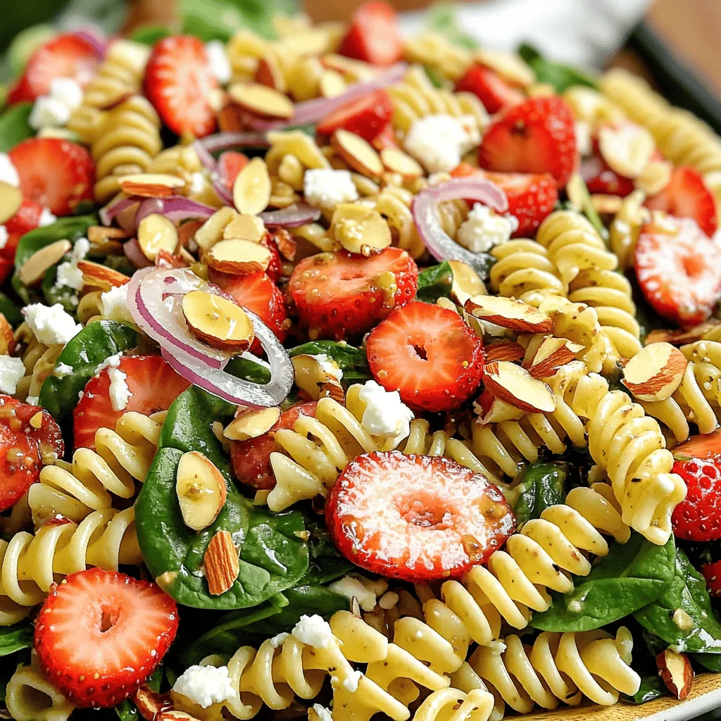 - 8 oz. whole wheat or gluten-free pasta - 2 cups fresh baby spinach - 2 cups fresh strawberries - 1/2 cup crumbled feta cheese - 1/4 cup sliced almonds The main ingredients for this salad make it colorful and tasty. I love to use whole wheat pasta, but gluten-free works just as well. Baby spinach adds a nice crunch and nutrients. Strawberries bring sweetness, making every bite enjoyable. Feta cheese adds a creamy texture, while sliced almonds give a delightful crunch. - 1/4 cup olive oil - 2 tablespoons balsamic vinegar - 1 tablespoon honey - Salt and pepper to taste The dressing is simple but packs a punch. Olive oil is the base, and balsamic vinegar adds tang. Honey balances the flavors with its sweet notes. Don’t forget salt and pepper to taste; they bring everything together. - Extra sliced strawberries - Whole spinach leaves To make your salad look beautiful, consider these garnishes. Extra sliced strawberries add color and freshness. Whole spinach leaves can create a nice visual appeal. These little touches make the dish look professional and inviting. For the complete recipe, check the [Full Recipe]. Start by boiling a large pot of water. Add a pinch of salt. This step adds flavor to the pasta. Once the water boils, add 8 oz. of whole wheat or gluten-free pasta. Cook according to the package instructions. Aim for al dente, which means firm to the bite. This usually takes about 8 to 10 minutes. Drain the pasta in a colander. Rinse it under cold water to stop the cooking process. Let the pasta cool down while you prepare the dressing. In a small bowl, combine the dressing ingredients. You need 1/4 cup of olive oil, 2 tablespoons of balsamic vinegar, and 1 tablespoon of honey. Add salt and pepper to taste. Whisk these ingredients together until they blend well. This dressing is key to balancing flavors. A good dressing will elevate your salad. In a large mixing bowl, add the cooled pasta. Then, toss in 2 cups of fresh baby spinach and 2 cups of sliced strawberries. Crumbled feta cheese (1/2 cup) and toasted sliced almonds (1/4 cup) also go in. Finally, add 1/4 cup of thinly sliced red onion. Gently combine all the ingredients. Be careful not to crush the strawberries. Let the salad chill for about 10 minutes. This helps the flavors meld together. Serve it chilled or at room temperature. For a beautiful presentation, arrange the salad on a large platter. Add extra sliced strawberries and a sprinkle of feta on top. Garnish with a few whole spinach leaves for added color. For the full recipe, check out the complete instructions above. To ensure your pasta is cooked perfectly, always use salted water. The salt adds flavor right from the start. Cook the pasta until it is al dente, which means it should still have a bit of bite to it. This helps keep the pasta from getting mushy in the salad. Once done, drain the pasta and rinse it under cold water. Rinsing stops the cooking process and cools down the pasta. This way, it mixes well with the fresh greens and fruits without wilting them. When it comes to dressing, you can substitute sweeteners if you want. Instead of honey, try agave syrup or maple syrup for a different taste. For oils, olive oil is great, but you can also use avocado oil or walnut oil. Each oil adds its own unique flavor profile, letting you customize your salad. If you need gluten-free options, choose gluten-free pasta. There are many types available today. For vegan modifications, skip the feta cheese and use tofu or a vegan cheese alternative. You can also add more nuts or seeds for extra protein and crunch. This way, everyone can enjoy your delicious strawberry spinach pasta salad! {{image_2}} You can make this salad even more fresh by adding herbs. Fresh basil or mint pairs well with strawberries. You can also try dill for a unique twist. In summer, many fruits are ripe and sweet. You might add peaches or blueberries for extra flavor. These fruits can brighten your salad and add color. Each fruit brings its own taste, making the salad more exciting. If you want to make this dish a full meal, add protein. Grilled chicken works great and adds a nice smoky flavor. You can also use chickpeas for a vegetarian option. Chickpeas are rich in fiber and protein, which helps you feel full. Adding protein not only boosts nutrition but also brings a new texture. You can mix in shrimp or tofu for even more variety. When hosting a big gathering, scale up the recipe. Double or triple the ingredients to ensure everyone gets a serving. This salad is a crowd-pleaser, so more is always better! For smaller meals, you can adjust the recipe down. Halving the ingredients still gives you a tasty dish without leftovers. It makes it easy to enjoy this salad anytime you want. For the full recipe, check the previous section. To keep your Strawberry Spinach Pasta Salad fresh, store it in the fridge. Place it in an airtight container. This helps avoid moisture loss and keeps the salad crisp. You can use glass containers or plastic ones. Glass containers are great because they do not stain. If you have leftovers, eat them within three days for the best taste. You can freeze Strawberry Spinach Pasta Salad, but I do not recommend it. Freezing can change the texture of the pasta and spinach. If you still want to freeze it, store it in a freezer-safe container. When ready to eat, thaw it in the fridge overnight. Use the salad within a month for the best flavor. Get creative with your leftovers! You can turn the salad into a wrap. Use a whole wheat tortilla and fill it with the salad. Roll it up for a tasty lunch. Another idea is to make a sandwich. Spread some hummus on bread and add the salad. It makes a fun and fresh meal. You can store this salad in the fridge for up to three days. Make sure you keep it in an airtight container. This helps keep it fresh and tasty. If you notice any browning on the spinach or strawberries, it's time to toss it out. Yes, you can prepare this salad in advance. To do this, cook the pasta and make the dressing a day before. Keep these two items separate until you are ready to serve. This keeps the spinach fresh and crisp. Mix everything together just before serving. You can get creative with fruits! Try using blueberries, raspberries, or diced apples. Each fruit adds a unique flavor and texture. You can also mix different fruits for a colorful twist. A blend of strawberries and blueberries looks beautiful and tastes great! In this blog post, I covered how to make a delicious Strawberry Spinach Pasta Salad. We discussed the main ingredients, step-by-step instructions, and helpful tips for perfecting your salad. I shared ideas for variations and storage methods that keep your salad fresh. Remember, you can customize ingredients to fit your taste. This salad is not only easy to prepare, but it’s also a healthy choice. Try new fruits and proteins to enjoy it in different ways. Keep this recipe handy for your next meal!