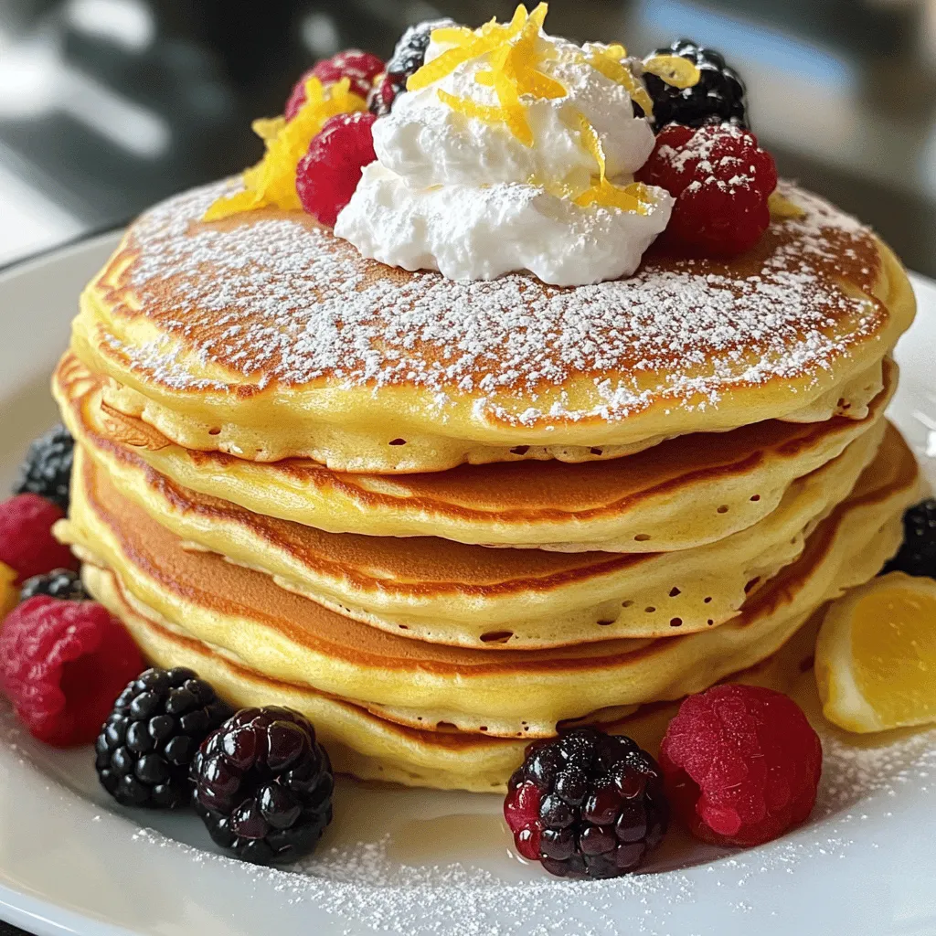 To make these delightful pancakes, you need a few key ingredients: - 1 cup ricotta cheese - 1 cup all-purpose flour - 2 large eggs - 1/2 cup milk - 1/4 cup sugar - Zest of 1 lemon - 2 tablespoons fresh lemon juice - 1 tablespoon baking powder - 1/2 teaspoon salt - 1 teaspoon vanilla extract - Butter or oil for cooking Each ingredient plays a special role. The ricotta gives these pancakes their fluffy texture. The lemon zest and juice add a bright flavor that makes each bite refreshing. Choosing good ricotta cheese is key. Look for ricotta that is creamy and smooth. Check the label for the fewest ingredients. Fresh ricotta gives the best taste. You can also try whole milk ricotta for a richer flavor. Avoid watery ricotta, as it can make your batter too runny. If you need substitutions, here are some ideas: - You can use cottage cheese instead of ricotta for a different texture. - If you want a healthier option, try whole wheat flour instead of all-purpose flour. - Almond milk works well if you prefer dairy-free milk. - For a lower sugar option, consider using honey or maple syrup. These substitutions allow you to customize your pancakes while keeping them delicious. For the full recipe, you can refer to the earlier section. To start, gather your ingredients. You will need: - 1 cup ricotta cheese - 1 cup all-purpose flour - 2 large eggs - 1/2 cup milk - 1/4 cup sugar - Zest of 1 lemon - 2 tablespoons fresh lemon juice - 1 tablespoon baking powder - 1/2 teaspoon salt - 1 teaspoon vanilla extract - Butter or oil for cooking 1. In a medium bowl, whisk together the ricotta cheese, eggs, milk, lemon zest, lemon juice, and vanilla extract until smooth. 2. In a large bowl, mix the flour, sugar, baking powder, and salt. 3. Make a well in the center of the dry mix. Pour in the wet mix. 4. Gently fold the two mixes together until just combined. It’s okay if the batter is a bit lumpy. 1. Preheat a non-stick skillet or griddle over medium heat. Add a small amount of butter or oil. 2. Pour about 1/4 cup of batter onto the skillet for each pancake. 3. Cook for 2-3 minutes, or until bubbles form on the surface. 4. Flip the pancake and cook for another 2-3 minutes until golden brown. 5. Remove the pancakes from the skillet. Keep them warm as you cook the rest. To get fluffy and light pancakes, the key is not to overmix. Gently fold the batter until just combined. Lumps are fine! Also, let the batter rest for a few minutes before cooking; this helps create air pockets. The right heat is also crucial. If the skillet is too hot, the pancakes can burn. If it's too cool, they won’t rise well. Aim for golden brown and serve warm. For more details, check the Full Recipe. When making lemon ricotta pancakes, avoid overmixing the batter. This can lead to tough pancakes. Instead, fold the mixture gently. You want a few lumps for the best texture. Another mistake is not using fresh lemon juice and zest. The bright flavors make a big difference. Also, don’t skip preheating your skillet. A hot surface ensures golden brown pancakes. You can easily boost the flavor of your pancakes. Try adding fresh blueberries or raspberries to the batter. These fruits add sweetness and color. You can also mix in a pinch of cinnamon for warmth. If you like nuts, chopped walnuts or pecans add a nice crunch. Even a splash of almond extract can deepen the taste. Serve your pancakes warm for the best taste. Stack them high on a plate and dust with powdered sugar. For a creamy touch, add a dollop of whipped cream on top. Fresh berries or lemon slices also make lovely garnishes. Drizzle maple syrup or honey for some extra sweetness. For a twist, try yogurt or a fruit compote as a topping. These ideas will make your pancakes shine! For the complete recipe, refer to the Full Recipe section. {{image_2}} Adding fruits to your lemon ricotta pancakes can make them even better. I love using blueberries or raspberries. They add a sweet and tart burst to each bite. Just fold in a handful of fresh or frozen berries into the batter. You can add them before you pour the batter onto the skillet. Watch the colors mix into a lovely swirl! You can mix in different flavors too. Try adding a splash of almond extract for a nutty taste. A drizzle of honey can add a nice sweetness. You can replace some of the sugar with honey or maple syrup. This adds a warm flavor that pairs well with lemon. Just remember to adjust the liquid in your batter if you add more. For a gluten-free version, swap out the all-purpose flour. Use a gluten-free flour blend instead. These blends often work great in pancakes. If you need a dairy-free option, replace ricotta with a non-dairy cheese. You can also use almond or coconut milk instead of regular milk. This way, you can enjoy these pancakes while sticking to your diet. For the full recipe, check back to see how all these great ideas fit into the delicious dish! Store leftover pancakes in an airtight container. This keeps them fresh. Let them cool to room temperature first. Layer them with parchment paper to prevent sticking. Place the container in the fridge. They will last for about three days. Reheat pancakes easily in the microwave or on the stove. For the microwave, place a pancake on a plate. Heat for about 20-30 seconds. Check to see if it’s warm. For the stove, add a little butter to a skillet. Heat over medium heat for about one minute on each side. To freeze pancakes, stack them with parchment paper between each one. Place the stack in a freezer-safe bag. Remove as much air as possible. Seal the bag tightly. You can freeze them for up to two months. When you want to eat them, just thaw in the fridge overnight. Enjoy delicious pancakes any time! Don't forget to check the Full Recipe for more tips. To make your Lemon Ricotta Pancakes fluffier, separate the eggs. Beat the egg whites until they form soft peaks. Then, gently fold them into the batter at the end. This extra air gives your pancakes that light and airy texture. Avoid overmixing the batter, as this can make them dense. A few lumps in the batter are perfectly fine. Yes, you can prepare the batter in advance! Just mix it and store it in the fridge for up to 24 hours. Before cooking, give it a gentle stir to combine. You may need to add a splash of milk if the batter thickens too much. This makes breakfast quick and easy on busy mornings. Serve your Lemon Ricotta Pancakes fresh off the griddle. Stack them high and dust with powdered sugar for a pretty look. A scoop of whipped cream adds a nice touch. You can also top them with fresh berries or a drizzle of maple syrup. For a zesty kick, sprinkle extra lemon zest on top. For the full recipe, check out the detailed instructions above. You’ll find all the ingredients and steps needed to create these delightful pancakes. Enjoy exploring more tips and tricks for perfecting your pancake game! Lemon ricotta pancakes are easy and fun to make. You learned about choosing quality ingredients, preparing the batter, and achieving the perfect texture. Remember to avoid common mistakes for the best outcome. You can even add fruits or try different flavors for a twist. Store leftovers properly and enjoy them later with easy reheating tips. With these tips, you can impress your family with delicious pancakes any time. Embrace your creativity and make these pancakes your own. Happy cooking!