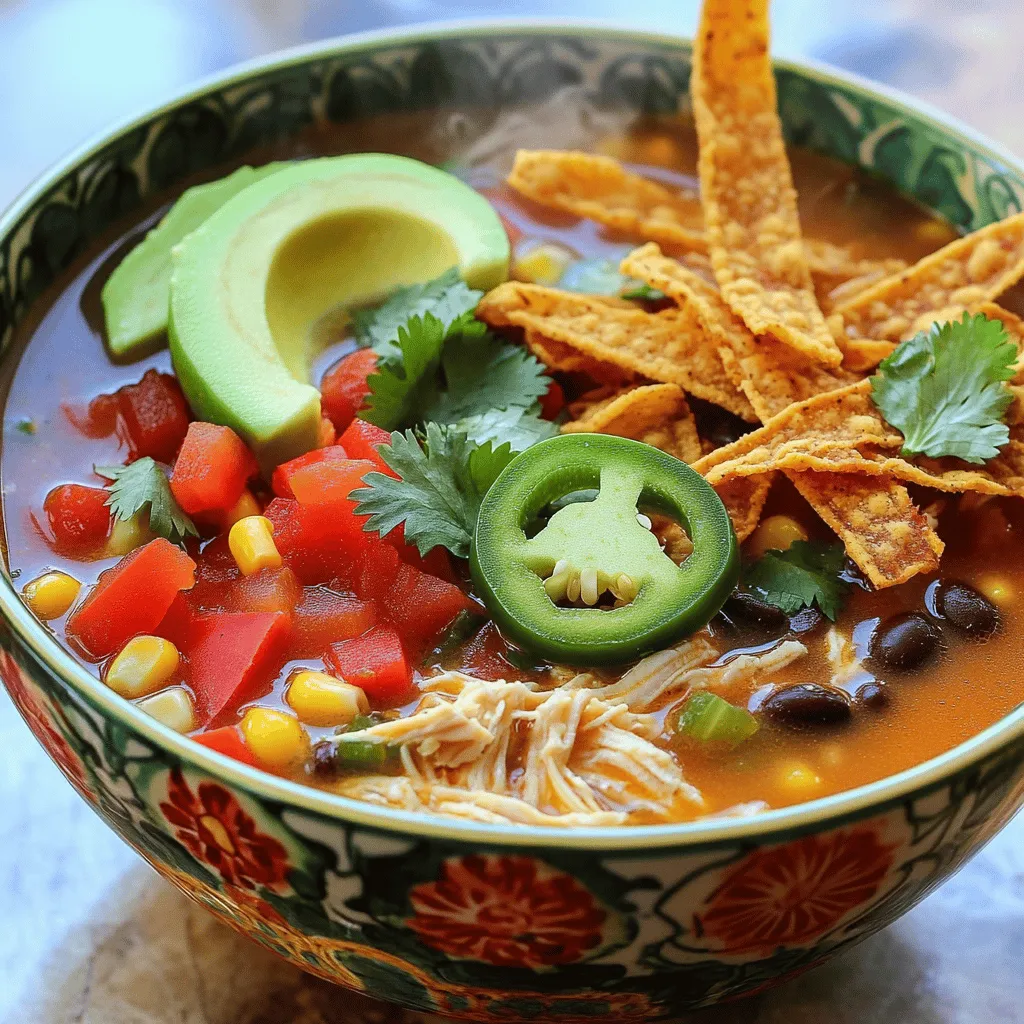 To make easy chicken tortilla soup, you need the following ingredients: - 2 tablespoons olive oil - 1 medium onion, diced - 2 cloves garlic, minced - 1 red bell pepper, diced - 1 jalapeño, minced - 1 teaspoon ground cumin - 1 teaspoon smoked paprika - 4 cups chicken broth - 1 (15 oz) can diced tomatoes (with juices) - 1 (15 oz) can black beans, rinsed and drained - 2 cups cooked chicken, shredded - 1 cup corn (frozen or fresh) - Salt and pepper to taste - 1 lime, juiced - Fresh cilantro, chopped (for garnish) - Tortilla strips (for serving) - Avocado slices (optional, for garnish) Each ingredient adds its own flavor and texture. The olive oil gives richness. The onion and garlic add sweetness. Red bell pepper and jalapeño bring color and spice. Ground cumin and smoked paprika deepen the taste. Chicken broth is the base. Diced tomatoes, black beans, and corn add heartiness. Finally, lime juice brightens the soup. This recipe is smart and quick. It takes about 30 minutes to make. You can find the full recipe linked above. Enjoy cooking! 1. Heat olive oil and sauté onion. Start by warming the olive oil in a large pot over medium heat. Add the diced onion and let it sauté until it's soft and clear. This should take about 3 to 4 minutes. 2. Add garlic and other vegetables. Next, stir in your minced garlic, diced red bell pepper, and minced jalapeño. Cook these for another 2 to 3 minutes. You want them to soften but not lose their bright colors. 3. Stir in spices and cook until fragrant. Now, sprinkle in the ground cumin and smoked paprika. Stir everything together for about a minute. The spices will start to smell really good. This step adds depth to your soup. 1. Incorporate chicken broth and canned ingredients. Pour in the chicken broth, along with the canned diced tomatoes and black beans. Then add your shredded chicken and corn. Give everything a good stir to combine. 2. Bring to a boil and then simmer. Turn up the heat and bring the mixture to a boil. Once it bubbles, lower the heat and let it simmer for about 15 to 20 minutes. This allows all the flavors to mix well. 3. Add lime juice and adjust seasoning. Once the soup is done, season it with salt and pepper. Then add the fresh lime juice. This will brighten up the flavors. Now, you’re ready to serve your Easy Chicken Tortilla Soup. For full details on the ingredients and other tips, check the Full Recipe. Enjoy your cooking! - Adjusting spices for heat levels: If you like spice, add more jalapeño. For less heat, use less or remove seeds. You can also try a dash of cayenne for extra kick! - Fresh herbs for added freshness: Adding fresh cilantro at the end brightens the soup. You can also use fresh parsley if cilantro isn’t your favorite. - Recommended cooking times for optimal flavor: Letting the soup simmer for 15-20 minutes helps all the flavors blend. The longer it simmers, the deeper the taste. - Best garnishes to complement the soup: Top your soup with crispy tortilla strips for crunch. Avocado slices or a dollop of sour cream also add creaminess. - Pairing ideas with sides or drinks: Serve with warm corn tortillas or a fresh salad. A light beer or a zesty limeade pairs well too. For the complete recipe of Easy Chicken Tortilla Soup, check out the Full Recipe section! {{image_2}} You can easily change the protein in this soup. Try using beef or turkey instead of chicken. For a plant-based option, tofu or tempeh works great. Each protein gives the soup a unique taste. Adding more veggies can make the soup even better. Try adding spinach for greens or carrots for sweetness. You could also use zucchini or bell peppers to boost the flavor and nutrition. Make your soup your own! If you need a gluten-free version, use corn tortillas instead of regular ones. Most canned ingredients are gluten-free too, so check the labels. For vegetarian or vegan versions, skip the chicken and use vegetable broth. You can add more beans or lentils for protein. This way, everyone can enjoy a delicious bowl of soup! To store leftovers of your easy chicken tortilla soup, let it cool first. Once cool, pour it into an airtight container. Make sure to seal it tightly. This will help keep the soup fresh. In the refrigerator, your soup will last about 3 to 4 days. If you notice any off smells or changes in color, it's best to discard it. Always trust your senses. If you want to keep the soup longer, freezing is a great option. First, let the soup cool completely. Then, pour it into freezer-safe containers. Leave some space at the top, as the soup will expand when frozen. For best taste, use the frozen soup within 3 months. When you're ready to eat it, thaw it overnight in the fridge. You can also use cold water for quicker thawing. To reheat, pour the soup into a pot and heat it over medium heat. Stir it well until it’s hot. For a quick option, use the microwave. Just make sure to stir halfway for even heating. For the full recipe, check the details above. Enjoy your delicious meal anytime! Easy Chicken Tortilla Soup stays fresh for about 3 to 4 days in the fridge. Store it in an airtight container. This keeps the flavors strong and the soup safe to eat. If you see any signs of spoilage, like off smells or mold, it’s best to toss it. To enjoy your soup longer, you can freeze it. Yes, you can make Easy Chicken Tortilla Soup in advance. This soup tastes even better the next day as the flavors blend. I recommend making it on the weekend and enjoying it for a quick weeknight meal. Just reheat it on the stove or in the microwave. This makes meal prepping simple and tasty! You can use vegetable broth or water if you want a different flavor. Both options work well. If you are avoiding broth, try using stock or even a can of diced tomatoes with added water. These swaps can still give your soup a great taste. Choose what fits your diet best! This blog post covered all you need to know about Easy Chicken Tortilla Soup. We looked at ingredients, preparation, cooking steps, and ways to enhance the flavor. I also shared tips for storage and options for dietary needs. In summary, this soup is simple to make and versatile. You can adjust it to fit your taste. Now you have the tools to enjoy a delicious meal anytime. Happy cooking!