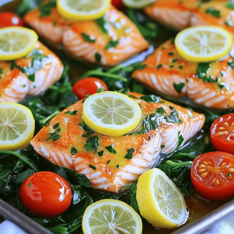 For this tasty dish, gather these must-have items: - 4 salmon fillets, skinless - 3 tablespoons olive oil - 4 cloves garlic, minced - 2 lemons (1 juiced, 1 sliced) - 1 teaspoon dried oregano - 1 teaspoon smoked paprika - Salt and pepper to taste - 1 cup cherry tomatoes, halved - 1 cup fresh spinach - Fresh parsley, chopped (for garnish) These ingredients work together to create a bright and zesty flavor. The lemon gives a fresh taste, while the garlic adds warmth. Want to kick things up a notch? Consider adding: - Red pepper flakes for heat - Capers for a salty bite - Fresh herbs like dill or thyme These extras can enhance the dish and make it your own. It’s fun to mix and match flavors based on your taste. Don’t have something on hand? Here are some swaps: - Use avocado oil instead of olive oil. - Try fresh garlic if you don't have minced. - Swap spinach with kale or arugula. These changes can still give you a yummy meal. Just remember, cooking is about being creative! For the full recipe, check out the complete guide. First, gather all the ingredients. You will need: - 4 salmon fillets, skinless - 3 tablespoons olive oil - 4 cloves garlic, minced - 2 lemons (1 juiced, 1 sliced) - 1 teaspoon dried oregano - 1 teaspoon smoked paprika - Salt and pepper to taste - 1 cup cherry tomatoes, halved - 1 cup fresh spinach - Fresh parsley, chopped (for garnish) Next, preheat your oven to 400°F (200°C). This step is key to cooking the salmon evenly. Line a large baking sheet with parchment paper. This helps with clean-up later. In a small bowl, mix the olive oil, minced garlic, lemon juice, dried oregano, smoked paprika, salt, and pepper. This mix is your flavor booster. Now, place the salmon fillets on the baking sheet. Pour the marinade over the fillets. Make sure every piece is well-coated. This adds flavor and keeps the fish moist. Arrange lemon slices on top of the salmon. These slices will add a fresh taste while cooking. Next, scatter the cherry tomatoes around the salmon. Drizzle any leftover marinade over the veggies for extra flavor. Bake the salmon in the oven for 12-15 minutes. The salmon should flake easily with a fork when done. In the last 5 minutes, add fresh spinach around the salmon. It wilts nicely and adds color. Once cooked, remove the baking sheet from the oven. Garnish the dish with fresh parsley. You can serve this dish right away. I enjoy serving this dish with a side of rice or crusty bread. The flavors pair well together. You can also add a simple green salad for a fresh crunch. For the full recipe and more details, check out the [Full Recipe]. To cook salmon perfectly, focus on temperature. Use a meat thermometer. The salmon should reach 145°F (63°C) in the thickest part. When the salmon flakes easily with a fork, it's done. Cooking time varies based on thickness. Thinner fillets take about 12 minutes. Thicker pieces may need a few more minutes. Always watch it closely. Overcooking dries it out, and no one wants that! One pan dishes shine for their simplicity. Start by preheating your oven to 400°F (200°C). Use parchment paper for easy cleanup. This keeps the fish and veggies from sticking. Arrange ingredients in a single layer to ensure even cooking. This helps everything cook at the same rate. A mix of direct heat and steam works wonders for flavor and texture. Avoid overcrowding the pan. If you squeeze too much in, it steams instead of bakes. This won't give you that nice roasted flavor. Another mistake is not seasoning enough. Salt and pepper bring out the best in salmon. Lastly, don’t skip the marinade. It adds depth to the dish. For the full recipe, check out the One Pan Lemon Garlic Salmon details. {{image_2}} You can make this dish even better by adding veggies. Broccoli, asparagus, or bell peppers mix well with salmon. Just chop them up and place them around the salmon on the baking sheet. They will soak up the lemon and garlic flavors while cooking. This makes your meal colorful and healthy. Plus, you get more nutrients! If you want to switch it up, try different spices. You can use dill or thyme instead of oregano. A splash of soy sauce adds a nice twist too. For a kick, add crushed red pepper flakes. These changes keep the dish exciting and full of flavor. You can also marinate the salmon longer for a stronger taste. Salmon is great, but you can use other proteins too. Chicken breasts or shrimp work well in this recipe. Just adjust the cooking time as needed. Chicken takes longer to cook, while shrimp cooks faster. Each protein brings its own taste, making this dish fun to explore. You can enjoy the same bright lemon and garlic flavors, no matter what you choose. For more details, check the Full Recipe. To keep your leftover salmon fresh, let it cool first. Place it in an airtight container. You can store it in the fridge for up to three days. Make sure to cover it well to prevent it from drying out. If you want to keep it longer, consider freezing it. When you want to enjoy your leftover salmon, reheating is key. The best way is to use the oven. Preheat it to 350°F (175°C). Place the salmon on a baking sheet and cover it with foil. Heat for about 10 minutes, or until warm. This keeps the salmon moist. You can also use the microwave if you're in a hurry. Just heat it for 30 seconds at a time, checking so it doesn't overcook. If you want to freeze the salmon, it’s easy! Wrap each piece tightly in plastic wrap. Then, place them in a freezer-safe bag. Make sure to remove as much air as you can. This helps prevent freezer burn. You can freeze it for up to three months. When you're ready to eat, thaw it in the fridge overnight before reheating. The best way to know if salmon is done is to check its color and texture. Salmon should appear opaque and flake easily with a fork. You can also use a food thermometer. The internal temperature should reach 145°F (63°C). This ensures the fish is safe to eat. I recommend checking it a few minutes before the time ends. This way, you avoid overcooking. Yes, you can use frozen salmon for this recipe. Just make sure to thaw the salmon first. You can do this in the fridge overnight or in cold water for a quicker option. Once thawed, pat it dry before marinating. This step helps the flavors stick better. Using frozen salmon can save time and still give you a tasty dish. You can prepare this dish ahead of time by marinating the salmon and veggies. Mix the marinade and coat the salmon fillets. Place them and the veggies in a baking dish and cover it with plastic wrap. You can store it in the fridge for up to 24 hours. When you’re ready to cook, just pop it in the oven. This makes for an easy and quick meal any day. For the full recipe, check the earlier section. This blog post covered everything about making One Pan Lemon Garlic Salmon. We explored essential and optional ingredients, plus helpful substitutes. I shared detailed steps for prep and cooking, along with tips for perfect results. Variations and storage tips enhance your meal experience. In my view, this dish is simple yet full of flavor. Now, you can create a tasty, easy meal that fits your taste! Enjoy your cooking.