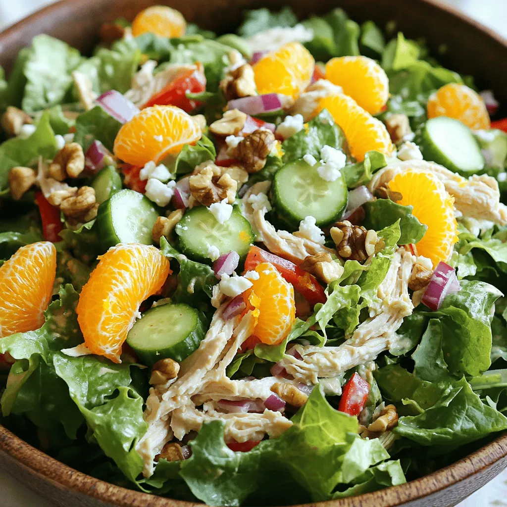 - 2 cups cooked chicken breast, shredded - 1 cup mixed greens (spinach, arugula, romaine) - 1/2 cup orange segments (fresh or canned) - 1/2 cup cucumber, diced - 1/4 cup red bell pepper, chopped - 3 tablespoons olive oil - 2 tablespoons fresh lemon juice - 1 tablespoon honey - Salt and pepper to taste - 1/4 cup red onion, thinly sliced - 1/4 cup feta cheese, crumbled - 1/4 cup walnuts, roughly chopped This chicken salad recipe is simple and quick. You can use leftover chicken for speed. The main ingredients are fresh and colorful. The mixed greens add a nice crunch. The orange segments give a sweet kick. Cucumber and red bell pepper add great texture. For the dressing, I recommend using good olive oil. Fresh lemon juice brightens the flavors. Honey adds a touch of sweetness. Don’t forget salt and pepper to taste. You can adjust these to your liking. Optional toppings make your salad special. Red onion adds a nice bite. Feta cheese brings creaminess. Walnuts give a satisfying crunch. You can find the full recipe for this zesty citrus chicken salad in the main article. Enjoy your time in the kitchen! - Combine shredded chicken and vegetables in a bowl. - Make the dressing and whisk ingredients together. Start by grabbing a big mixing bowl. Add your 2 cups of shredded chicken. Next, toss in 1 cup of mixed greens, 1/2 cup of orange segments, 1/2 cup of diced cucumber, 1/4 cup of chopped red bell pepper, and 1/4 cup of crumbled feta cheese. Mix these well to blend all the fresh flavors. Now, for the dressing, take a small bowl. In it, whisk together 3 tablespoons of olive oil, 2 tablespoons of fresh lemon juice, 1 tablespoon of honey, and a pinch of salt and pepper. Whisk until the ingredients combine smoothly. - Toss salad mixture gently. - Pour dressing over the salad mixture. With your salad mixture ready, toss it gently. This helps keep the greens intact. Next, pour the dressing over the salad. Toss again lightly until every piece is coated with the zesty dressing. - Let sit for flavor melding. - Add toppings before serving. Now, let the salad sit for about 10 minutes. This step allows all the flavors to meld together. Just before serving, sprinkle 1/4 cup of chopped walnuts on top. This adds a delightful crunch to your salad. Enjoy your healthy and tasty meal! For the full recipe, check out the detailed instructions. - Use leftover or rotisserie chicken for convenience. - To quickly shred chicken, use two forks. Pull apart the chicken into small pieces. - Add fresh herbs like basil or dill to boost flavor. - Prepare the dressing in advance. Store it in a jar in the fridge for up to a week. - Serve the salad on a bed of greens for a pretty plate. - Pair it with crusty bread or a light soup for a full meal. {{image_2}} If you need gluten-free options, swap regular dressing for a gluten-free brand. You can replace mixed greens with lettuce or cabbage for a crunchy base. For dairy-free choices, skip feta cheese or use a dairy-free cheese alternative. If you have nut allergies, leave out walnuts or use seeds like pumpkin seeds instead. When it comes to mixed greens, you can use kale or even coleslaw mix. These add different textures and flavors. For protein choices, try shredded turkey or even chickpeas for a vegetarian version. Each option gives the salad a fresh twist. In summer, add ripe tomatoes or fresh berries for sweetness. These fruits brighten the dish and enhance taste. In winter, consider using roasted root veggies like sweet potatoes or butternut squash. These ingredients add warmth and heartiness to your salad. To keep your chicken salad fresh, store it in an airtight container. This helps prevent moisture loss and keeps it tasty. Make sure to cool it down before sealing. Your chicken salad will last in the fridge for about 3 to 4 days. If you notice any change in smell or color, toss it out. You can freeze chicken salad, but be careful. The texture may change after thawing. To freeze, place the salad in a freezer-safe container. Leave some space at the top, as the salad can expand. When ready to eat, thaw it in the fridge overnight. For serving, mix the thawed salad well. You may want to add fresh ingredients like veggies or herbs for better taste. Chicken salad makes a great choice for easy lunches. You can prepare it ahead of time and pack it for work or school. Use clear, airtight containers to see the salad easily. Divide your salad into portions to simplify your meals. This way, you have quick, healthy options ready to go. You can also pair it with whole grain bread or crackers for a complete meal. For more ideas, check out the Full Recipe. Chicken salad can last about 3 to 4 days in the fridge. Store it in a tightly sealed container. Always check for signs of spoilage before eating. If it smells bad or looks off, throw it away. To keep it fresh, only mix in dressing when ready to eat. This helps maintain texture and taste. Yes, you can use canned chicken. Canned chicken is convenient and saves time. It can be a quick option for busy days. However, it may lack the flavor and texture of fresh chicken. Always drain and rinse it well. This helps reduce excess sodium and improves taste. You can add many tasty ingredients to enhance your chicken salad. Here are some ideas: - Fresh herbs like dill or parsley - Sliced grapes for sweetness - Diced apples for crunch - Chopped celery for extra texture - Avocado for creaminess Feel free to mix and match to create a unique flavor profile! For the full recipe, check the Zesty Citrus Chicken Salad section. This chicken salad recipe is simple and tasty. We covered key ingredients like chicken, greens, and fresh veggies. We also discussed making a delicious dressing and optional toppings for extra flavor. Remember, you can adjust the recipe to fit your needs. Use leftovers, swap ingredients, or try different seasonings. Enjoy this recipe as a healthy meal that adapts to any season. Your kitchen can become a place of creativity and flavor!